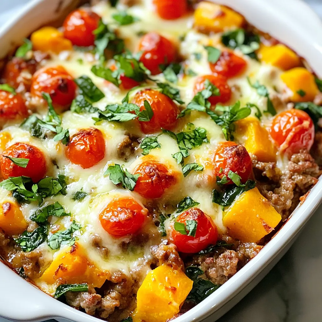 For this comforting casserole, gather these main ingredients: - 1 lb ground turkey - 2 medium sweet potatoes, peeled and diced - 1 small onion, diced - 2 cloves garlic, minced - 1 cup spinach, roughly chopped - 1 cup cherry tomatoes, halved - 1 teaspoon ground cumin - 1 teaspoon smoked paprika - œ teaspoon chili powder - œ teaspoon salt - ÂŒ teaspoon black pepper - 1 cup shredded mozzarella cheese - 2 tablespoons olive oil These items bring rich flavors and great texture to the dish. The ground turkey offers lean protein, while sweet potatoes add natural sweetness. Spinach and tomatoes boost the nutrition. You can make this dish even better with a few garnishes: - Fresh parsley, chopped - Crunchy tortilla chips Sprinkling fresh parsley brightens up your plate. The chips add a fun crunch. You can serve this casserole with a side salad for extra greens. If you have dietary needs, here are some easy swaps: - Use ground chicken or beef instead of turkey. - Swap sweet potatoes for butternut squash for a different flavor. - Replace mozzarella with a dairy-free cheese for a vegan option. These substitutions keep the essence of the dish while catering to your needs. Enjoy experimenting with ingredients! {{ingredient_image_1}} Start by gathering all your ingredients. You will need: - 1 lb ground turkey - 2 medium sweet potatoes, peeled and diced - 1 small onion, diced - 2 cloves garlic, minced - 1 cup spinach, roughly chopped - 1 cup cherry tomatoes, halved - 1 teaspoon ground cumin - 1 teaspoon smoked paprika - œ teaspoon chili powder - œ teaspoon salt - ÂŒ teaspoon black pepper - 1 cup shredded mozzarella cheese - 2 tablespoons olive oil Wash your sweet potatoes and peel them well. Dice them into small cubes. Chop your onion finely and mince the garlic. Halve the cherry tomatoes and roughly chop the spinach. Having everything ready makes cooking smooth. Heat your skillet over medium heat and add the olive oil. Once hot, add the diced onion. Cook it for about 3-4 minutes until it turns soft and clear. Then, add the minced garlic and let it cook for one more minute. Now, add the ground turkey to the skillet. Break it apart with a spatula as it cooks. Stir until it turns brown, which should take around 5-6 minutes. After that, add the diced sweet potatoes, chopped spinach, halved tomatoes, cumin, smoked paprika, chili powder, salt, and black pepper. Stir everything well. Cook for another 8-10 minutes. Keep mixing until the sweet potatoes soften. Once the turkey and veggies are cooked, transfer this mix to a greased 9x13 inch baking dish. Spread it out evenly. Next, sprinkle the shredded mozzarella cheese on top. Preheat your oven to 375°F (190°C) before this step. Place the dish in the oven and bake for 20-25 minutes. You know itâs done when the cheese is melted and bubbly. Let the casserole cool for a few minutes before serving. Enjoy your meal! To make sure your sweet potatoes are tender, cut them small. Dicing them into half-inch pieces helps them cook faster. Cook them in the skillet for about 8-10 minutes with the ground turkey mix. Stir often so they cook evenly. If you want to check for doneness, pierce them with a fork. They should be soft but not mushy. While mozzarella is great, you can try other cheeses. Cheddar adds a sharp taste. Feta gives a nice tangy flavor. Monterey Jack melts well and is creamy. If you're going dairy-free, use vegan cheese or nutritional yeast for a cheesy flavor without the dairy. Adding herbs and spices boosts the flavor of your casserole. Fresh herbs like parsley or cilantro add brightness. Thyme or oregano pairs well with the turkey. You can also add a pinch of cayenne for heat. Experiment with what you have. A little extra spice can make a big difference! Pro Tips Use Fresh Ingredients: Fresh vegetables and herbs can elevate the flavor of your casserole. Opt for in-season produce for the best taste and nutrition. Customize Your Cheese: Feel free to experiment with different types of cheese such as cheddar or pepper jack for a unique flavor twist. Prep Ahead: You can prepare the turkey-sweet potato mixture a day in advance and store it in the refrigerator. Just add the cheese and bake when ready to serve! Check Sweet Potato Doneness: Ensure the sweet potatoes are cooked through by piercing them with a fork. They should be tender before transferring to the baking dish. {{image_2}} To make a vegetarian version, swap the ground turkey for a mix of beans or lentils. Use 1 can of black beans or kidney beans, rinsed and drained. This keeps protein high while adding fiber. You can also add more veggies, like bell peppers or zucchini, for extra flavor and texture. If you want a low-carb dish, replace sweet potatoes with cauliflower. Use 1 medium head of cauliflower, cut into small pieces. Steam or roast the cauliflower until tender before mixing it with the other ingredients. This keeps the dish light while still being filling and tasty. For a kick of flavor, try a Mexican twist! Add 1 can of black olives and 1 cup of corn. Sprinkle in some cilantro for freshness. You can even use pepper jack cheese instead of mozzarella for extra spice. This way, you create a fun, vibrant casserole thatâs perfect for taco night! Store any leftovers in an airtight container. Let the casserole cool first. This keeps it fresh and safe. You can keep it in the fridge for up to three days. Label the container with the date. This helps you track how long itâs been stored. When reheating, use the oven for the best taste. Preheat the oven to 350°F (175°C). Place the casserole in a baking dish. Cover it with foil to keep it moist. Heat for about 20 minutes or until itâs hot throughout. You can also reheat individual portions in the microwave. Just be sure to cover them to avoid drying out. Freezing is a great option for future meals. Make sure the casserole is completely cool. Cut it into portions and wrap each piece in plastic wrap. Place the wrapped portions in a freezer bag. Label the bag with the date. The casserole can last in the freezer for up to three months. When ready to eat, thaw it overnight in the fridge before reheating. Ground Turkey Sweet Potato Casserole keeps well in the fridge for about 3 to 4 days. Store it in an airtight container to maintain freshness. The flavors may even improve as it sits. Just reheat it gently before serving. Yes, you can prepare the casserole in advance. You can cook and mix all the ingredients, then store them in the fridge overnight. Just bake it the next day when you're ready to eat. This makes it great for busy days or special occasions. This casserole pairs well with a variety of sides. Here are some great options: - A simple green salad - Steamed broccoli or green beans - Roasted Brussels sprouts - Cornbread for a comforting touch These sides add colors and textures that complement the casserole nicely. We've covered the main ingredients for a ground turkey sweet potato casserole and how to prepare it step by step. I've shared tips for perfect sweet potatoes and flavorful herbs. You saw variations like a vegetarian option and a low-carb choice. Proper storage info ensures your leftovers stay fresh. In conclusion, this dish is versatile, healthy, and easy to make. Enjoy trying different flavors and making this recipe your own. You can make delicious meals for you and your family.
