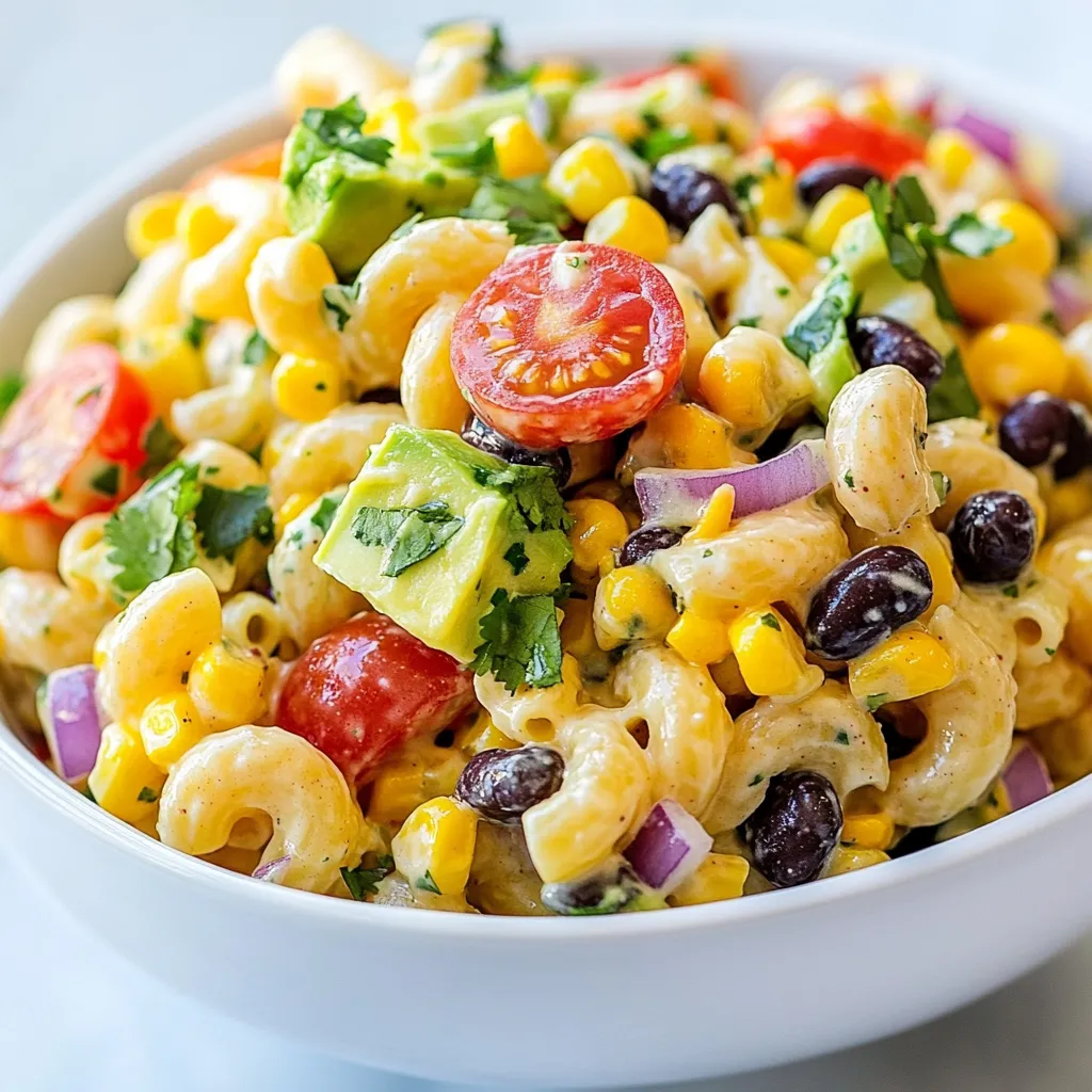- 2 cups elbow macaroni - 1 cup cherry tomatoes, halved - 1 cup black beans, rinsed and drained - 1 cup sweet corn, canned or frozen - ½ red onion, finely diced - ½ cup cilantro, chopped - 1 avocado, diced - 1 cup shredded cheddar cheese To make a vibrant Mexican macaroni salad, you need fresh and colorful ingredients. Elbow macaroni serves as the base, giving a comforting feel. Cherry tomatoes add sweetness and a burst of color. Black beans bring protein and fiber. Sweet corn adds a touch of sweetness and crunch. Red onion gives a nice bite, while cilantro adds freshness. Avocado provides creaminess and richness. Lastly, shredded cheddar cheese brings a savory flavor. Each ingredient plays a role in making this dish tasty and appealing. - ¼ cup mayonnaise - ¼ cup plain Greek yogurt - 2 tablespoons lime juice - 1 teaspoon chili powder - Salt and pepper, to taste The dressing brings everything together. Mayonnaise gives a rich base, while Greek yogurt adds creaminess and tang. Lime juice brightens the flavors and adds zest. Chili powder adds a hint of heat, making it exciting. Don’t forget to season with salt and pepper for balance. - Servings: 6 - Estimated calories per serving: 300 This salad serves about six people. Each serving is around 300 calories. It makes a great side dish for gatherings or a light meal for any day. Enjoy it chilled for a refreshing taste! {{ingredient_image_1}} To start, grab a large pot. Fill it with water and add a pinch of salt. Bring the water to a boil. Add 2 cups of elbow macaroni. Cook it according to the package directions until it is al dente. This usually takes about 7 to 9 minutes. Once done, drain the macaroni in a colander. Rinse it under cold water to stop the cooking process. This also cools it down quickly. Set the macaroni aside while you prepare the dressing. Next, take a small bowl. In this bowl, mix ¼ cup of mayonnaise and ¼ cup of Greek yogurt. Add 2 tablespoons of lime juice, 1 teaspoon of chili powder, and a pinch of salt and pepper. Whisk these ingredients together until they are smooth and creamy. This dressing adds a zesty kick to your salad. Now, grab a large mixing bowl. Add the cooled macaroni, 1 cup of halved cherry tomatoes, 1 cup of rinsed black beans, 1 cup of sweet corn, and ½ finely diced red onion. Toss in ½ cup of chopped cilantro too. Carefully mix these ingredients together. Once they are well combined, pour the dressing over the mixture. Stir gently until everything is nicely coated. To finish, fold in 1 diced avocado and 1 cup of shredded cheddar cheese. Be gentle so you don’t mash the avocado. Cover the bowl with plastic wrap and place it in the fridge. Let the salad chill for at least 30 minutes. This helps the flavors mix well together. When you're ready to serve, give the salad a gentle toss to ensure everything is evenly combined. Enjoy! To make the best macaroni salad, cook the pasta just right. Use a large pot and lots of water. Add a pinch of salt to the water for flavor. Cook the elbow macaroni until it's al dente, which means it’s firm but not hard. This usually takes about 7 to 10 minutes. After cooking, drain the macaroni and rinse it with cold water. This stops the cooking process. It also helps cool it down for the salad. You can change up the ingredients to fit your taste. If you want more protein, add cooked chicken, shrimp, or tofu. For extra crunch, toss in diced bell peppers or cucumbers. If you like spice, try adding jalapeños or a dash of hot sauce. You can also swap black beans for kidney beans or garbanzo beans. Don't be afraid to get creative! The dressing is key to great flavor. If you want a creamier salad, add more mayonnaise or yogurt. For a tangy kick, squeeze in more lime juice. If you like it spicy, increase the chili powder. Taste the dressing before adding it to the salad. Adjust the salt and pepper to your liking. This way, you can make the salad just the way you want! Pro Tips Cook Pasta Al Dente: Make sure to cook the elbow macaroni until just al dente to ensure it maintains a nice texture in the salad. Chill for Best Flavor: Allow the salad to chill for at least 30 minutes before serving to let the flavors meld together beautifully. Fresh Ingredients Matter: Use fresh lime juice and ripe avocados for the best flavor and texture in your salad. Customize Your Add-ins: Feel free to add other ingredients like bell peppers, jalapeños, or even diced chicken for extra flavor and protein. {{image_2}} You can boost your Mexican macaroni salad with protein. Try adding cooked chicken or shrimp for a heartier meal. Tofu is a great choice for a plant-based option. Just make sure to cube it and toss it in with the other ingredients. Each protein brings a new taste and texture to the salad. Want more heat? Add diced jalapeños or a splash of hot sauce to the dressing. This will give the salad a spicy kick. If you prefer it mild, reduce the chili powder. You can always taste and adjust, so find the perfect balance for your palate. To make this salad vegan, swap the mayonnaise and Greek yogurt for a plant-based alternative. Use avocado or a vegan mayo for creaminess. For gluten-free, ensure your elbow macaroni is gluten-free. These changes keep the flavor and texture while meeting dietary needs. To keep your Mexican macaroni salad fresh, follow these steps: - Place the salad in an airtight container. - Make sure to cover it tightly to prevent air exposure. - Store it in the fridge for best results. Refrigerating the salad helps maintain its crispness and flavor. I recommend enjoying it within three days for the best taste. Freezing this salad is possible, but it requires some care: - First, place the salad in a freezer-safe container. - Leave space at the top for expansion. - Avoid freezing the avocado, as it can become mushy. When ready to eat, thaw the salad overnight in the fridge. Then, stir it well and enjoy. The shelf life of your Mexican macaroni salad varies: - In the fridge, it stays fresh for about 3 days. - If frozen, it can last up to 2 months. Always check for off smells or changes in texture before you eat. This salad is best enjoyed fresh but can still be delicious if stored properly. You can use plain Greek yogurt instead of mayonnaise. It adds creaminess and tang. Other options include avocado or hummus for a different flavor. These alternatives make the salad lighter while still being tasty. Yes, you can make this salad ahead of time. It’s best to prepare it a few hours before serving. This allows the flavors to blend well. Just keep it covered in the fridge. If you add avocado, wait until you serve to add it. This keeps it fresh and green. This salad stays fresh in the fridge for about three days. After that, the ingredients may start to lose their crunch. If you notice any strange smells or colors, it’s best to throw it away. Always check for freshness before eating. This article shared a simple and tasty pasta salad recipe. We explored the main ingredients, the easy dressing, and cooking steps. You learned tips for perfecting your pasta and even customizing your salad. We suggested options for adding protein or adjusting spice levels. Lastly, I gave you storage tips to keep your dish fresh. With this knowledge, you can create a delightful salad that suits your taste! Enjoy your cooking adventure!