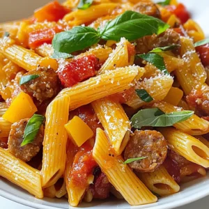 - 8 oz (225g) penne pasta - 2 tablespoons olive oil - 1 pound (450g) sweet Italian sausage, casings removed - 1 red bell pepper, sliced - 1 yellow bell pepper, sliced - 1 green bell pepper, sliced - 3 cloves garlic, minced - 1 can (14 oz) diced tomatoes, undrained - 1 teaspoon dried oregano - 1 teaspoon chili flakes (optional, for a bit of heat) - Salt and pepper to taste - Fresh basil leaves for garnish - Grated Parmesan cheese (optional, for serving) Penne pasta is great for this dish. Its shape holds the sauce well. Sweet Italian sausage gives a nice flavor. You can choose mild or spicy, depending on your taste. Bell peppers add color and sweetness. They soften nicely when cooked. Garlic adds a nice aroma and depth to your sauce. Diced tomatoes bring moisture and tang. Oregano gives a lovely herb taste. Chili flakes add heat but are not a must. Fresh basil makes the dish pop with freshness. And Parmesan cheese? It’s a delicious finishing touch. You can swap penne for any pasta shape you like. Fusilli or spaghetti work well too. If you want a lighter option, try turkey or chicken sausage. For a vegetarian option, use plant-based sausage or mushrooms. You can mix different bell peppers for more colors. Canned tomatoes can be replaced with fresh diced tomatoes if you prefer. If you don’t have oregano, try Italian seasoning instead. For a creamier dish, add a splash of heavy cream at the end. {{ingredient_image_1}} First, get a large pot. Fill it with water and add salt. Bring the water to a boil. Once it boils, add 8 oz of penne pasta. Cook it according to the package directions until it is al dente. This usually takes about 8-10 minutes. When it's ready, drain the pasta in a colander and set it aside. Next, grab a large skillet and heat 2 tablespoons of olive oil over medium heat. Once the oil warms up, add 1 pound of sweet Italian sausage. Make sure to remove the casings before adding it. Break the sausage up with a wooden spoon. Cook it for about 6-8 minutes until it turns brown and is fully cooked. This step adds great flavor to your dish. Now, add the sliced bell peppers to the skillet. Use 1 red, 1 yellow, and 1 green bell pepper for color and taste. Sauté the peppers for about 5 minutes until they soften. Next, add 3 cloves of minced garlic and cook for another minute. The garlic should smell great! Then, stir in a can of diced tomatoes, including the juices. Add 1 teaspoon of dried oregano and chili flakes if you like heat. Season with salt and pepper to your taste. Let everything simmer for 5-7 minutes. This helps the flavors blend well. Finally, add the cooked penne pasta to the skillet. Toss it all together to coat the pasta with the sauce. Cook for an extra 2-3 minutes to heat everything through. Now, your dish is almost ready to serve! To make great pasta, use a large pot with plenty of water. Add salt to the water. This helps the pasta taste better. Cook the penne until it is al dente, which means it has a slight bite. Drain it well, but keep a little pasta water. It helps to make the sauce creamy. Fresh herbs add a lot of flavor. Use fresh basil as a top garnish. It brings a bright taste to the dish. You can also use dried oregano for warmth. If you like heat, add chili flakes. Just a pinch gives a nice kick. One common mistake is overcooking the pasta. Keep an eye on the cooking time. Another mistake is not seasoning the sauce enough. Taste it as you cook and adjust the salt and pepper. Lastly, don’t skip the fresh basil! It makes the dish pop with flavor. Pro Tips Choose the Right Sausage: For the best flavor, opt for high-quality sweet Italian sausage. Fresh sausage can enhance the dish and provide a richer taste. Perfectly Cooked Pasta: Make sure to cook the penne pasta until al dente. This ensures it holds its shape and texture when mixed with the sauce. Customize Your Peppers: Feel free to mix and match different colored bell peppers or use other vegetables like zucchini or mushrooms for added flavor and nutrition. Garnish for Flavor: Fresh basil not only adds color but also brightens the dish. Finish with a sprinkle of grated Parmesan cheese for extra richness. {{image_2}} You can easily make this dish vegetarian. Swap the sweet Italian sausage for plant-based sausage. Many brands offer tasty options that mimic the flavor and texture. You can also use mushrooms for a hearty base. Sauté them until they are golden before adding the peppers and garlic. This adds umami and depth to your dish. If you enjoy heat, add more chili flakes. Start with half a teaspoon and taste as you go. For a milder dish, skip the chili flakes entirely. You can also add a pinch of smoked paprika for a different flavor without the heat. If you want a kick, try adding fresh jalapeños or cayenne pepper. Adjust according to your taste and enjoy! Feel free to get creative with your ingredients. You can use any pasta shape you like, such as fusilli or rigatoni. Use seasonal vegetables, like zucchini or asparagus, instead of bell peppers. You can also change up the herbs; try thyme or rosemary for a fresh twist. If you want a creamier sauce, add a splash of heavy cream or cream cheese. These swaps can make the dish feel fresh each time you cook it! You can store Sweet Pepper Sausage Pasta in the fridge. Let it cool first. Place it in an airtight container. It will stay fresh for up to three days. Before serving, check for any signs of spoilage. To freeze this pasta, let it cool completely. Transfer it to a freezer-safe bag or container. Make sure to remove as much air as possible. This dish can last in the freezer for up to three months. When you're ready to eat, thaw it overnight in the fridge. Reheat your pasta on the stove for best results. Add a splash of water or broth to keep it moist. Stir it over medium heat until warmed through. You can also use the microwave. If using the microwave, cover it loosely and heat in short bursts. Stir in between to avoid hot spots. Enjoy your flavorful dish again! To make Sweet Pepper Sausage Pasta gluten-free, swap the penne pasta with a gluten-free variety. Many brands offer great pasta made from rice, corn, or lentils. Always check the package to ensure it is truly gluten-free. Follow the cooking time on the package, as it may differ. This simple change allows everyone to enjoy this dish without gluten. Yes, you can use different types of sausage. Try chicken sausage for a leaner option. Turkey sausage is another good choice. If you like spice, chorizo adds heat and flavor. Just remember to adjust the cook time based on the sausage type. Each will give your pasta a unique taste. Several side dishes match well with Sweet Pepper Sausage Pasta. A simple green salad with a light vinaigrette adds freshness. Garlic bread is always a favorite for soaking up sauce. Roasted vegetables like zucchini or asparagus also work nicely. For a light touch, serve some steamed broccoli. These sides balance the meal and enhance your dining experience. This blog post covered key ingredients, clear steps, and helpful tips for your dish. You learned about combining flavors and avoiding common mistakes. I shared fun variations and easy storage methods to keep your meal fresh. Keep these ideas in mind when you cook. Remember, cooking is about creativity and joy. Trust yourself and enjoy every bite. Happy cooking!