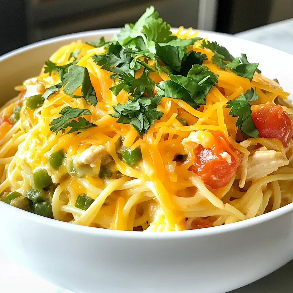 - 12 oz spaghetti - 2 cups cooked chicken, shredded (can use rotisserie chicken) - 1 can (10 oz) Rotel tomatoes with green chilies, drained - 1 cup cream of chicken soup - 1 cup shredded cheddar cheese - 1 small onion, finely chopped - 2 cloves garlic, minced - 1 tablespoon olive oil - 1 teaspoon cumin - 1 teaspoon chili powder - Salt and pepper to taste - Fresh cilantro, for garnish (optional) You can swap spaghetti for gluten-free pasta. It works just as well. Instead of rotisserie chicken, use leftover chicken or even turkey. If you want a lighter dish, try using low-fat cream of chicken soup. For a dairy-free option, use a dairy-free cheese. You can also replace Rotel with plain diced tomatoes and add your own green chilies. When picking tomatoes, look for firm ones with bright colors. They should feel heavy for their size. Choose chicken that has a nice pink color and no odor. Fresh garlic should be firm and free from any sprouts. For onions, select ones that feel heavy and are firm to the touch. Always check for any soft spots or blemishes. This ensures that your dish will taste fresh and delicious! {{ingredient_image_1}} First, cook the spaghetti. Follow the package instructions until it is al dente. This usually takes about 8-10 minutes. Drain the pasta and set it aside. Next, heat one tablespoon of olive oil in a large skillet over medium heat. Add the finely chopped onion. Sauté it for about 3-4 minutes until it turns translucent. Then, add two minced garlic cloves, one teaspoon of cumin, and one teaspoon of chili powder. Stir this mixture for 1-2 minutes until it smells great. Now, add the shredded chicken to the skillet. You can use leftover chicken or rotisserie chicken. Then, pour in the 10 oz can of Rotel tomatoes and the cup of cream of chicken soup. Stir these ingredients together until they heat through. After that, lower the heat. Gently fold in the drained spaghetti and half a cup of shredded cheddar cheese. Mix it until everything combines well. Transfer this mixture into a greased baking dish. Sprinkle the rest of the cheddar cheese on top. Bake the dish in a preheated oven set to 350°F (175°C). It should take about 20-25 minutes for the cheese to melt and bubble. Keep an eye on it. You want a nice golden top. - Always taste your dish as you cook. Adjust salt and pepper to your liking. - For a bit of crunch, consider adding some crushed tortilla chips on top before baking. - If you want more heat, add a diced jalapeño when cooking the onions. - Let the dish cool for a few minutes after baking. This helps it set up nicely for serving. These steps will ensure your Chicken Spaghetti with Rotel comes out tasty and satisfying every time! To enhance the flavor of Chicken Spaghetti with Rotel, use fresh ingredients. Fresh garlic and onion add a punch. Always taste your dish before serving. Adjust salt and pepper to suit your taste. A squeeze of lime can brighten the flavors. If you like heat, add more chili powder or even sliced jalapeños. One common mistake is overcooking the spaghetti. Cook it until al dente for the best texture. Another mistake is not draining the Rotel tomatoes well. Excess liquid can make the dish soupy. Make sure to mix everything evenly in the skillet. This ensures a balanced flavor in every bite. Don’t skip garnishing with cilantro; it adds freshness. This dish works great as a main course. Serve it with a side salad for a complete meal. You can also pair it with garlic bread for a cozy dinner. If you want to make it festive, top it with sliced avocado or extra cheese. Leftovers can be enjoyed for lunch the next day. Reheat them in the oven for the best taste. Pro Tips Use Rotisserie Chicken: For a quicker preparation, shredded rotisserie chicken can save you time and add great flavor. Adjust the Spice Level: If you prefer a milder dish, use mild Rotel tomatoes or omit the chili powder. Experiment with Cheeses: Feel free to mix different types of cheese like Monterey Jack or Pepper Jack for a unique flavor twist. Make it Ahead: This dish can be prepared in advance and stored in the fridge. Just bake it right before serving! {{image_2}} You can easily make this dish gluten-free. Simply swap the regular spaghetti for gluten-free pasta. Many brands offer great options that taste just as good. Check the cooking time, as gluten-free pasta may cook faster. This simple switch lets everyone enjoy the meal without worry. If you love spice, try adding different peppers. You can use jalapeños for heat or even serrano peppers. Just chop them finely and add them when you cook the onion. This will bring a great kick to your dish. For milder options, bell peppers work well too. They add flavor without the heat. Want to boost flavor and nutrition? Consider adding veggies. Diced bell peppers or spinach can mix in well. You can also add black beans for protein and fiber. Just drain and rinse them before adding. This makes your meal heartier and more colorful. Don't forget to adjust your spices if you add more ingredients. After you enjoy your Chicken Spaghetti with Rotel, you may have some leftovers. To store them, let the dish cool to room temperature first. Then, place the leftovers in an airtight container. This keeps moisture in and prevents the dish from drying out. Store it in the fridge for up to three days. To reheat your Chicken Spaghetti, use a microwave or oven. If you choose a microwave, place a portion in a bowl. Cover it with a damp paper towel to keep it moist. Heat it for one to two minutes, stirring halfway through. For the oven, preheat it to 350°F (175°C). Place the spaghetti in a baking dish and cover it with foil. Bake for about 15 minutes, or until it is heated through. If you want to save your Chicken Spaghetti for later, freezing is a great option. First, cool the dish completely. Then, portion it into freezer-safe containers. Make sure to leave some space at the top, as the dish may expand. Label the containers with the date. You can freeze it for up to three months. To thaw, simply place it in the fridge overnight before reheating. If you don't have Rotel, you can use diced tomatoes with green chilies. Look for canned options that have similar spices. You can also mix plain diced tomatoes with a little chili powder and cumin. This will give you that tasty kick you want. Yes, you can make this dish ahead of time. Prepare the spaghetti and sauce as directed. Then, store everything in the fridge. When you're ready to eat, just bake it. This makes it easy for meals later in the week. To check if the spaghetti is done, taste a piece. It should be firm but not hard. This is known as al dente. Follow the package's cooking time for best results, usually around 8 to 10 minutes. This article covered key ingredients and cooking steps for a flavorful dish. You learned how to select fresh foods, avoid common mistakes, and explore ingredient swaps. We discussed tasty variations and storage tips, too. Remember, cooking is fun and open to creativity. Don't be afraid to experiment and make tweaks. Enjoying your meal is the best reward. Now, get in the kitchen and start cooking with confidence.