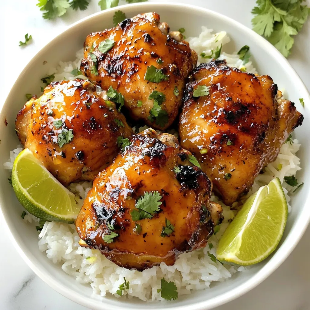 - 4 chicken thighs, skinless and boneless - Salt and pepper to taste - ¼ cup pure maple syrup - 3 tablespoons soy sauce - 1 tablespoon apple cider vinegar - 2 cloves garlic, minced - 1 teaspoon ground ginger - 1 cup jasmine rice - 1 can (14 oz) coconut milk - 1 cup water - ½ teaspoon salt - Fresh cilantro, chopped (for garnish) - Lime wedges (for serving) Gather these ingredients to make your Maple Chicken with Coconut Rice. The chicken thighs give a nice texture. The marinade brings out sweet and savory flavors. The coconut rice adds a creamy touch, making it a unique dish. Keep the ingredients ready to start cooking! {{ingredient_image_1}} Start by making the marinade. In a mixing bowl, whisk together these ingredients: - ¼ cup pure maple syrup - 3 tablespoons soy sauce - 1 tablespoon apple cider vinegar - 2 cloves garlic, minced - 1 teaspoon ground ginger - Salt and pepper to taste Add the chicken thighs to the bowl. Make sure each piece gets coated well. Cover the bowl and put it in the fridge for at least 30 minutes. This time helps the chicken soak up all the yummy flavors. While the chicken marinates, let’s cook the rice. Grab a medium saucepan and add: - 1 cup jasmine rice - 1 can (14 oz) coconut milk - 1 cup water - ½ teaspoon salt Turn the heat to medium and bring the mix to a gentle boil. Once it starts to bubble, lower the heat. Cover the pan and let it simmer for about 15-18 minutes. The rice should be tender and the liquid gone. Once done, remove it from the heat but keep it covered for another 5 minutes. Heat a large skillet on medium-high. Add a small drizzle of oil. Take the chicken out of the marinade, but save the marinade for later. Sear the chicken for about 5-6 minutes on each side. You want it to be golden brown and fully cooked. After that, pour the reserved marinade into the skillet. This adds flavor! Let it simmer for 2-3 minutes. Turn the chicken to coat it well in the glaze. The sauce will thicken up a bit. Now, it’s time to fluff the rice. Use a fork to gently separate the grains. This makes it light and airy. To serve, place a scoop of coconut rice on each plate. Top with the glazed chicken. Drizzle any leftover sauce over the chicken. For a fresh touch, sprinkle chopped cilantro on top. Add lime wedges on the side for a zesty kick! For the best flavor, always use fresh ingredients. I mix maple syrup, soy sauce, apple cider vinegar, minced garlic, and ground ginger. These create a sweet and savory marinade. Coat the chicken thighs well and cover the bowl. Let it sit in the fridge for at least 30 minutes. If you can, marinate for longer. This allows the chicken to soak up all the tasty flavors. To make great coconut rice, start by rinsing the jasmine rice. This helps to remove extra starch and keeps the rice fluffy. In a saucepan, combine the rinsed rice, coconut milk, water, and salt. Bring it to a gentle boil over medium heat. Once boiling, lower the heat and cover the pot. Let it cook for about 15 to 18 minutes. After that, let it sit for 5 more minutes to finish cooking. Fluff it with a fork before serving. Garnishes add color and flavor to your dish. Fresh cilantro gives a nice pop of green and bright flavor. Lime wedges are perfect for adding a zesty kick. You can squeeze fresh lime juice over the chicken and rice. This adds a refreshing taste that balances the sweet maple glaze. Pro Tips Marinate Longer for Extra Flavor: If time allows, marinate the chicken for a few hours or even overnight. This will enhance the flavors and tenderness of the chicken. Use Fresh Ingredients: Fresh garlic and ginger will provide a more vibrant flavor than dried. If possible, opt for fresh over powdered for the best results. Check Rice for Doneness: All rice is different; check your rice a few minutes before the timer goes off. If it’s tender and the liquid is absorbed, it’s ready! Garnish for Presentation: A sprinkle of fresh cilantro and lime wedges not only adds color but also enhances the dish's flavor profile when served. {{image_2}} You can switch up the chicken for other proteins. Try using pork chops or salmon. Both pair well with the sweet maple glaze. If you prefer plant-based options, tofu works great too. Just press it to remove extra moisture before marinating. This will help the flavors soak in better. While jasmine rice is a classic choice, you can try other types of rice. Brown rice adds a nutty flavor and more fiber. Quinoa is another great option if you want a protein boost. You can also use cauliflower rice for a low-carb version. Just adjust the cooking time for each rice type. Feel free to play with the marinade flavors. Add chili flakes for some heat or swap the apple cider vinegar for lime juice for a zestier taste. Fresh herbs like basil or mint can also add a fresh twist. You can even mix in some pineapple juice for a tropical vibe! After your meal, let the chicken and rice cool. Place them in separate airtight containers. Store them in the fridge for up to four days. Always label the containers with the date. This way, you’ll know when to use them. To reheat, use the microwave or stovetop. For the microwave, place the chicken and rice in a bowl and cover it. Heat for about 1-2 minutes or until warm. If using the stovetop, add a splash of water to the rice in a pan. Warm it over low heat while stirring. Heat the chicken separately until hot. If you want to store leftovers for longer, freeze them. Place cooled chicken and rice in freezer-safe bags. Squeeze out excess air and seal tightly. Store in the freezer for up to three months. When ready to eat, thaw in the fridge overnight and reheat as described above. Yes, you can use bone-in chicken thighs. Just cook them longer. Aim for about 10 minutes more per side. Make sure they reach 165°F inside for safety. The bone adds flavor and keeps the meat juicy. For a substitute, use almond milk or soy milk. You can also mix dairy milk with a bit of shredded coconut. This will give you a similar flavor. The texture may change slightly, but the dish will still taste great. To make this recipe gluten-free, use gluten-free soy sauce. Many brands offer this option. Check labels to ensure it's safe. This way, you can enjoy all the flavors without worry. Yes, grilling works well! Preheat your grill to medium-high heat. Cook the marinated chicken for about 6-8 minutes per side. This gives you a lovely smoky flavor while keeping the meat tender. Great sides include stir-fried veggies, a fresh salad, or steamed broccoli. You can also serve it with a fruity salsa or pickled vegetables for extra zest. Each option adds balance and makes the meal more colorful. This blog post covered how to make a tasty chicken dish with coconut rice. We discussed the needed ingredients, marinating tips, and cooking steps. I shared ways to store leftovers and answered common questions to help you out. With these easy steps and ideas, you can enjoy a delicious meal any time. Have fun cooking, and don’t be afraid to try new flavors!