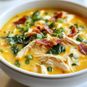 - 1 lb boneless, skinless chicken breasts - 6 cups chicken broth (low-sodium) - 1/2 cup cream cheese, softened - 1 cup shredded cheddar cheese - 1/2 cup cooked, crumbled turkey bacon (or regular bacon) - 1/2 cup green onions, chopped - 1 tablespoon garlic powder - 1 tablespoon onion powder - 1 teaspoon dried Italian herbs (oregano, thyme, basil) - Salt and pepper, to taste - 1 cup spinach, roughly chopped (optional) - 1 tablespoon olive oil One serving of Keto Crack Chicken Soup has about 400 calories. It also packs 30 grams of fat and 30 grams of protein. This meal is low in carbs, fitting perfectly into a keto diet. You’ll get vitamins from the spinach and green onions too. You can boost the flavor with these extras: - Fresh herbs, like parsley or cilantro, for a fresh touch. - A splash of lemon juice to brighten the taste. - Red pepper flakes for a spicy kick. - Additional veggies, such as bell peppers or zucchini, for more texture. These options can make your soup even more tasty. Feel free to mix and match based on what you like! {{ingredient_image_1}} First, gather your ingredients. You need one pound of boneless, skinless chicken breasts. Season the chicken with salt, pepper, garlic powder, onion powder, and dried Italian herbs. Heat one tablespoon of olive oil in a large pot over medium heat. Add the chicken breasts and cook for about five minutes on each side. Look for a nice golden brown color. This step locks in flavor. Once the chicken is browned, pour in six cups of low-sodium chicken broth. Bring this mixture to a simmer. Cover the pot and let it cook for about 20 minutes. You want the chicken to be fully cooked and tender. After 20 minutes, carefully remove the chicken from the pot. Use two forks to shred the chicken into bite-sized pieces. Return the shredded chicken back into the pot. Next, add half a cup of softened cream cheese to your soup. Stir well until it melts and blends in. Then, toss in one cup of shredded cheddar cheese and half a cup of cooked, crumbled turkey bacon. Mix everything until the cheese is melted and creamy. If you like, stir in one cup of roughly chopped spinach during the last few minutes of cooking. Finally, taste the soup and adjust the salt and pepper as needed. For a fresh touch, garnish with chopped green onions before serving. Enjoy your creamy and comforting meal! To make your chicken tender, start with good quality meat. Use boneless, skinless chicken breasts. Season them well with salt and pepper. Sear the chicken in olive oil for five minutes on each side. This step adds great flavor. Cook it in chicken broth to keep it moist. Always check that the chicken is fully cooked before shredding. For a creamy soup, use cream cheese. Soften it before adding to the pot. Stir it in slowly until it melts completely. Add shredded cheddar cheese after the cream cheese. This creates a rich, velvety texture. If you want it even creamier, use more cream cheese or cheese. The secret is to mix well. Enhance your soup with spices and herbs. Garlic powder and onion powder add depth. Dried Italian herbs bring a nice touch. For more flavor, consider adding fresh herbs like basil or thyme. Crumbled bacon adds a crunchy, smoky element. Toss in some chopped spinach for extra nutrition. Adjust salt and pepper to your taste. Pro Tips Use Quality Chicken: Opt for organic, free-range chicken breasts for better flavor and texture in your soup. Adjust Creaminess: If you prefer a creamier soup, add more cream cheese or a splash of heavy cream at the end. Cook Bacon Crispy: For the best flavor, cook your bacon until crispy before adding it to the soup to enhance the overall taste. Vegetable Variations: Feel free to add other low-carb vegetables like zucchini or bell peppers for extra nutrition and flavor. {{image_2}} You can change the meat in this soup. For a twist, use shredded rotisserie chicken. You can also swap in cooked shredded turkey or even pork. If you want a vegetarian version, try using tofu or tempeh. These swaps keep the flavors rich while fitting your taste. To add more veggies, consider using cauliflower or zucchini. Both are low in carbs and add great texture. You can also include bell peppers or mushrooms. Spinach is a fantastic option too, as it wilts nicely and adds nutrients. Feel free to mix and match these veggies to make it your own. Serve your soup with a side salad for a light meal. You can also add a dollop of sour cream on top for extra creaminess. Some people enjoy it with fresh herbs, like parsley or cilantro, sprinkled on top. If you like crunch, try adding crispy bacon bits or toasted nuts for texture. Enjoy this soup hot for a cozy feel! To store your Keto Crack Chicken Soup, let it cool first. Transfer it to an airtight container. Make sure to seal it tightly. You can keep it in the fridge for up to four days. This soup tastes even better on the second day! If you want to freeze the soup, use freezer-safe containers. Leave some space at the top for expansion. You can freeze it for up to three months. When you're ready to eat, thaw it overnight in the fridge. To reheat, pour the soup into a pot over medium heat. Stir it well as it warms. You can also use a microwave, but make sure to cover the bowl. Heat in short bursts, stirring in between. This soup should be hot but not boiling. Enjoy your creamy, comforting meal! Keto Crack Chicken Soup is a rich and creamy dish. It features tender chicken, cheese, and bacon. This soup is low in carbs, making it great for keto diets. You can enjoy it as a meal or a snack. Each spoonful offers warmth and comfort. It’s a perfect choice for cold days or when you want something hearty. To make Keto Crack Chicken Soup dairy-free, swap the cream cheese and cheddar cheese. Use cashew cream or coconut cream instead. These options add creaminess without dairy. For cheese flavor, try nutritional yeast. It enhances the taste without adding dairy. Always check labels to avoid hidden dairy in ingredients. Yes, you can use bone broth instead of chicken broth. Bone broth adds a rich flavor and more nutrients. It is great for your gut health and gives depth to the soup. Just make sure it is low-sodium if you are watching your salt intake. This switch can make your soup even more nourishing. Keto Crack Chicken Soup lasts up to four days in the fridge. Store it in an airtight container. Make sure it cools before sealing. If you want to keep it longer, consider freezing it. In the freezer, it can last up to three months. Always reheat until hot before serving. In this post, we covered how to make Keto Crack Chicken Soup. We explored the best ingredients, cooking steps, and tips to enhance flavor. You learned about ingredient swaps and how to store any leftovers properly. Remember, cooking is fun and creative. Feel free to experiment. Whether you stick to the recipe or make changes, enjoy every warm bowl of soup. It's a tasty way to stay on track with your health goals.