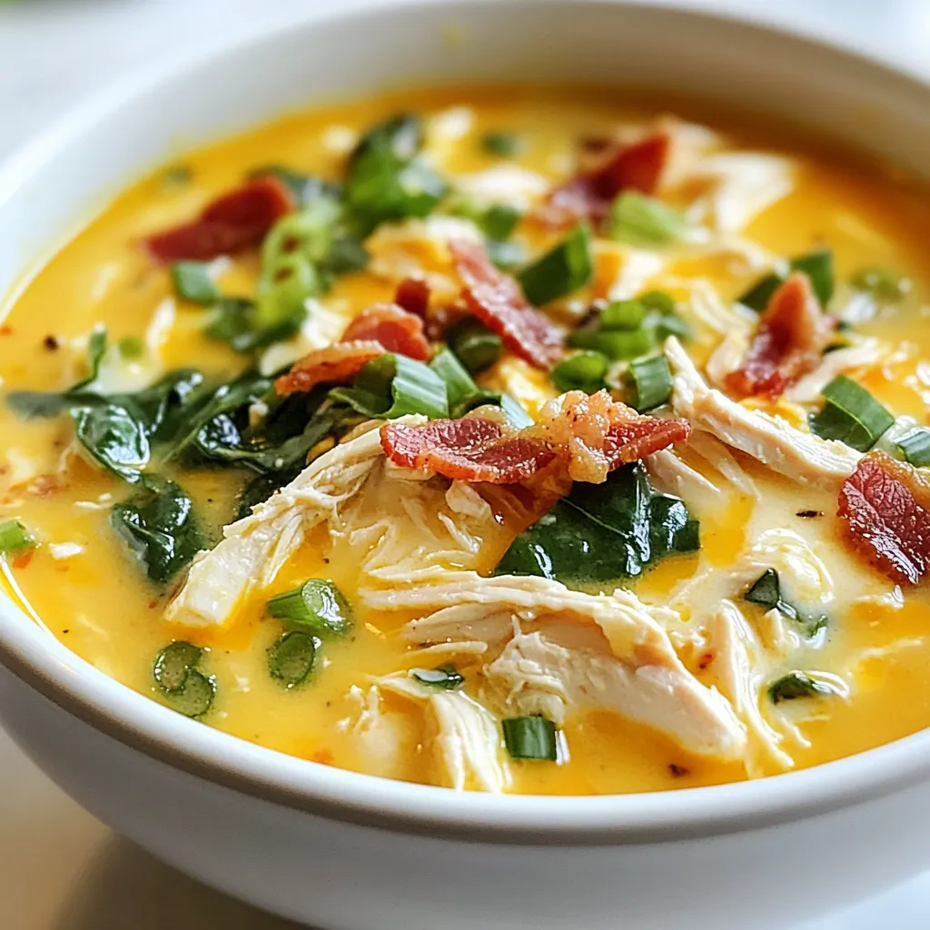 - 1 lb boneless, skinless chicken breasts - 6 cups chicken broth (low-sodium) - ½ cup cream cheese, softened - 1 cup shredded cheddar cheese - ½ cup cooked, crumbled turkey bacon (or regular bacon) - ½ cup green onions, chopped - 1 tablespoon garlic powder - 1 tablespoon onion powder - 1 teaspoon dried Italian herbs (oregano, thyme, basil) - Salt and pepper, to taste - 1 cup spinach, roughly chopped (optional) - 1 tablespoon olive oil One serving of Keto Crack Chicken Soup has about 400 calories. It also packs 30 grams of fat and 30 grams of protein. This meal is low in carbs, fitting perfectly into a keto diet. You’ll get vitamins from the spinach and green onions too. You can boost the flavor with these extras: - Fresh herbs, like parsley or cilantro, for a fresh touch. - A splash of lemon juice to brighten the taste. - Red pepper flakes for a spicy kick. - Additional veggies, such as bell peppers or zucchini, for more texture. These options can make your soup even more tasty. Feel free to mix and match based on what you like! {{ingredient_image_1}} First, gather your ingredients. You need one pound of boneless, skinless chicken breasts. Season the chicken with salt, pepper, garlic powder, onion powder, and dried Italian herbs. Heat one tablespoon of olive oil in a large pot over medium heat. Add the chicken breasts and cook for about five minutes on each side. Look for a nice golden brown color. This step locks in flavor. Once the chicken is browned, pour in six cups of low-sodium chicken broth. Bring this mixture to a simmer. Cover the pot and let it cook for about 20 minutes. You want the chicken to be fully cooked and tender. After 20 minutes, carefully remove the chicken from the pot. Use two forks to shred the chicken into bite-sized pieces. Return the shredded chicken back into the pot. Next, add half a cup of softened cream cheese to your soup. Stir well until it melts and blends in. Then, toss in one cup of shredded cheddar cheese and half a cup of cooked, crumbled turkey bacon. Mix everything until the cheese is melted and creamy. If you like, stir in one cup of roughly chopped spinach during the last few minutes of cooking. Finally, taste the soup and adjust the salt and pepper as needed. For a fresh touch, garnish with chopped green onions before serving. Enjoy your creamy and comforting meal! To make your chicken tender, start with good quality meat. Use boneless, skinless chicken breasts. Season them well with salt and pepper. Sear the chicken in olive oil for five minutes on each side. This step adds great flavor. Cook it in chicken broth to keep it moist. Always check that the chicken is fully cooked before shredding. For a creamy soup, use cream cheese. Soften it before adding to the pot. Stir it in slowly until it melts completely. Add shredded cheddar cheese after the cream cheese. This creates a rich, velvety texture. If you want it even creamier, use more cream cheese or cheese. The secret is to mix well. Enhance your soup with spices and herbs. Garlic powder and onion powder add depth. Dried Italian herbs bring a nice touch. For more flavor, consider adding fresh herbs like basil or thyme. Crumbled bacon adds a crunchy, smoky element. Toss in some chopped spinach for extra nutrition. Adjust salt and pepper to your taste. Pro Tips Use Quality Chicken: Opt for organic, free-range chicken breasts for better flavor and texture in your soup. Adjust Creaminess: If you prefer a creamier soup, add more cream cheese or a splash of heavy cream at the end. Cook Bacon Crispy: For the best flavor, cook your bacon until crispy before adding it to the soup to enhance the overall taste. Vegetable Variations: Feel free to add other low-carb vegetables like zucchini or bell peppers for extra nutrition and flavor. {{image_2}} You can change the meat in this soup. For a twist, use shredded rotisserie chicken. You can also swap in cooked shredded turkey or even pork. If you want a vegetarian version, try using tofu or tempeh. These swaps keep the flavors rich while fitting your taste. To add more veggies, consider using cauliflower or zucchini. Both are low in carbs and add great texture. You can also include bell peppers or mushrooms. Spinach is a fantastic option too, as it wilts nicely and adds nutrients. Feel free to mix and match these veggies to make it your own. Serve your soup with a side salad for a light meal. You can also add a dollop of sour cream on top for extra creaminess. Some people enjoy it with fresh herbs, like parsley or cilantro, sprinkled on top. If you like crunch, try adding crispy bacon bits or toasted nuts for texture. Enjoy this soup hot for a cozy feel! To store your Keto Crack Chicken Soup, let it cool first. Transfer it to an airtight container. Make sure to seal it tightly. You can keep it in the fridge for up to four days. This soup tastes even better on the second day! If you want to freeze the soup, use freezer-safe containers. Leave some space at the top for expansion. You can freeze it for up to three months. When you're ready to eat, thaw it overnight in the fridge. To reheat, pour the soup into a pot over medium heat. Stir it well as it warms. You can also use a microwave, but make sure to cover the bowl. Heat in short bursts, stirring in between. This soup should be hot but not boiling. Enjoy your creamy, comforting meal! Keto Crack Chicken Soup is a rich and creamy dish. It features tender chicken, cheese, and bacon. This soup is low in carbs, making it great for keto diets. You can enjoy it as a meal or a snack. Each spoonful offers warmth and comfort. It’s a perfect choice for cold days or when you want something hearty. To make Keto Crack Chicken Soup dairy-free, swap the cream cheese and cheddar cheese. Use cashew cream or coconut cream instead. These options add creaminess without dairy. For cheese flavor, try nutritional yeast. It enhances the taste without adding dairy. Always check labels to avoid hidden dairy in ingredients. Yes, you can use bone broth instead of chicken broth. Bone broth adds a rich flavor and more nutrients. It is great for your gut health and gives depth to the soup. Just make sure it is low-sodium if you are watching your salt intake. This switch can make your soup even more nourishing. Keto Crack Chicken Soup lasts up to four days in the fridge. Store it in an airtight container. Make sure it cools before sealing. If you want to keep it longer, consider freezing it. In the freezer, it can last up to three months. Always reheat until hot before serving. In this post, we covered how to make Keto Crack Chicken Soup. We explored the best ingredients, cooking steps, and tips to enhance flavor. You learned about ingredient swaps and how to store any leftovers properly. Remember, cooking is fun and creative. Feel free to experiment. Whether you stick to the recipe or make changes, enjoy every warm bowl of soup. It's a tasty way to stay on track with your health goals.