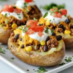 - 4 large russet potatoes - 1 pound ground beef or turkey - 1 packet taco seasoning - 1 cup black beans - 1 cup corn - 1 cup shredded cheddar cheese - 1 cup diced tomatoes - ½ cup sour cream - ¼ cup chopped fresh cilantro - Olive oil, salt, and pepper - Baking tray - Large skillet - Fork When making cheesy taco potatoes, gathering the right ingredients is key. Start with four large russet potatoes. They are perfect for baking and hold up well. Next, choose one pound of ground beef or turkey. Both options work and taste great. You will also need one packet of taco seasoning to add that signature flavor. Black beans and corn will add fiber and texture. Use one cup of each. For that cheesy goodness, grab one cup of shredded cheddar cheese. You can’t forget the freshness of one cup of diced tomatoes, either. Lastly, add a half cup of sour cream and a quarter cup of chopped fresh cilantro for a burst of flavor. Don’t forget olive oil, salt, and pepper for taste. With these ingredients ready, you will create a flavorful meal that everyone will love! {{ingredient_image_1}} First, scrub the potatoes well. This removes dirt and gives them a nice clean surface. Next, pierce each potato with a fork. This step helps steam escape while baking. Then, drizzle olive oil over the potatoes. Be sure to coat them lightly. After that, sprinkle salt on top. This adds flavor to the skin. Now, heat a large skillet over medium heat. Add the ground beef or turkey to the skillet. Cook it until it turns brown, which takes about 5-7 minutes. If there is extra fat, drain it. Next, add the taco seasoning to the meat. Mix in the black beans and corn. Pour in a splash of water, about ¼ cup. This helps the spices stick and makes a nice sauce. Let it simmer for 3-5 minutes. Stir occasionally until everything is heated through. Once the potatoes are baked, take them out of the oven. Carefully cut each potato open lengthwise. Create a pocket for the filling. Use a fork to fluff the insides gently. Spoon the taco mixture generously into each potato. Make sure to fill them well. Top each potato with diced tomatoes and shredded cheddar cheese. If you want the cheese melted, place them back in the oven or skillet for a few minutes. Finally, add a dollop of sour cream and a sprinkle of chopped cilantro on top. This adds freshness and a pop of color. To tell when potatoes are fork-tender, use a fork. If it slides in easily, they are done. Keep an eye on the time, around 45-60 minutes works well. You want your potatoes soft and fluffy inside. To prevent potatoes from drying out, drizzle them with olive oil before baking. This adds moisture and helps the skin crisp up nicely. Also, consider covering them with foil for part of the baking time. This keeps the steam in and helps with tenderness. You can add spices to the taco mix for more flavor. Try chili powder or cumin for a kick. If you like heat, add some diced jalapeños too. Mixing in some chopped bell peppers can add sweetness and crunch. Choosing the right cheese for melting makes a big difference. Cheddar is great, but try Monterey Jack or a Mexican blend for a twist. These cheeses melt well and bring extra flavor to your dish. Get creative with how you serve the cheesy taco potatoes. Try placing them on wooden boards for a rustic look. Add lime wedges on the side for a pop of color and a zesty finish. For garnishing, sprinkle extra chopped cilantro and cheese on top. A dollop of sour cream adds a creamy touch. Arrange the potatoes on plates with colorful toppings to make them more appealing and fun to eat. Pro Tips Choose the Right Potatoes: For the best texture and flavor, use large russet potatoes as they have a fluffy interior that pairs well with the cheesy taco filling. Customize Your Filling: Feel free to add other ingredients like diced bell peppers or jalapeños for additional flavor and heat in your taco mixture. Let the Cheese Melt: For a gooey cheese topping, place the stuffed potatoes back in the oven for a few minutes after adding the cheese, or cover them with a lid in the skillet to trap steam. Garnish for Flavor: Fresh cilantro and a squeeze of lime juice enhance the dish's flavor profile, adding a refreshing contrast to the richness of the cheese and sour cream. {{image_2}} You can make Cheesy Taco Potatoes without meat. Just use mushrooms or more beans. Mushrooms add a nice texture and flavor. You can use black beans, pinto beans, or kidney beans. This way, you keep the taste rich and hearty. Cheddar cheese is great, but you can try other kinds too. Mozzarella gives a nice stretch, while pepper jack adds a spicy kick. You can even mix cheeses for a deeper flavor. Experimenting with cheese lets you find your favorite blend. Toppings can change your dish. Guacamole is creamy and fresh. Salsa adds a nice kick. You can also use diced avocados or jalapeños for fun. For sides, try a light salad or tortilla chips with salsa. These pair well and make your meal complete. Store leftover Cheesy Taco Potatoes in an airtight container. This keeps them fresh. You can store them in the fridge for up to three days. Make sure they cool down before sealing. If you want, you can add a layer of plastic wrap for extra protection. Reheat your Cheesy Taco Potatoes in the oven. Preheat it to 350°F (175°C). Place the potatoes in a baking dish. Cover them with foil to keep them moist. Heat for about 15-20 minutes. You can also use the microwave. Just heat for 1-2 minutes. Check if they are warm all the way through. You can freeze Cheesy Taco Potatoes, but do it before adding toppings. Wrap each potato in plastic wrap and then in foil. Store them in a freezer bag for up to two months. To defrost, place them in the fridge overnight. Reheat them in the oven or microwave as mentioned above. Yes, you can use sweet potatoes! Sweet potatoes taste sweeter and have a creamier texture. They take about the same time to bake, but you may need to adjust for size. If using larger sweet potatoes, you might need to cook them a bit longer. Just pierce them and check for tenderness with a fork. Cooked Cheesy Taco Potatoes can last for about 3 to 5 days in the fridge. Store them in an airtight container to keep them fresh. Always check for any off smells or signs of spoilage before eating. If you see mold, it's best to throw them away. Absolutely! You can prepare the filling a day or two ahead. Cook the meat and mix in the taco seasoning, beans, and corn. Let it cool, then store it in the fridge. When you're ready to serve, just reheat the filling and stuff it into your baked potatoes. This saves time on busy nights! In this blog post, we explored how to make Cheesy Taco Potatoes from start to finish. You learned about the main ingredients, easy steps to prep and cook, and tips for perfect results. We also shared variations, storage info, and answers to common questions. Now, you can create a fun and tasty meal for any occasion. Get creative with flavors and enjoy your cooking journey!