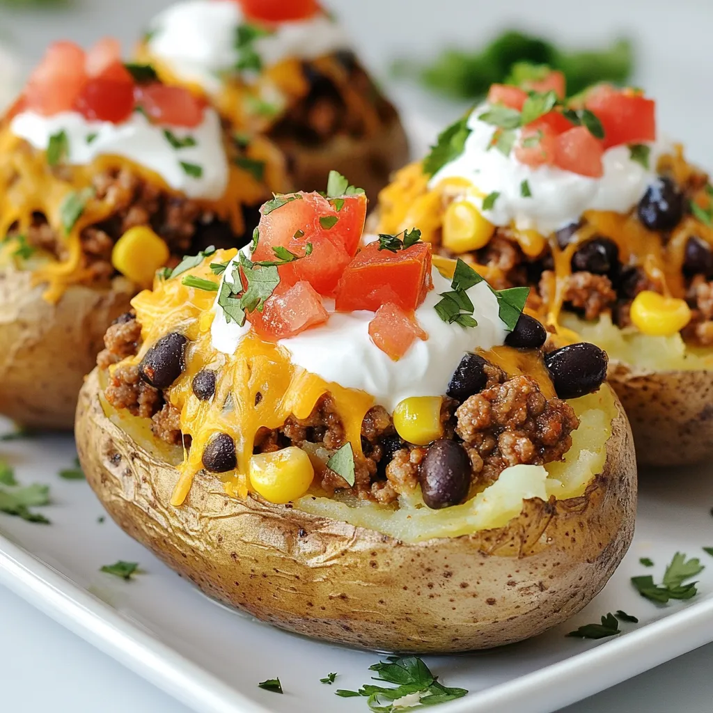 - 4 large russet potatoes - 1 pound ground beef or turkey - 1 packet taco seasoning - 1 cup black beans - 1 cup corn - 1 cup shredded cheddar cheese - 1 cup diced tomatoes - ½ cup sour cream - ¼ cup chopped fresh cilantro - Olive oil, salt, and pepper - Baking tray - Large skillet - Fork When making cheesy taco potatoes, gathering the right ingredients is key. Start with four large russet potatoes. They are perfect for baking and hold up well. Next, choose one pound of ground beef or turkey. Both options work and taste great. You will also need one packet of taco seasoning to add that signature flavor. Black beans and corn will add fiber and texture. Use one cup of each. For that cheesy goodness, grab one cup of shredded cheddar cheese. You can’t forget the freshness of one cup of diced tomatoes, either. Lastly, add a half cup of sour cream and a quarter cup of chopped fresh cilantro for a burst of flavor. Don’t forget olive oil, salt, and pepper for taste. With these ingredients ready, you will create a flavorful meal that everyone will love! {{ingredient_image_1}} First, scrub the potatoes well. This removes dirt and gives them a nice clean surface. Next, pierce each potato with a fork. This step helps steam escape while baking. Then, drizzle olive oil over the potatoes. Be sure to coat them lightly. After that, sprinkle salt on top. This adds flavor to the skin. Now, heat a large skillet over medium heat. Add the ground beef or turkey to the skillet. Cook it until it turns brown, which takes about 5-7 minutes. If there is extra fat, drain it. Next, add the taco seasoning to the meat. Mix in the black beans and corn. Pour in a splash of water, about ¼ cup. This helps the spices stick and makes a nice sauce. Let it simmer for 3-5 minutes. Stir occasionally until everything is heated through. Once the potatoes are baked, take them out of the oven. Carefully cut each potato open lengthwise. Create a pocket for the filling. Use a fork to fluff the insides gently. Spoon the taco mixture generously into each potato. Make sure to fill them well. Top each potato with diced tomatoes and shredded cheddar cheese. If you want the cheese melted, place them back in the oven or skillet for a few minutes. Finally, add a dollop of sour cream and a sprinkle of chopped cilantro on top. This adds freshness and a pop of color. To tell when potatoes are fork-tender, use a fork. If it slides in easily, they are done. Keep an eye on the time, around 45-60 minutes works well. You want your potatoes soft and fluffy inside. To prevent potatoes from drying out, drizzle them with olive oil before baking. This adds moisture and helps the skin crisp up nicely. Also, consider covering them with foil for part of the baking time. This keeps the steam in and helps with tenderness. You can add spices to the taco mix for more flavor. Try chili powder or cumin for a kick. If you like heat, add some diced jalapeños too. Mixing in some chopped bell peppers can add sweetness and crunch. Choosing the right cheese for melting makes a big difference. Cheddar is great, but try Monterey Jack or a Mexican blend for a twist. These cheeses melt well and bring extra flavor to your dish. Get creative with how you serve the cheesy taco potatoes. Try placing them on wooden boards for a rustic look. Add lime wedges on the side for a pop of color and a zesty finish. For garnishing, sprinkle extra chopped cilantro and cheese on top. A dollop of sour cream adds a creamy touch. Arrange the potatoes on plates with colorful toppings to make them more appealing and fun to eat. Pro Tips Choose the Right Potatoes: For the best texture and flavor, use large russet potatoes as they have a fluffy interior that pairs well with the cheesy taco filling. Customize Your Filling: Feel free to add other ingredients like diced bell peppers or jalapeños for additional flavor and heat in your taco mixture. Let the Cheese Melt: For a gooey cheese topping, place the stuffed potatoes back in the oven for a few minutes after adding the cheese, or cover them with a lid in the skillet to trap steam. Garnish for Flavor: Fresh cilantro and a squeeze of lime juice enhance the dish's flavor profile, adding a refreshing contrast to the richness of the cheese and sour cream. {{image_2}} You can make Cheesy Taco Potatoes without meat. Just use mushrooms or more beans. Mushrooms add a nice texture and flavor. You can use black beans, pinto beans, or kidney beans. This way, you keep the taste rich and hearty. Cheddar cheese is great, but you can try other kinds too. Mozzarella gives a nice stretch, while pepper jack adds a spicy kick. You can even mix cheeses for a deeper flavor. Experimenting with cheese lets you find your favorite blend. Toppings can change your dish. Guacamole is creamy and fresh. Salsa adds a nice kick. You can also use diced avocados or jalapeños for fun. For sides, try a light salad or tortilla chips with salsa. These pair well and make your meal complete. Store leftover Cheesy Taco Potatoes in an airtight container. This keeps them fresh. You can store them in the fridge for up to three days. Make sure they cool down before sealing. If you want, you can add a layer of plastic wrap for extra protection. Reheat your Cheesy Taco Potatoes in the oven. Preheat it to 350°F (175°C). Place the potatoes in a baking dish. Cover them with foil to keep them moist. Heat for about 15-20 minutes. You can also use the microwave. Just heat for 1-2 minutes. Check if they are warm all the way through. You can freeze Cheesy Taco Potatoes, but do it before adding toppings. Wrap each potato in plastic wrap and then in foil. Store them in a freezer bag for up to two months. To defrost, place them in the fridge overnight. Reheat them in the oven or microwave as mentioned above. Yes, you can use sweet potatoes! Sweet potatoes taste sweeter and have a creamier texture. They take about the same time to bake, but you may need to adjust for size. If using larger sweet potatoes, you might need to cook them a bit longer. Just pierce them and check for tenderness with a fork. Cooked Cheesy Taco Potatoes can last for about 3 to 5 days in the fridge. Store them in an airtight container to keep them fresh. Always check for any off smells or signs of spoilage before eating. If you see mold, it's best to throw them away. Absolutely! You can prepare the filling a day or two ahead. Cook the meat and mix in the taco seasoning, beans, and corn. Let it cool, then store it in the fridge. When you're ready to serve, just reheat the filling and stuff it into your baked potatoes. This saves time on busy nights! In this blog post, we explored how to make Cheesy Taco Potatoes from start to finish. You learned about the main ingredients, easy steps to prep and cook, and tips for perfect results. We also shared variations, storage info, and answers to common questions. Now, you can create a fun and tasty meal for any occasion. Get creative with flavors and enjoy your cooking journey!
