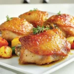 - Chicken thighs and their preparation - 4 bone-in chicken thighs, skin-on. These provide flavor and moisture. Pat them dry for a good sear. - Glazing components - 1 cup apple cider. This adds sweetness and depth. - 2 tablespoons apple cider vinegar. It balances the sweetness. - 2 tablespoons honey. This enhances the glaze's stickiness. - 1 tablespoon Dijon mustard. It gives a tangy kick. - Seasoning essentials - 1 teaspoon fresh thyme leaves (or ½ teaspoon dried thyme). Thyme adds a great herb flavor. - 2 garlic cloves, minced. This adds a nice aroma. - Salt and pepper to taste. These are key for flavor. - 1 tablespoon olive oil. Use it for searing the chicken. When selecting chicken thighs, choose ones with skin for extra crispiness. The apple cider is the star here, so use fresh cider for the best taste. Don't skip the herbs and spices; they are vital for making the chicken shine. Mix these ingredients well to ensure every part of the chicken gets that delicious glaze. Start by preheating your oven to 400°F (200°C). The right temperature helps cook the chicken evenly. It also ensures the skin gets crispy, which is key for great flavor. Next, you need to prepare the chicken thighs. Dry them well with paper towels. This step is vital as moisture can make the skin soggy. Then, season both sides with salt and pepper. Make sure to use enough seasoning to enhance the taste. Now, it’s time to sear the chicken. Use a large, oven-safe skillet and heat some olive oil over medium-high heat. When the oil is hot, place the chicken thighs skin-side down. Sear for about 5-7 minutes until the skin turns golden brown and crispy. Flip the thighs and cook for an additional 3-4 minutes. This technique locks in flavor and adds texture. While the chicken cooks, let’s make the glaze. In a bowl, mix together apple cider, apple cider vinegar, honey, Dijon mustard, thyme, and minced garlic. Stir well until everything is combined. This glaze will add a sweet and tangy flavor to the chicken. After searing, pour the glaze over the chicken in the skillet. Carefully transfer the skillet to the preheated oven. Bake for 25-30 minutes until the chicken reaches an internal temperature of 165°F (75°C). This step ensures the chicken cooks through while soaking in the glaze flavor. About halfway through baking, it's time to baste the chicken. Use a spoon to drizzle the glaze over the chicken every 10 minutes. This technique helps deepen the flavor and gives the chicken a nice shine. Once done, take the skillet out of the oven. Allow the chicken to rest for about 5 minutes. Resting helps the juices redistribute, making the chicken juicier. Serve the thighs on a large platter, drizzled with extra glaze and garnished with fresh thyme sprigs. To get that golden-brown skin, start with dry chicken. Pat it down with paper towels. Season it well with salt and pepper. Heat olive oil in an oven-safe skillet over medium-high heat. Place the chicken thighs skin side down. Let them cook for about 5-7 minutes. Don't rush this step; it helps build flavor. Flip the thighs and cook for another 3-4 minutes. This gives you a crispy skin that everyone loves. You can add more flavor to your glaze. Try mixing in some smoked paprika for a hint of smokiness. A pinch of cayenne pepper adds a nice kick. For a sweeter note, toss in some chopped apples or a splash of orange juice. These additions help you create a unique twist on the basic recipe. Use your favorite herbs too, like rosemary or sage, to make each dish a bit different. Basting is key for juicy, flavorful chicken. Halfway through baking, use a spoon to drizzle the glaze over the chicken. Do this every 10 minutes. This keeps the chicken moist and adds flavor. Timing is important to ensure each bite bursts with taste. The glaze caramelizes nicely, making the chicken shine. Don’t skip this step; it makes a big difference in the meal’s final look and taste. {{image_2}} You can swap chicken thighs for other meats. Try chicken breasts for a leaner option. Pork chops work well too, giving a different taste. If you prefer beef, use flank steak for a bold flavor. Each meat changes the dish’s zing. Adjust cooking times based on the meat type. Experiment with glazes to change the taste. For a citrus twist, add orange juice or zest. This brings a bright note. Want some heat? Mix in chili flakes or sriracha. A spicy glaze can lift the dish. You can also try maple syrup instead of honey for a deeper sweetness. You have choices for cooking. The oven method creates juicy chicken with crispy skin. For quicker prep, use the stovetop. Sear the chicken in a pan and finish with the glaze. If you love smoky flavors, grilling is great. It adds a nice char to the chicken. Choose the method that fits your style. To keep your apple cider glazed chicken thighs fresh, store them safely. After cooking, let the chicken cool to room temperature. Place it in an airtight container. You can refrigerate it for up to three days. If you want to keep it longer, freeze the chicken. Wrap it tightly in plastic wrap, then place it in a freezer bag. This way, it stays fresh for up to three months. To reheat your chicken, avoid the microwave if possible. Instead, use the oven to preserve flavor and texture. Preheat your oven to 350°F (175°C). Place the chicken in a baking dish and cover it with foil. Heat for about 20-25 minutes, or until it reaches a warm temperature. You can also use a skillet on medium heat. Just add a splash of water to help keep it moist. When stored properly, your apple cider glazed chicken thighs last in the fridge for about three days. If frozen, they can last up to three months. After that, the quality may decline. To enjoy the best flavor and texture, try to eat them within this time frame. Yes, you can use boneless chicken thighs. They cook faster than bone-in thighs. Just adjust your cooking time to about 20-25 minutes. Always check for doneness with a meat thermometer. I love serving these chicken thighs with roasted vegetables or creamy mashed potatoes. You can also add a fresh salad or some rice for a full meal. These sides balance the sweet glaze well. Check the internal temperature of the chicken. It should reach 165°F (75°C). You can use a meat thermometer for the best results. The juices should run clear, not pink. Absolutely! You can prepare the glaze a day ahead. Store it in the fridge in a sealed container. Just warm it up a bit before using it on your chicken. Yes! Try using tofu or seitan as a substitute for chicken. Marinate them in the same apple cider glaze. Bake them until they are heated through and flavorful. This offers a tasty, plant-based option. This post covered how to make delicious Apple Cider Glazed Chicken Thighs. We discussed the key ingredients, preparation steps, and cooking techniques for a perfect dish. You learned tips for enhancing flavors and variations to try. Storing and reheating this meal was also explained. In closing, cooking should be fun. Use these methods to impress yourself and others. Enjoy your tasty creation and feel confident sharing it with friends and family!