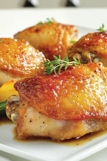 - Chicken thighs and their preparation - 4 bone-in chicken thighs, skin-on. These provide flavor and moisture. Pat them dry for a good sear. - Glazing components - 1 cup apple cider. This adds sweetness and depth. - 2 tablespoons apple cider vinegar. It balances the sweetness. - 2 tablespoons honey. This enhances the glaze's stickiness. - 1 tablespoon Dijon mustard. It gives a tangy kick. - Seasoning essentials - 1 teaspoon fresh thyme leaves (or ½ teaspoon dried thyme). Thyme adds a great herb flavor. - 2 garlic cloves, minced. This adds a nice aroma. - Salt and pepper to taste. These are key for flavor. - 1 tablespoon olive oil. Use it for searing the chicken. When selecting chicken thighs, choose ones with skin for extra crispiness. The apple cider is the star here, so use fresh cider for the best taste. Don't skip the herbs and spices; they are vital for making the chicken shine. Mix these ingredients well to ensure every part of the chicken gets that delicious glaze. Start by preheating your oven to 400°F (200°C). The right temperature helps cook the chicken evenly. It also ensures the skin gets crispy, which is key for great flavor. Next, you need to prepare the chicken thighs. Dry them well with paper towels. This step is vital as moisture can make the skin soggy. Then, season both sides with salt and pepper. Make sure to use enough seasoning to enhance the taste. Now, it’s time to sear the chicken. Use a large, oven-safe skillet and heat some olive oil over medium-high heat. When the oil is hot, place the chicken thighs skin-side down. Sear for about 5-7 minutes until the skin turns golden brown and crispy. Flip the thighs and cook for an additional 3-4 minutes. This technique locks in flavor and adds texture. While the chicken cooks, let’s make the glaze. In a bowl, mix together apple cider, apple cider vinegar, honey, Dijon mustard, thyme, and minced garlic. Stir well until everything is combined. This glaze will add a sweet and tangy flavor to the chicken. After searing, pour the glaze over the chicken in the skillet. Carefully transfer the skillet to the preheated oven. Bake for 25-30 minutes until the chicken reaches an internal temperature of 165°F (75°C). This step ensures the chicken cooks through while soaking in the glaze flavor. About halfway through baking, it's time to baste the chicken. Use a spoon to drizzle the glaze over the chicken every 10 minutes. This technique helps deepen the flavor and gives the chicken a nice shine. Once done, take the skillet out of the oven. Allow the chicken to rest for about 5 minutes. Resting helps the juices redistribute, making the chicken juicier. Serve the thighs on a large platter, drizzled with extra glaze and garnished with fresh thyme sprigs. To get that golden-brown skin, start with dry chicken. Pat it down with paper towels. Season it well with salt and pepper. Heat olive oil in an oven-safe skillet over medium-high heat. Place the chicken thighs skin side down. Let them cook for about 5-7 minutes. Don't rush this step; it helps build flavor. Flip the thighs and cook for another 3-4 minutes. This gives you a crispy skin that everyone loves. You can add more flavor to your glaze. Try mixing in some smoked paprika for a hint of smokiness. A pinch of cayenne pepper adds a nice kick. For a sweeter note, toss in some chopped apples or a splash of orange juice. These additions help you create a unique twist on the basic recipe. Use your favorite herbs too, like rosemary or sage, to make each dish a bit different. Basting is key for juicy, flavorful chicken. Halfway through baking, use a spoon to drizzle the glaze over the chicken. Do this every 10 minutes. This keeps the chicken moist and adds flavor. Timing is important to ensure each bite bursts with taste. The glaze caramelizes nicely, making the chicken shine. Don’t skip this step; it makes a big difference in the meal’s final look and taste. {{image_2}} You can swap chicken thighs for other meats. Try chicken breasts for a leaner option. Pork chops work well too, giving a different taste. If you prefer beef, use flank steak for a bold flavor. Each meat changes the dish’s zing. Adjust cooking times based on the meat type. Experiment with glazes to change the taste. For a citrus twist, add orange juice or zest. This brings a bright note. Want some heat? Mix in chili flakes or sriracha. A spicy glaze can lift the dish. You can also try maple syrup instead of honey for a deeper sweetness. You have choices for cooking. The oven method creates juicy chicken with crispy skin. For quicker prep, use the stovetop. Sear the chicken in a pan and finish with the glaze. If you love smoky flavors, grilling is great. It adds a nice char to the chicken. Choose the method that fits your style. To keep your apple cider glazed chicken thighs fresh, store them safely. After cooking, let the chicken cool to room temperature. Place it in an airtight container. You can refrigerate it for up to three days. If you want to keep it longer, freeze the chicken. Wrap it tightly in plastic wrap, then place it in a freezer bag. This way, it stays fresh for up to three months. To reheat your chicken, avoid the microwave if possible. Instead, use the oven to preserve flavor and texture. Preheat your oven to 350°F (175°C). Place the chicken in a baking dish and cover it with foil. Heat for about 20-25 minutes, or until it reaches a warm temperature. You can also use a skillet on medium heat. Just add a splash of water to help keep it moist. When stored properly, your apple cider glazed chicken thighs last in the fridge for about three days. If frozen, they can last up to three months. After that, the quality may decline. To enjoy the best flavor and texture, try to eat them within this time frame. Yes, you can use boneless chicken thighs. They cook faster than bone-in thighs. Just adjust your cooking time to about 20-25 minutes. Always check for doneness with a meat thermometer. I love serving these chicken thighs with roasted vegetables or creamy mashed potatoes. You can also add a fresh salad or some rice for a full meal. These sides balance the sweet glaze well. Check the internal temperature of the chicken. It should reach 165°F (75°C). You can use a meat thermometer for the best results. The juices should run clear, not pink. Absolutely! You can prepare the glaze a day ahead. Store it in the fridge in a sealed container. Just warm it up a bit before using it on your chicken. Yes! Try using tofu or seitan as a substitute for chicken. Marinate them in the same apple cider glaze. Bake them until they are heated through and flavorful. This offers a tasty, plant-based option. This post covered how to make delicious Apple Cider Glazed Chicken Thighs. We discussed the key ingredients, preparation steps, and cooking techniques for a perfect dish. You learned tips for enhancing flavors and variations to try. Storing and reheating this meal was also explained. In closing, cooking should be fun. Use these methods to impress yourself and others. Enjoy your tasty creation and feel confident sharing it with friends and family!