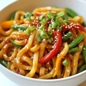 - 250g udon noodles - 2 tablespoons vegetable oil - 4 garlic cloves, minced - 2 red chilies, finely sliced (adjust to taste) - 1 tablespoon fresh ginger, grated - 1 bell pepper, thinly sliced (any color) - 1 cup snow peas or snap peas - 3 tablespoons soy sauce - 1 tablespoon sesame oil - 1 tablespoon rice vinegar - 1 tablespoon honey or maple syrup - 2 green onions, chopped (for garnish) - Sesame seeds (for garnish) When making Chili Garlic Udon, you need a few key ingredients. First, get your udon noodles. These thick noodles hold sauce well and add a nice chew. They cook quickly and fill you up. Next, gather your spices and seasonings. You'll use garlic for flavor and red chilies for heat. Adjust the amount of chilies based on your spice level. Fresh ginger brings a warm taste that pairs well with the other flavors. For vegetables, grab a bell pepper and snow peas. The bell pepper adds sweetness, while the snow peas give a nice crunch. You can use any color of bell pepper. It brightens the dish and makes it look great. Finally, you will need soy sauce, sesame oil, rice vinegar, and honey or maple syrup. These ingredients create a balanced sauce. The soy sauce gives saltiness, while the vinegar adds tang. Honey or maple syrup provides sweetness, making the dish well-rounded. Having all these ingredients ready helps the cooking process go smoothly. Now, you're set to make a tasty Chili Garlic Udon! {{ingredient_image_1}} 1. Boiling method: Start by boiling a pot of water. Use enough water to let the noodles move freely. When the water is boiling, add 250g of udon noodles. Cook them according to the package instructions, usually around 8-10 minutes. Stir them gently to prevent sticking. 2. Setting aside: Once the noodles are tender, drain them in a colander. Rinse them with cold water to stop the cooking process. Set the noodles aside while you prepare the stir-fry. 1. Heating the oil: Take a large pan or wok and place it over medium heat. Add 2 tablespoons of vegetable oil. Let the oil heat up for a minute. 2. Sautéing garlic, chilies, and ginger: Add 4 minced garlic cloves, 2 finely sliced red chilies, and 1 tablespoon of grated ginger to the hot oil. Stir them quickly for about 1-2 minutes. You want them to become fragrant but not brown. 1. Stir-frying bell pepper and snow peas: Toss in 1 thinly sliced bell pepper and 1 cup of snow peas into the pan. Stir-fry these veggies for 3-4 minutes. They should be tender but still have a nice crunch. 2. Mixing everything together: Add the drained udon noodles to the pan. Pour in 3 tablespoons of soy sauce, 1 tablespoon of sesame oil, 1 tablespoon of rice vinegar, and 1 tablespoon of honey or maple syrup. Toss everything together gently. Make sure the noodles are well coated in the sauce. Stir-fry for another 2-3 minutes until everything is hot. Enjoy the vibrant flavors and textures in your Chili Garlic Udon! To cook udon noodles just right, boil water in a large pot. Follow the package instructions, usually about 8-10 minutes. Taste them a minute before the time is up. You want them tender but not mushy. Once they are ready, drain them well. To prevent stickiness, rinse the noodles in cold water. This helps separate them and cools them down quickly. You can customize the spice in your Chili Garlic Udon easily. Start with two red chilies. If you want more heat, add more chilies! You can also use sauces like sriracha or chili paste. Just mix a bit into the stir-fry to boost the flavor. Garnishes can really make your dish pop. Try adding fresh cilantro or a squeeze of lime for a zing. You can also sprinkle on sesame seeds for extra crunch. For more seasoning, consider a dash of chili oil or a sprinkle of garlic powder. These small changes can make your meal even better! Pro Tips Adjust the Heat: If you prefer a milder dish, reduce the number of red chilies or remove the seeds before slicing. This will lower the heat level without sacrificing flavor. Perfect Noodle Texture: To achieve the best texture, make sure not to overcook the udon noodles. They should be slightly chewy, so keep an eye on them as they boil. Enhance Umami Flavor: Consider adding a splash of mushroom sauce or a sprinkle of red pepper flakes for an extra depth of flavor and umami. Vegetable Variations: Feel free to swap in your favorite vegetables such as bok choy, carrots, or broccoli for a colorful and nutritious twist. {{image_2}} You can add protein to your Chili Garlic Udon to make it heartier. - Tofu: Use firm tofu for a tasty vegetarian option. Cut it into cubes and fry it until golden. Add it during the vegetable stage for a nice crunch. - Chicken or shrimp: Both chicken and shrimp work great. Cook them before adding the veggies. This gives the dish extra flavor and protein. Feel free to swap out the vegetables based on what you have. - Different bell pepper colors: Red, yellow, or green peppers all taste great. Each color adds its own sweetness and texture. - Other seasonal vegetables: Try zucchini, carrots, or broccoli. Use what is fresh and in season for the best taste. You can also change the sauce to suit your taste. - Using different vinegars: Instead of rice vinegar, try apple cider or balsamic vinegar. Each will add a unique twist. - Substituting sweeteners: Honey is great, but you can also use brown sugar or agave syrup. Adjust the amount to match your sweetness preference. To keep your Chili Garlic Udon fresh, store it in the fridge. Place the leftovers in an airtight container. This helps keep out air and moisture. You can store it for up to three days. Make sure it cools down first. This will help prevent sogginess. When it's time to heat up your udon, use a pan over medium heat. Add a splash of water or broth to help steam the noodles. This keeps them from getting dry. Stir often to heat everything evenly. You can also use a microwave. Cover the dish with a damp paper towel. This helps keep the moisture in. Heat for one to two minutes, checking often. Enjoy your tasty leftovers! If you can’t find udon noodles, don’t worry! You can use other noodles. Here are some options: - Soba noodles: These buckwheat noodles have a nice chewy texture. - Rice noodles: Great for gluten-free diets, they cook fast. - Spaghetti: A common choice, it’s easy to find and works well. For different diets, here are some ideas: - Zucchini noodles: Spiralized zucchini is a low-carb option. - Shirataki noodles: Made from konjac yam, they are very low in calories. Yes, Chili Garlic Udon can be vegan! However, always check your ingredients. Here are some tips: - Soy sauce: Most are vegan, but some have fish sauce. Check the label. - Honey: If you want it vegan, use maple syrup instead. For vegetarian options, use: - Tofu: Adds protein and absorbs the sauce well. - Vegetable broth: Instead of water for cooking, it adds flavor. You can easily prepare Chili Garlic Udon ahead of time. Here are some tips: - Cook the noodles: You can cook and store them. Just rinse them in cold water to stop cooking. - Prep the veggies: Chop and store them in the fridge. This keeps them fresh. To keep everything fresh: - Use airtight containers: This helps prevent moisture and keeps your meal tasty. - Mix the sauce just before cooking: This keeps flavors vibrant and fresh. We explored a simple way to make Chili Garlic Udon. You learned about key ingredients, like udon noodles, spices, and veggies. I shared step-by-step cooking methods, tips for perfect noodles, and how to adjust spice levels. You can customize your dish with proteins and sauces, making it your own. Remember to store your leftovers properly and reheat them well. Enjoy your delicious meal, and don't hesitate to experiment with new flavors. Cooking can be fun and rewarding, so dive in!