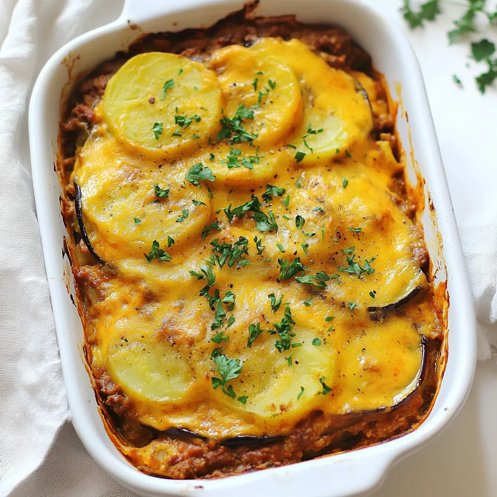 To make a hearty Greek moussaka, gather these simple ingredients: - 2 medium eggplants, sliced into ½-inch rounds - 3 medium potatoes, peeled and sliced into ¼-inch rounds - 1 lb (450g) ground beef or lamb - 1 onion, finely chopped - 2 cloves garlic, minced - 1 can (14 oz) crushed tomatoes - 1 tablespoon tomato paste - 1 teaspoon cinnamon - 1 teaspoon dried oregano - Salt and pepper to taste - 1 cup (240ml) milk - ½ cup (60g) grated Parmesan cheese - 2 large eggs - ¼ cup (30g) unsalted butter - ¼ cup (30g) all-purpose flour You can swap some ingredients for different flavors or diets: - Use zucchini instead of eggplant for a lighter dish. - Substitute ground turkey or chicken for beef or lamb. - Almond milk works well instead of regular milk for a dairy-free option. - Use a vegan cheese in place of Parmesan for a plant-based meal. Choosing the best produce makes your moussaka shine. Here’s how: - Look for firm, smooth eggplants with shiny skin. Avoid soft spots. - Select potatoes that feel heavy for their size and have no sprouts. - Choose onions that are dry and firm with no soft spots. - Pick garlic bulbs that are plump and have tight, unbroken skins. By choosing fresh ingredients, your moussaka will taste even better! {{ingredient_image_1}} First, gather all your ingredients. You will need: - 2 medium eggplants, sliced into ½-inch rounds - 3 medium potatoes, peeled and sliced into ¼-inch rounds - 1 lb ground beef or lamb - 1 onion, finely chopped - 2 cloves garlic, minced - 1 can crushed tomatoes - 1 tablespoon tomato paste - 1 teaspoon cinnamon - 1 teaspoon dried oregano - Salt and pepper to taste - 1 cup milk - ½ cup grated Parmesan cheese - 2 large eggs - ¼ cup unsalted butter - ¼ cup all-purpose flour Next, preheat your oven to 375°F (190°C). This step is key for even cooking. In a large skillet, heat some olive oil over medium heat. Add your sliced eggplants and sprinkle them with salt. Cook them until they soften and turn golden brown, about 5 to 7 minutes. Remove them from the skillet and set them aside. Now, add a bit more oil if needed. Sauté the chopped onion and minced garlic until they become translucent, which takes about 3 minutes. Then, add the ground meat. Break it apart and cook it until it turns brown. Drain any extra fat from the skillet. Now, stir in the crushed tomatoes, tomato paste, cinnamon, oregano, salt, and pepper. Let the mixture simmer for about 20 minutes, stirring it occasionally to mix the flavors. While the meat sauce simmers, let’s prepare the potatoes. Bring a pot of water to a boil. Add the potato slices and cook them for about 5 minutes, just until they are tender. Drain them and set them aside. In a separate saucepan, melt the butter over medium heat. Whisk in the flour and cook for 1 minute while stirring. Slowly pour in the milk while whisking to make a smooth béchamel sauce. Keep cooking until it thickens, about 5 minutes. Remove it from the heat and let it cool a bit. Next, whisk in the grated Parmesan cheese. Then, beat in the eggs until everything blends well. Now, let’s build the moussaka. Grease a baking dish and layer half of the cooked potatoes at the bottom. Follow this with half of the eggplant slices. Spread half of the meat sauce over the eggplants. Then, add another layer of potatoes, followed by the rest of the eggplants. Top this with the remaining meat sauce. Finally, pour the béchamel sauce over all the layers. Make sure it covers everything evenly. Bake your moussaka in the oven for 30 to 40 minutes. Look for a golden, bubbling top. Let it sit for 15 to 20 minutes before serving. This helps the layers set and makes it easier to cut. Enjoy your hearty and flavorful Greek moussaka! When you layer your moussaka, start with potatoes at the bottom. This helps catch any juices. Next, add a layer of eggplant. Make sure to season each layer with salt and pepper. This will enhance the flavor as it cooks. After that, spread half of your meat sauce. Repeat the layers again. Finish with the béchamel sauce on top. This creates a rich and creamy finish. Taste your meat sauce as it cooks. If it’s bland, add more salt and pepper. A bit of cinnamon adds warmth and depth. If you like it spicy, add a pinch of red pepper flakes. Remember, the layers will absorb some seasoning while baking. So, don’t be shy with spices. This ensures a flavorful moussaka. If your moussaka is too watery, it might be due to undercooked potatoes or eggplant. Make sure they are cooked enough before layering. If the top burns, lower the oven temperature. Cover it with foil if needed. If the béchamel sauce is too thick, whisk in a bit more milk. This will help it spread smoothly. If you follow these tips, your moussaka will impress everyone! Pro Tips Use a Mix of Meats: For a richer flavor, consider using a combination of beef and lamb in your moussaka. Salt the Eggplants: Salting the eggplant before cooking helps to draw out moisture and bitterness, resulting in a better texture. Layering Technique: Make sure to layer your ingredients evenly to ensure each bite has a perfect combination of flavors. Let it Rest: Allow the moussaka to rest for at least 15-20 minutes after baking; this helps the layers to set and makes serving easier. {{image_2}} You can make a tasty vegetarian moussaka easily. Instead of meat, use lentils or mushrooms. Both options add great flavor and texture. Cook the lentils until soft, around 20 minutes. For mushrooms, sauté them until they release their moisture. This keeps the dish hearty and satisfying. You can also add diced zucchini or bell peppers for extra veggies. If you want a twist, try different meats. Ground turkey or chicken works well. They are leaner and still tasty. For a unique flavor, consider using spiced lamb. Just adjust the cooking time to ensure it browns nicely. You can also use tofu for a plant-based protein. Make sure to press it first to remove excess water. To make a gluten-free moussaka, swap the flour for a gluten-free blend. This will work well in the béchamel sauce. You can use cornstarch or almond flour too. Both thickening agents keep the sauce creamy. For the layers, check that your ingredients are gluten-free. Most vegetables and meats are safe, but read labels carefully. Enjoy this classic dish without worry! To store leftover moussaka, let it cool first. Place it in an airtight container. You can keep it in the fridge for up to 3 days. If you want to enjoy it later, freezing is a great option. To reheat moussaka, preheat your oven to 350°F (175°C). Place the moussaka in an oven-safe dish. Cover it with foil to keep moisture in. Bake for about 20-25 minutes, or until it is hot throughout. You can also use a microwave. Heat it in short bursts, checking often to avoid drying it out. Freezing moussaka is simple. Cut it into portions and wrap each piece tightly in plastic wrap. Then, place the wrapped pieces in a freezer bag. Label the bag with the date. You can keep it frozen for up to 3 months. To cook, thaw it in the fridge overnight and reheat as mentioned above. Enjoy this hearty dish whenever you crave it! Moussaka is a classic dish from Greece. It has roots in Middle Eastern cooking. The Greeks adapted it over time, adding their spin. This dish often features layers of eggplant, potatoes, and meat. Each layer brings its own flavor and texture. You can find variations in Turkey and the Arab world, too. The rich history makes moussaka special and beloved. Yes, moussaka can be made ahead of time. In fact, it often tastes better the next day! You can prepare it fully, then store it in the fridge. Just cover it well to keep it fresh. When you're ready, bake it until hot and bubbly. This makes it a great dish for gatherings or meal prep. To create a lighter moussaka, you can use several easy swaps. Replace ground beef or lamb with leaner turkey or chicken. You can also use zucchini instead of eggplant. For the béchamel, try using low-fat milk and less butter. This keeps the creamy texture but cuts the calories. These changes still give you a tasty dish without the heaviness. Moussaka is a tasty dish with layers of flavor and history. We covered important ingredients, tips for picking fresh produce, and smart substitutions. You learned how to cook the meat sauce and assemble the layers. Plus, I shared best practices for seasoning and troubleshooting. We explored fun variations, like vegetarian and gluten-free options, and how to store leftovers. Now you have all the tools to make your own perfect moussaka. Enjoy this dish and share it with others!