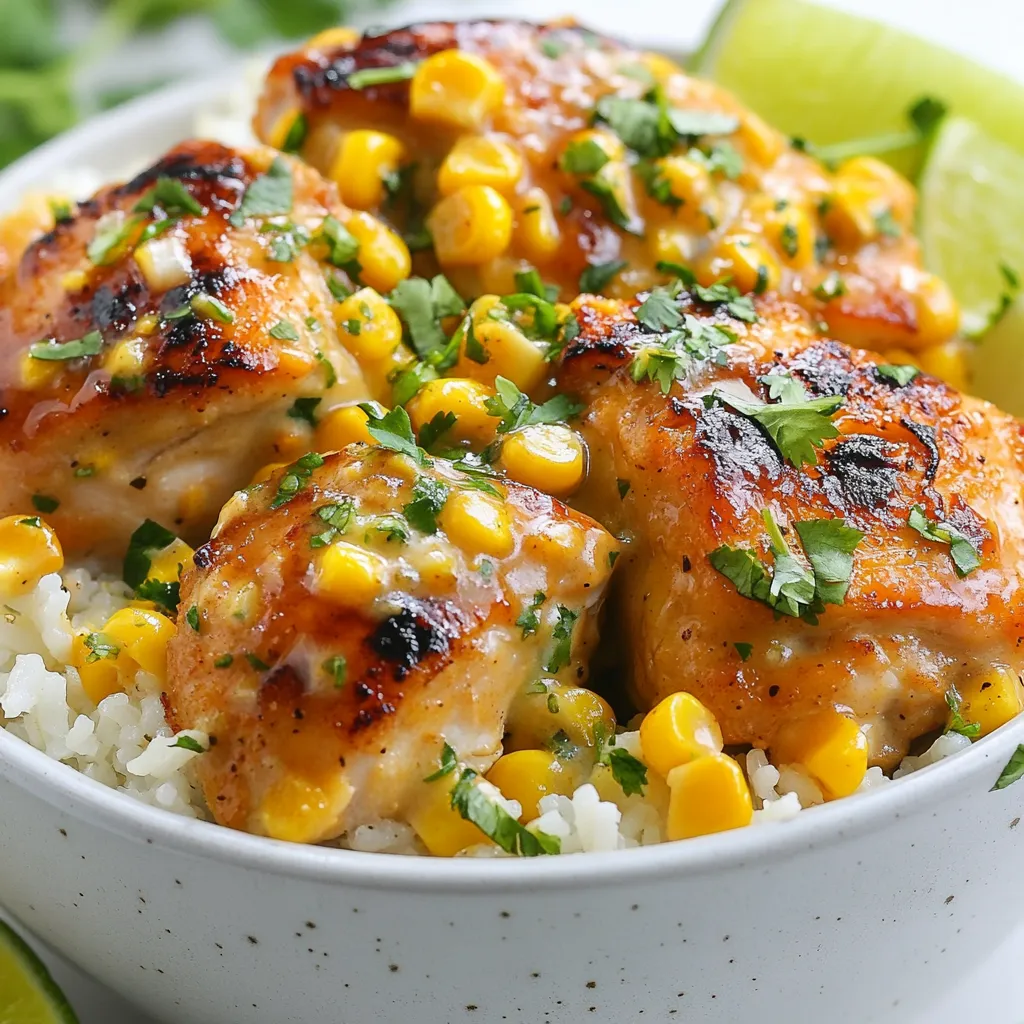 - 2 cups cooked rice (white or brown) - 1 lb boneless, skinless chicken thighs, cubed - 1 can (15 oz) sweet corn, drained - 1 tablespoon olive oil - 1 teaspoon chili powder - 1 teaspoon smoked paprika - 1 teaspoon garlic powder - 1 cup heavy cream - ½ cup grated Parmesan cheese - ¼ cup fresh cilantro, chopped - Lime wedges, for serving These ingredients come together to create a rich and creamy dish. You can use either white or brown rice, depending on your taste. The boneless, skinless chicken thighs are juicy and cook well. Sweet corn adds a burst of flavor and color. For seasonings, I love using olive oil to cook the chicken. It helps to keep the meat moist. Chili powder gives a nice kick, while smoked paprika adds depth. Garlic powder enhances the dish with a savory note. The heavy cream makes the sauce rich and creamy. Grated Parmesan cheese brings a cheesy flavor that blends perfectly. Fresh cilantro adds a touch of brightness. Finally, lime wedges are great for squeezing over the top, bringing all the flavors together. This combination of ingredients creates a delightful meal that is easy to prepare and satisfying to eat. Each bite is a balance of creamy, savory, and fresh tastes. {{ingredient_image_1}} - Preheat a large skillet over medium heat and add 1 tablespoon of olive oil. - Once the oil is hot, add 1 pound of cubed boneless, skinless chicken thighs. - Season the chicken with 1 teaspoon chili powder, 1 teaspoon smoked paprika, 1 teaspoon garlic powder, salt, and pepper. - Sauté the chicken for 8 to 10 minutes until it is cooked and golden brown. - Next, stir in 1 can (15 oz) of drained sweet corn. - Cook the corn for another 3 to 4 minutes until it is heated through. - Reduce the heat to low, then pour in 1 cup of heavy cream and stir well. - Let the mixture simmer for about 5 minutes until the sauce thickens. - Now, stir in ½ cup of grated Parmesan cheese until it melts smoothly. - Taste the sauce and adjust salt and pepper as needed. - To serve, divide 2 cups of cooked rice into bowls. - Top each bowl with a generous portion of the creamy chicken and corn mix. - Garnish with ¼ cup of chopped fresh cilantro. Serve with lime wedges on the side for squeezing over the bowls. To make the best chicken thighs, start with a hot skillet. Heat olive oil on medium heat. This helps the chicken cook evenly. I like to cube the thighs to help them cook faster. Season them well with chili powder, smoked paprika, garlic powder, salt, and pepper. Sauté the chicken for about 8-10 minutes. You want them cooked through and golden brown. This color adds flavor and looks great in your bowl. To get a thick and creamy sauce, use heavy cream. After adding the cream, lower the heat. This gives it time to simmer and thicken. Stir often to keep the sauce smooth. Be careful not to let it boil, or the cream might curdle. If that happens, you can whisk it to smooth it out again. Adding Parmesan cheese helps make the sauce richer and creamier. Once your rice bowls are ready, it’s time to garnish. Fresh cilantro adds color and flavor. Squeeze some lime over the dish for a zesty kick. You can also pair these bowls with a side of fresh salsa or tortilla chips. These simple additions make the meal even more enjoyable. Pro Tips Use Fresh Corn: For an extra burst of flavor, consider using fresh corn on the cob instead of canned corn. Just boil or grill the corn, then cut off the kernels and add them to the dish. Customize the Spice Level: Adjust the chili powder to your taste. If you prefer a milder dish, use less, or for more heat, add a pinch of cayenne pepper. Make it Ahead: You can prepare the creamy chicken and corn mixture in advance. Just reheat it gently on the stove before serving over your cooked rice. Perfectly Cooked Chicken: To ensure your chicken thighs are tender and juicy, avoid overcrowding the skillet. Cook in batches if necessary for even browning. {{image_2}} You can make a few simple swaps for a healthier meal. First, try using grilled chicken breast instead of thighs. Chicken breast has less fat and is still juicy when cooked right. It keeps the dish light but still tender. Next, consider substituting light cream or non-dairy options. For a lighter sauce, use half-and-half or almond milk. These choices reduce calories while keeping some creaminess. Want to kick up the flavor? Add jalapeños for extra heat. They bring a nice spice that pairs well with the creamy sauce. Just chop them fine and mix them in with the corn. You can also experiment with different cheese types. Instead of Parmesan, try feta or pepper jack. Each cheese gives a unique taste that can change the dish completely. You can serve this meal in fun ways. For a burrito bowl style, layer the rice, chicken, and corn in a large bowl. Top it with cheese, salsa, and guacamole. It’s a great way to make it more like a fiesta. For taco-style serving, use small tortillas. Fill each tortilla with the creamy chicken mix. Add toppings like cilantro and lime for a fresh touch. This way, you can enjoy a hand-held treat! To store leftovers, place the creamy street corn chicken rice bowls in an airtight container. Make sure to cool them to room temperature first. You can refrigerate them for up to three days. This keeps the chicken and cream fresh. For reheating, the best method is the stovetop. Place the rice bowl in a skillet over medium heat. Stir gently to ensure even heating. If needed, add a splash of heavy cream to keep it creamy. You can also use a microwave but cover it to avoid splatters. Yes, you can freeze this recipe! To freeze, let it cool completely. Then, place the mixture in a freezer-safe container. It stays good for up to two months. When ready to eat, thaw it overnight in the fridge. Reheat it gently to maintain creaminess. Yes, you can use frozen corn! Frozen corn has a fresh taste and is easy to use. Just add it directly to the skillet without thawing. Cook it for a few extra minutes to ensure it heats through. This keeps the corn crisp and sweet. Frozen corn is also a great option for meal prep. It lasts longer and is often picked at peak ripeness. To add spice, try these simple tips: - Add diced jalapeños or serrano peppers while cooking the chicken. - Use a spicier chili powder or cayenne pepper to increase heat. - Drizzle hot sauce on top before serving for an extra kick. These options will elevate the flavor and give your dish a nice punch! If you want a lighter option, consider these substitutes: - Use coconut milk for a dairy-free choice. It adds a unique flavor. - Try half-and-half for a lower-fat alternative that still provides creaminess. - Silken tofu blended until smooth can also work well, giving a nice texture. Each option may change the flavor slightly, but they all keep the dish creamy! This post detailed how to make a delicious rice bowl with chicken and corn. We covered the main ingredients, key cooking steps, and tips for perfecting your dish. Remember, choosing good spices and using fresh ingredients makes a big difference. You can even tweak the recipe for better health or flavor! I hope you find these ideas helpful. Now, gather your ingredients and try making this dish your own! Enjoy the cooking adventure ahead.