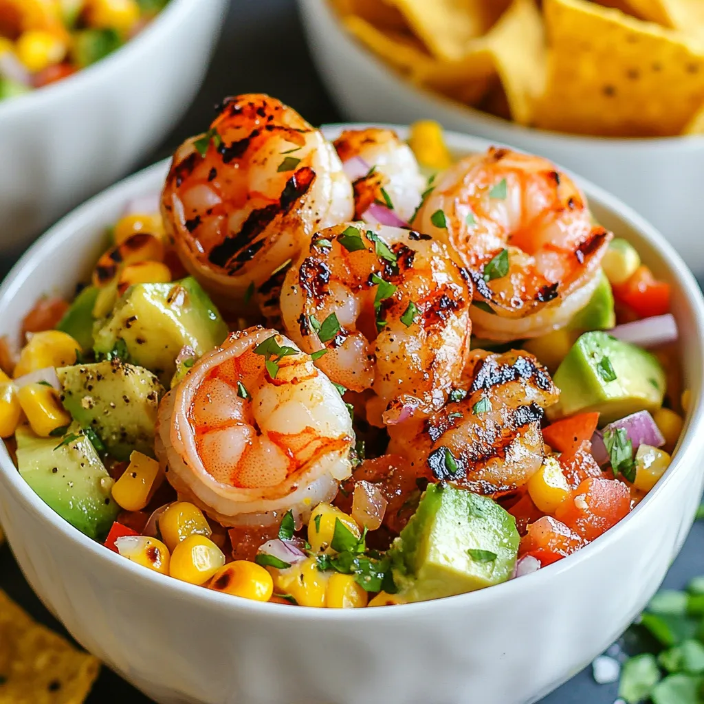 - 1 pound large shrimp, peeled and deveined - 2 avocados, diced - 2 cups corn kernels (fresh or frozen) - 1 red bell pepper, diced - 1 small red onion, finely chopped - 1 lime, juiced - 2 tablespoons olive oil - 1 teaspoon chili powder - 1 teaspoon garlic powder - Salt and pepper to taste - Fresh cilantro, chopped (for garnish) - Optional: tortilla chips (for crunch) To marinate the shrimp, mix the shrimp with olive oil, lime juice, chili powder, garlic powder, salt, and pepper. Make sure all shrimp are well coated. Let them rest for about 20 minutes. This helps the shrimp soak up all the flavors. Next, preheat your grill or grill pan over medium-high heat. Thread the marinated shrimp onto skewers. Grill the shrimp for about 2-3 minutes per side. You want them to turn pink and opaque. Once done, take them off the grill and keep warm. For the corn, you have two choices. If you use fresh corn, grill the cobs for about 8-10 minutes until they are charred. Then cut the kernels off. For frozen corn, sauté it in a pan over medium heat for 5-7 minutes. This way, it gets warm and slightly caramelized. {{ingredient_image_1}} To avoid overcooking shrimp, watch the cooking time closely. Shrimp cook fast. Grill them for just 2-3 minutes per side. You want them pink and opaque. If they curl tightly, they are overdone. For even charring on corn, turn the cobs every few minutes. This way, all sides get that nice char. If you use frozen corn, sauté it until it's golden. This adds good flavor without the grill. To add extra flavor, consider spices like smoked paprika or cumin. Fresh herbs like cilantro or parsley can brighten the dish. Fresh lime juice is key. It adds zing and balances the flavors. Squeeze some over the shrimp and corn mixture. You can add more to taste. Just remember, lime juice can be strong, so start small. Each serving has around 400 calories. This dish is high in protein from shrimp and healthy fats from avocado. It fits well for gluten-free and keto diets. The shrimp and veggies provide essential nutrients. Plus, the avocado adds fiber. It’s a tasty choice for many dietary needs. You can easily change the main protein in this dish. If you don't like shrimp, try chicken. Just marinate it like the shrimp. You can also use tofu for a plant-based option. For vegetables, feel free to mix it up. You can add diced zucchini, cherry tomatoes, or even black beans. These swaps will bring new textures and tastes to your bowl. This dish is great on its own, but some sides can make it even better. Consider adding a fresh salad or a side of rice. Tortilla chips add a nice crunch too. For parties, set up a build-your-own bowl station. Have bowls of shrimp, corn, and toppings. Let guests create their own tasty meals. This way, everyone can customize their dish just how they like it. To keep your leftovers fresh, store them in an airtight container. Place the shrimp and corn mixture in the fridge right after your meal. It will taste best if used within three days. When you're ready to eat leftovers, reheat them gently. You can use a skillet over low heat. This method keeps the shrimp and corn moist. Stir often to make sure everything heats evenly. Avoid high heat to keep the flavors and texture just right. Pro Tips Marinate Longer for Flavor: For a deeper flavor, consider marinating the shrimp for at least 30 minutes instead of just 20. This allows the spices to penetrate the shrimp more thoroughly. Perfect Grill Timing: Keep an eye on the shrimp while grilling; they cook quickly. As soon as they turn pink and opaque, they are done to perfection. Fresh vs. Frozen Corn: If using fresh corn, grilling it adds a wonderful smoky flavor. However, frozen corn can be just as delicious when sautéed until caramelized. Customize Your Bowls: Feel free to add other toppings like diced tomatoes, jalapeños, or even a drizzle of your favorite hot sauce for an extra kick! {{image_2}} To check if shrimp is done, look for color and texture. Cooked shrimp turns pink and opaque. They should curl into a "C" shape. If they stay straight, they may be overcooked. The shrimp should feel firm but not hard. This simple check helps ensure you get juicy shrimp every time. Yes, you can make parts of this dish ahead of time. Marinate the shrimp a few hours before cooking. You can also prepare the corn and veggie mix early. Just store them in the fridge until you are ready to assemble. For best taste, grill the shrimp just before serving. This keeps them fresh and tasty. There are many tasty options to serve with these bowls. You can add a fresh green salad for extra crunch. Cornbread pairs well if you want something warm. For drinks, try a cold lemonade or a light beer. These pairings enhance the meal and make it even more enjoyable. This blog post shared how to create grilled shrimp avocado corn bowls. We covered key ingredients, like shrimp, avocados, and corn. I explained how to marinate and grill the shrimp for best flavor. You learned tips to perfect your grill technique and enhance taste with spices. We also explored variations and storage methods for leftovers. In the end, these bowls are easy to make and tasty. Customize them to match your style or dietary needs. Enjoy this fun and healthy meal with friends or family!