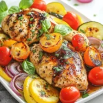 - 4 boneless, skinless chicken breasts - 1 cup cherry tomatoes, halved - 1 medium red onion, sliced - 2 cups zucchini, sliced into half-moons The chicken is the star of this dish. Use fresh, boneless chicken breasts for the best taste. Pair it with colorful veggies. Cherry tomatoes add sweetness. Red onions give a nice crunch. Zucchini adds a soft texture and absorbs flavors well. - ¼ cup balsamic vinegar - 3 tablespoons olive oil - 2 tablespoons honey - 3 cloves garlic, minced The marinade makes the chicken juicy and full of flavor. Balsamic vinegar adds a tangy kick. Olive oil keeps the chicken moist. Honey brings out the sweetness. Minced garlic adds depth. Mix these well for the best taste. - 1 teaspoon dried oregano - Salt and pepper to taste - Fresh basil leaves for garnish Seasoning is key for flavor. Dried oregano adds an earthy note. Salt and pepper enhance all the tastes. Fresh basil leaves make a beautiful and tasty garnish. They add a fresh touch when serving. {{ingredient_image_1}} - Preheat your oven to 425°F (220°C). - Line a large sheet pan with parchment paper. This makes cleanup easy. - In a small bowl, whisk together balsamic vinegar, olive oil, honey, minced garlic, dried oregano, salt, and pepper. Mix until it combines well. - Place the chicken breasts in a large bowl. - Pour half of the balsamic mixture over the chicken. - Make sure each piece is well coated. - Let the chicken marinate for at least 15 minutes. This time boosts the flavor. - Take the marinated chicken and arrange it on one side of the sheet pan. - On the other side, spread the cherry tomatoes, red onion, and zucchini. - Toss the vegetables in the rest of the balsamic mixture to coat them evenly. - Place the sheet pan in the oven. - Bake for 25-30 minutes. - Check the chicken's internal temperature. It should reach 165°F (75°C). - The veggies should be tender when done. Marinating chicken is key to a great taste. It lets the flavors soak in. For this recipe, a marinating time of at least 15 minutes works well. You can even marinate it overnight for a deeper flavor. Try adding more spices, like paprika or thyme, to switch things up. A pinch of crushed red pepper can add a nice heat. Don't be afraid to experiment with herbs that you love. To keep chicken tender, avoid overcooking. Use a meat thermometer to check for an internal temperature of 165°F (75°C). That’s the sweet spot for juicy chicken. For the vegetables, cut them into even sizes. This helps them cook at the same rate. Toss them well in the marinade so they soak up all that balsamic goodness. Pair the chicken with sides like rice or a fresh salad. Roasted potatoes also work great. They complement the dish well. For a final touch, drizzle some of the pan juices over the chicken and veggies. This adds flavor and makes it look beautiful. Fresh basil leaves on top not only look nice, but they add a fresh taste as well. Pro Tips Marinate Longer for Flavor: For even more intense flavor, consider marinating the chicken for up to 2 hours in the refrigerator. Uniform Vegetable Size: Cut the zucchini and other vegetables into similar sizes to ensure they cook evenly and at the same rate. Use Fresh Herbs: Fresh basil or oregano can enhance the dish's flavor significantly compared to dried herbs; add them just before serving. Check Chicken Temperature: Always use a meat thermometer to check that the chicken reaches an internal temperature of 165°F (75°C) for safety. {{image_2}} You can change proteins if you want. Tofu works great for a plant-based meal. It absorbs flavors well and gives a nice texture. Pork is another option. Choose pork tenderloin for a juicy bite. For vegetables, you can switch things up too. Bell peppers add a sweet crunch. Broccoli or asparagus can bring a fresh taste. Use what you have on hand. The key is to keep it colorful. Want to try something new? Add unique ingredients to your dish. Fresh herbs like rosemary or thyme can boost flavor. Zest from a lemon or lime can add brightness. You can also play with marinades. Try a honey mustard mix for a sweet kick. A soy sauce base can give a different twist. Explore flavors that excite you. Each change can make this dish unique! To store leftover Sheet Pan Balsamic Chicken, first let it cool down. Then, place the chicken and vegetables in an airtight container. Make sure to separate the chicken from the veggies if you prefer. This helps keep them fresh. You can keep leftovers in the fridge for up to four days. If you want to keep them longer, freeze them. Frozen leftovers are good for up to three months. Just label your containers with the date. When you reheat the chicken, use the oven or microwave. The oven gives the best results. Preheat it to 350°F (175°C). Place the chicken and veggies on a baking sheet. Cover them with foil to keep moisture in. Heat for about 15-20 minutes, or until warmed through. If using a microwave, heat in short bursts. Check often to avoid drying out the chicken. Adding a splash of water can also help keep it juicy. Enjoy your meal again, just as good as the first time! You can serve this dish with many sides. Here are some great options: - Rice: Both white and brown rice pair well. - Quinoa: A protein-rich grain that adds texture. - Pasta: A simple pasta dressed in olive oil works nicely. - Salad: A fresh green salad adds crunch. - Bread: Crusty bread can help soak up the juices. Yes, you can make the marinade ahead of time. Here are some tips: - Mix the marinade and store it in the fridge. - Keep it in an airtight container for up to 3 days. - When ready, marinate the chicken for at least 15 minutes. - For deeper flavor, marinate for a few hours or overnight. Absolutely, this recipe is great for meal prep. Here are some tips: - Cook a double batch and store leftovers in containers. - Keep the chicken and veggies separate for best flavor. - Store in the fridge for 3 to 4 days. - Reheat in the oven or microwave when ready to eat. This article covered a simple, tasty recipe for Sheet Pan Balsamic Chicken. You learned about the key ingredients, like fresh chicken and veggies, and how to create a flavorful marinade. I shared tips on marinating, cooking, and serving. Remember, making this dish is easy! You can also try different proteins and veggies for variety. Storing leftovers properly ensures you enjoy them later too. Enjoy cooking and make this meal your own!