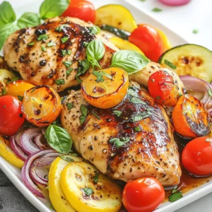 - 4 boneless, skinless chicken breasts - 1 cup cherry tomatoes, halved - 1 medium red onion, sliced - 2 cups zucchini, sliced into half-moons The chicken is the star of this dish. Use fresh, boneless chicken breasts for the best taste. Pair it with colorful veggies. Cherry tomatoes add sweetness. Red onions give a nice crunch. Zucchini adds a soft texture and absorbs flavors well. - 1/4 cup balsamic vinegar - 3 tablespoons olive oil - 2 tablespoons honey - 3 cloves garlic, minced The marinade makes the chicken juicy and full of flavor. Balsamic vinegar adds a tangy kick. Olive oil keeps the chicken moist. Honey brings out the sweetness. Minced garlic adds depth. Mix these well for the best taste. - 1 teaspoon dried oregano - Salt and pepper to taste - Fresh basil leaves for garnish Seasoning is key for flavor. Dried oregano adds an earthy note. Salt and pepper enhance all the tastes. Fresh basil leaves make a beautiful and tasty garnish. They add a fresh touch when serving. {{ingredient_image_1}} - Preheat your oven to 425°F (220°C). - Line a large sheet pan with parchment paper. This makes cleanup easy. - In a small bowl, whisk together balsamic vinegar, olive oil, honey, minced garlic, dried oregano, salt, and pepper. Mix until it combines well. - Place the chicken breasts in a large bowl. - Pour half of the balsamic mixture over the chicken. - Make sure each piece is well coated. - Let the chicken marinate for at least 15 minutes. This time boosts the flavor. - Take the marinated chicken and arrange it on one side of the sheet pan. - On the other side, spread the cherry tomatoes, red onion, and zucchini. - Toss the vegetables in the rest of the balsamic mixture to coat them evenly. - Place the sheet pan in the oven. - Bake for 25-30 minutes. - Check the chicken's internal temperature. It should reach 165°F (75°C). - The veggies should be tender when done. Marinating chicken is key to a great taste. It lets the flavors soak in. For this recipe, a marinating time of at least 15 minutes works well. You can even marinate it overnight for a deeper flavor. Try adding more spices, like paprika or thyme, to switch things up. A pinch of crushed red pepper can add a nice heat. Don't be afraid to experiment with herbs that you love. To keep chicken tender, avoid overcooking. Use a meat thermometer to check for an internal temperature of 165°F (75°C). That’s the sweet spot for juicy chicken. For the vegetables, cut them into even sizes. This helps them cook at the same rate. Toss them well in the marinade so they soak up all that balsamic goodness. Pair the chicken with sides like rice or a fresh salad. Roasted potatoes also work great. They complement the dish well. For a final touch, drizzle some of the pan juices over the chicken and veggies. This adds flavor and makes it look beautiful. Fresh basil leaves on top not only look nice, but they add a fresh taste as well. Pro Tips Marinate Longer for Flavor: For even more intense flavor, consider marinating the chicken for up to 2 hours in the refrigerator. Uniform Vegetable Size: Cut the zucchini and other vegetables into similar sizes to ensure they cook evenly and at the same rate. Use Fresh Herbs: Fresh basil or oregano can enhance the dish's flavor significantly compared to dried herbs; add them just before serving. Check Chicken Temperature: Always use a meat thermometer to check that the chicken reaches an internal temperature of 165°F (75°C) for safety. {{image_2}} You can change proteins if you want. Tofu works great for a plant-based meal. It absorbs flavors well and gives a nice texture. Pork is another option. Choose pork tenderloin for a juicy bite. For vegetables, you can switch things up too. Bell peppers add a sweet crunch. Broccoli or asparagus can bring a fresh taste. Use what you have on hand. The key is to keep it colorful. Want to try something new? Add unique ingredients to your dish. Fresh herbs like rosemary or thyme can boost flavor. Zest from a lemon or lime can add brightness. You can also play with marinades. Try a honey mustard mix for a sweet kick. A soy sauce base can give a different twist. Explore flavors that excite you. Each change can make this dish unique! To store leftover Sheet Pan Balsamic Chicken, first let it cool down. Then, place the chicken and vegetables in an airtight container. Make sure to separate the chicken from the veggies if you prefer. This helps keep them fresh. You can keep leftovers in the fridge for up to four days. If you want to keep them longer, freeze them. Frozen leftovers are good for up to three months. Just label your containers with the date. When you reheat the chicken, use the oven or microwave. The oven gives the best results. Preheat it to 350°F (175°C). Place the chicken and veggies on a baking sheet. Cover them with foil to keep moisture in. Heat for about 15-20 minutes, or until warmed through. If using a microwave, heat in short bursts. Check often to avoid drying out the chicken. Adding a splash of water can also help keep it juicy. Enjoy your meal again, just as good as the first time! You can serve this dish with many sides. Here are some great options: - Rice: Both white and brown rice pair well. - Quinoa: A protein-rich grain that adds texture. - Pasta: A simple pasta dressed in olive oil works nicely. - Salad: A fresh green salad adds crunch. - Bread: Crusty bread can help soak up the juices. Yes, you can make the marinade ahead of time. Here are some tips: - Mix the marinade and store it in the fridge. - Keep it in an airtight container for up to 3 days. - When ready, marinate the chicken for at least 15 minutes. - For deeper flavor, marinate for a few hours or overnight. Absolutely, this recipe is great for meal prep. Here are some tips: - Cook a double batch and store leftovers in containers. - Keep the chicken and veggies separate for best flavor. - Store in the fridge for 3 to 4 days. - Reheat in the oven or microwave when ready to eat. This article covered a simple, tasty recipe for Sheet Pan Balsamic Chicken. You learned about the key ingredients, like fresh chicken and veggies, and how to create a flavorful marinade. I shared tips on marinating, cooking, and serving. Remember, making this dish is easy! You can also try different proteins and veggies for variety. Storing leftovers properly ensures you enjoy them later too. Enjoy cooking and make this meal your own!