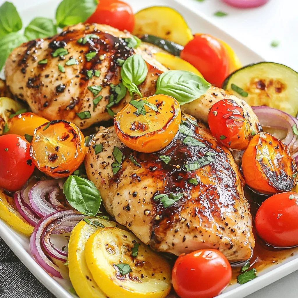 - 4 boneless, skinless chicken breasts - 1 cup cherry tomatoes, halved - 1 medium red onion, sliced - 2 cups zucchini, sliced into half-moons The chicken is the star of this dish. Use fresh, boneless chicken breasts for the best taste. Pair it with colorful veggies. Cherry tomatoes add sweetness. Red onions give a nice crunch. Zucchini adds a soft texture and absorbs flavors well. - ¼ cup balsamic vinegar - 3 tablespoons olive oil - 2 tablespoons honey - 3 cloves garlic, minced The marinade makes the chicken juicy and full of flavor. Balsamic vinegar adds a tangy kick. Olive oil keeps the chicken moist. Honey brings out the sweetness. Minced garlic adds depth. Mix these well for the best taste. - 1 teaspoon dried oregano - Salt and pepper to taste - Fresh basil leaves for garnish Seasoning is key for flavor. Dried oregano adds an earthy note. Salt and pepper enhance all the tastes. Fresh basil leaves make a beautiful and tasty garnish. They add a fresh touch when serving. {{ingredient_image_1}} - Preheat your oven to 425°F (220°C). - Line a large sheet pan with parchment paper. This makes cleanup easy. - In a small bowl, whisk together balsamic vinegar, olive oil, honey, minced garlic, dried oregano, salt, and pepper. Mix until it combines well. - Place the chicken breasts in a large bowl. - Pour half of the balsamic mixture over the chicken. - Make sure each piece is well coated. - Let the chicken marinate for at least 15 minutes. This time boosts the flavor. - Take the marinated chicken and arrange it on one side of the sheet pan. - On the other side, spread the cherry tomatoes, red onion, and zucchini. - Toss the vegetables in the rest of the balsamic mixture to coat them evenly. - Place the sheet pan in the oven. - Bake for 25-30 minutes. - Check the chicken's internal temperature. It should reach 165°F (75°C). - The veggies should be tender when done. Marinating chicken is key to a great taste. It lets the flavors soak in. For this recipe, a marinating time of at least 15 minutes works well. You can even marinate it overnight for a deeper flavor. Try adding more spices, like paprika or thyme, to switch things up. A pinch of crushed red pepper can add a nice heat. Don't be afraid to experiment with herbs that you love. To keep chicken tender, avoid overcooking. Use a meat thermometer to check for an internal temperature of 165°F (75°C). That’s the sweet spot for juicy chicken. For the vegetables, cut them into even sizes. This helps them cook at the same rate. Toss them well in the marinade so they soak up all that balsamic goodness. Pair the chicken with sides like rice or a fresh salad. Roasted potatoes also work great. They complement the dish well. For a final touch, drizzle some of the pan juices over the chicken and veggies. This adds flavor and makes it look beautiful. Fresh basil leaves on top not only look nice, but they add a fresh taste as well. Pro Tips Marinate Longer for Flavor: For even more intense flavor, consider marinating the chicken for up to 2 hours in the refrigerator. Uniform Vegetable Size: Cut the zucchini and other vegetables into similar sizes to ensure they cook evenly and at the same rate. Use Fresh Herbs: Fresh basil or oregano can enhance the dish's flavor significantly compared to dried herbs; add them just before serving. Check Chicken Temperature: Always use a meat thermometer to check that the chicken reaches an internal temperature of 165°F (75°C) for safety. {{image_2}} You can change proteins if you want. Tofu works great for a plant-based meal. It absorbs flavors well and gives a nice texture. Pork is another option. Choose pork tenderloin for a juicy bite. For vegetables, you can switch things up too. Bell peppers add a sweet crunch. Broccoli or asparagus can bring a fresh taste. Use what you have on hand. The key is to keep it colorful. Want to try something new? Add unique ingredients to your dish. Fresh herbs like rosemary or thyme can boost flavor. Zest from a lemon or lime can add brightness. You can also play with marinades. Try a honey mustard mix for a sweet kick. A soy sauce base can give a different twist. Explore flavors that excite you. Each change can make this dish unique! To store leftover Sheet Pan Balsamic Chicken, first let it cool down. Then, place the chicken and vegetables in an airtight container. Make sure to separate the chicken from the veggies if you prefer. This helps keep them fresh. You can keep leftovers in the fridge for up to four days. If you want to keep them longer, freeze them. Frozen leftovers are good for up to three months. Just label your containers with the date. When you reheat the chicken, use the oven or microwave. The oven gives the best results. Preheat it to 350°F (175°C). Place the chicken and veggies on a baking sheet. Cover them with foil to keep moisture in. Heat for about 15-20 minutes, or until warmed through. If using a microwave, heat in short bursts. Check often to avoid drying out the chicken. Adding a splash of water can also help keep it juicy. Enjoy your meal again, just as good as the first time! You can serve this dish with many sides. Here are some great options: - Rice: Both white and brown rice pair well. - Quinoa: A protein-rich grain that adds texture. - Pasta: A simple pasta dressed in olive oil works nicely. - Salad: A fresh green salad adds crunch. - Bread: Crusty bread can help soak up the juices. Yes, you can make the marinade ahead of time. Here are some tips: - Mix the marinade and store it in the fridge. - Keep it in an airtight container for up to 3 days. - When ready, marinate the chicken for at least 15 minutes. - For deeper flavor, marinate for a few hours or overnight. Absolutely, this recipe is great for meal prep. Here are some tips: - Cook a double batch and store leftovers in containers. - Keep the chicken and veggies separate for best flavor. - Store in the fridge for 3 to 4 days. - Reheat in the oven or microwave when ready to eat. This article covered a simple, tasty recipe for Sheet Pan Balsamic Chicken. You learned about the key ingredients, like fresh chicken and veggies, and how to create a flavorful marinade. I shared tips on marinating, cooking, and serving. Remember, making this dish is easy! You can also try different proteins and veggies for variety. Storing leftovers properly ensures you enjoy them later too. Enjoy cooking and make this meal your own!