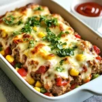 To make Cheesy Loaded Meatloaf Casserole, you need some key ingredients. Here's what you'll need: - 1 pound ground beef - ½ pound ground turkey - 1 cup breadcrumbs - ½ cup grated Parmesan cheese - ½ cup shredded cheddar cheese - ¼ cup milk - ¼ cup ketchup - 1 large egg - 1 teaspoon garlic powder - 1 teaspoon onion powder - 1 teaspoon salt - ½ teaspoon black pepper - 1 cup diced bell peppers (assorted colors) - 1 cup corn kernels (fresh or frozen) - 1 cup shredded mozzarella cheese These ingredients blend together to create a hearty dish. The mix of ground beef and turkey gives a nice texture. The cheeses add creaminess and flavor. You can take your casserole to the next level with a few garnishes. I love to top it with fresh parsley for a pop of color. You can also serve extra ketchup on the side for dipping. For a complete meal, pair it with a simple green salad or some crusty bread. This adds freshness and crunch to your dinner. Having the right tools makes cooking easier. Here are some tools I recommend: - Large mixing bowl - 9x13 inch casserole dish - Cooking spray or olive oil for greasing - Measuring cups and spoons - Mixing spoon or spatula - Oven mitts for safety These tools help you mix, bake, and serve your Cheesy Loaded Meatloaf Casserole with ease. Make sure to have them ready before you start cooking! {{ingredient_image_1}} Start by preheating your oven to 350°F (175°C). This step is key for even cooking. Next, grab a large bowl. In this bowl, mix together 1 pound of ground beef and ½ pound of ground turkey. The blend gives a nice flavor and keeps your dish moist. Add 1 cup of breadcrumbs for texture and ½ cup of grated Parmesan cheese for a savory kick. Then, pour in ¼ cup of milk and ¼ cup of ketchup. These ingredients bind the meat and add moisture. Crack in 1 large egg. This helps hold everything together. Now, sprinkle in 1 teaspoon each of garlic powder and onion powder for flavor. Season with 1 teaspoon of salt and ½ teaspoon of black pepper. Mix until just combined. Be careful not to overmix; that can make the meat tough. Finally, fold in 1 cup of diced bell peppers and 1 cup of corn. These add color and crunch. Once your meat mixture is ready, transfer it to the greased casserole dish. Shape the mixture into a loaf. Make sure it is evenly spread in the dish. This allows for even cooking and makes for easy slicing later. Place the casserole in the oven and bake for 45-50 minutes. You want the meat to cook through and reach an internal temperature of 160°F (70°C). After the time is up, take it out and sprinkle 1 cup of shredded mozzarella cheese on top. Return the casserole to the oven for another 10 minutes. This will melt the cheese and make it bubbly. After baking, let it rest for 10 minutes. This helps the juices settle, making it easier to slice. To keep your meatloaf casserole moist, mix the ingredients gently. Overmixing can make it dry. Use a mix of ground beef and turkey for better flavor and texture. The egg and milk also help lock in moisture. Adding diced bell peppers and corn adds natural juiciness. Bake it until the internal temperature hits 160°F. For perfectly melted cheese, add it during the last 10 minutes of baking. This helps it melt evenly without burning. Use a mix of mozzarella and cheddar for a tasty top layer. If you want extra browning, broil the casserole for a couple of minutes at the end. Just watch it closely so it doesn’t burn. Serve slices on a bright platter to make it pop. A drizzle of extra ketchup adds a nice touch. Sprinkle fresh parsley on top for color and freshness. Pair it with a side salad or steamed veggies for a balanced meal. You could even serve with crusty bread to soak up any sauce! Pro Tips Choose Your Meats: Mixing ground beef with turkey keeps the meatloaf moist while adding a lighter texture. Feel free to experiment with other ground meats like chicken or pork for different flavors. Don’t Overmix: When combining the meat mixture, mix just until combined to ensure your meatloaf remains tender and does not become tough. Customize the Veggies: Add any vegetables you like, such as zucchini or carrots, to enhance nutrition and flavor. Just make sure they are diced small enough to cook evenly. Rest Before Serving: Allow the casserole to rest for at least 10 minutes after baking. This helps the juices redistribute, making for cleaner slices and better flavor. {{image_2}} You can easily swap out the ground beef and turkey for other meats. Try using ground chicken or pork for a different flavor. If you want a plant-based option, use lentils or black beans. These options still give you a hearty texture without meat. Cheese can change the whole dish. Instead of mozzarella, try using gouda or pepper jack for a kick. You can also mix different cheeses. Combine cheddar with fontina for a creamy texture. For toppings, crushed chips or breadcrumbs can add crunch. Just sprinkle them on top before the last bake. Adding veggies boosts flavor and nutrition. Try chopped spinach or mushrooms for depth. You can also add spices like paprika or cayenne for heat. Fresh herbs like thyme or basil can brighten the dish. Feel free to toss in some olives or jalapeños for extra zing. The key is to balance flavors to match your taste. To keep your Cheesy Loaded Meatloaf Casserole fresh, let it cool first. Use an airtight container. Cut the casserole into slices for easy storage. Store in the fridge for up to three days. Make sure to place a piece of parchment paper between layers if stacking. When it's time to enjoy leftovers, preheat your oven to 350°F (175°C). Place the slices in a baking dish. Cover with foil to keep it moist. Heat for about 20 minutes. You can also microwave slices for 1-2 minutes. Just cover them with a damp paper towel to prevent drying out. If you want to save some for later, freezing is a great option. Wrap individual slices in plastic wrap. Then, place them in a freezer-safe bag or container. This way, they stay fresh for up to three months. When ready to eat, thaw in the fridge overnight. Reheat as mentioned above for the best taste. Yes, you can make this casserole ahead. Prepare the meat mixture and shape it. Then, cover it tightly and store it in the fridge for up to 24 hours. When you're ready to bake, just pop it in the oven. This makes dinner easy on busy nights. If you don’t have breadcrumbs, try using crushed crackers or oats. Both options add texture and flavor. You can even use panko for a crunchier bite. Just make sure to adjust the amount of milk if needed to keep it moist. The best way to check is with a meat thermometer. Insert it into the center of the meatloaf. It should read 160°F (70°C) when done. If you don’t have a thermometer, cut into the meatloaf. The inside should not be pink, and juices should run clear. You’ve learned how to make a Cheesy Loaded Meatloaf Casserole. We covered key ingredients, easy steps, and useful tips for a moist dish. Variations let you customize flavors, and I showed you how to store leftovers. This dish is fun to make and share. I hope you try it soon! Enjoy every cheesy bite.