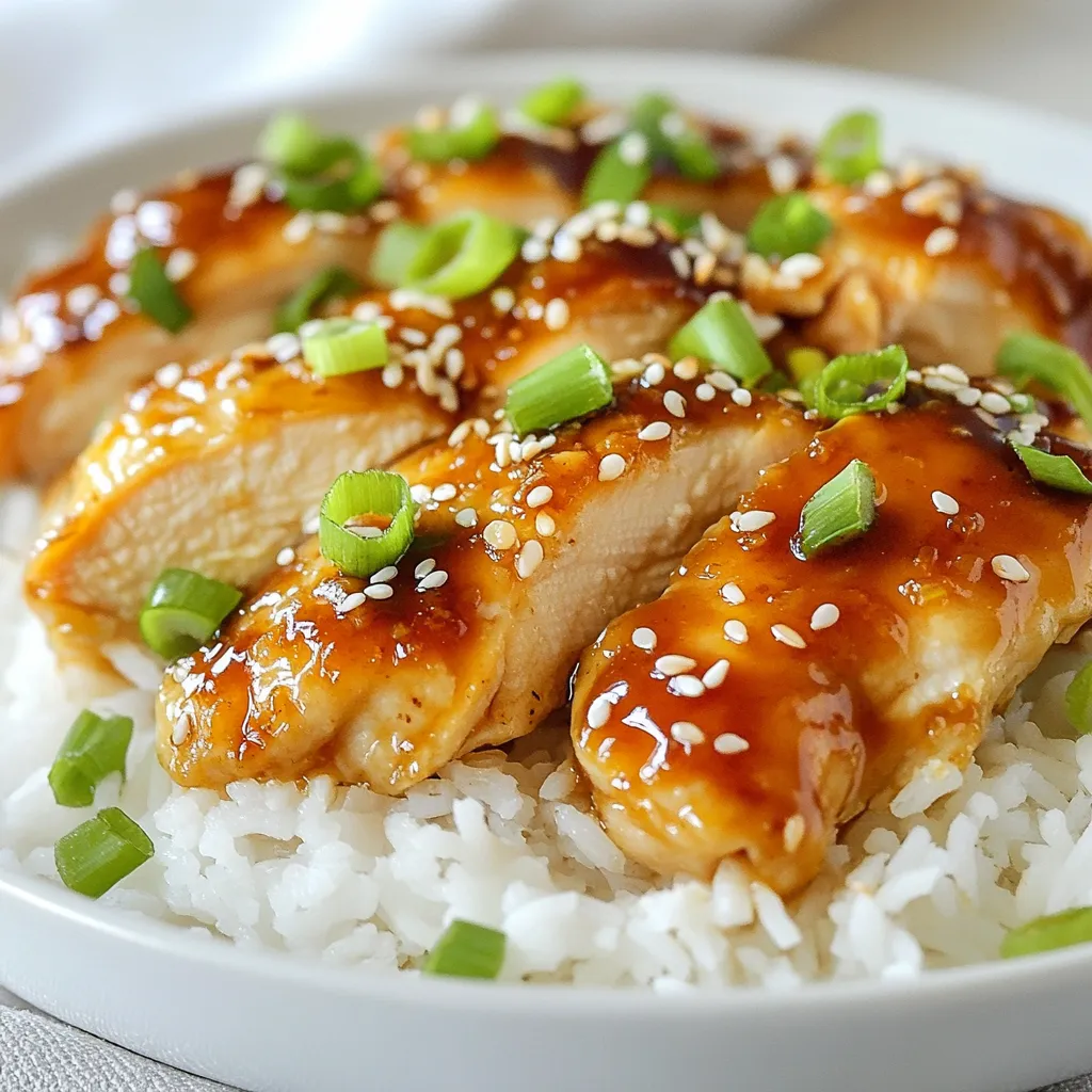 For this Chinese honey garlic chicken breast, you need: - 2 boneless, skinless chicken breasts - ¼ cup honey - 3 tablespoons soy sauce (low sodium) - 4 cloves garlic, minced - 1 tablespoon freshly grated ginger - 1 tablespoon rice vinegar - 1 tablespoon sesame oil - 1 teaspoon cornstarch mixed with 2 tablespoons water (slurry) - ½ teaspoon black pepper You can enhance your dish with: - 2 scallions, chopped (for garnish) - Sesame seeds (for garnish) - Cooked rice (for serving) If you don't have certain items, try these swaps: - Use chicken thighs for a juicier bite. - Replace honey with maple syrup for a different sweetness. - Use tamari instead of soy sauce for a gluten-free option. - Swap rice vinegar with apple cider vinegar if needed. These ingredients bring balance and flavor to the dish. The honey adds sweetness, while soy sauce provides saltiness. Garlic and ginger give depth, making every bite special. Enjoy cooking! {{ingredient_image_1}} To start, you need to make the marinade. In a medium bowl, whisk together: - ¼ cup honey - 3 tablespoons soy sauce - 4 cloves garlic, minced - 1 tablespoon freshly grated ginger - 1 tablespoon rice vinegar - 1 tablespoon sesame oil - ½ teaspoon black pepper This blend gives your chicken a sweet and savory flavor. After mixing, place the chicken breasts in a resealable bag or a shallow dish. Pour the marinade over the chicken. Seal the bag or cover the dish. Let the chicken marinate in the fridge for at least 30 minutes. For deeper flavor, you can leave it for up to 2 hours. Next, preheat your oven to 375°F (190°C). Line a baking dish with parchment paper for easy cleanup. Remove the chicken from the marinade, but save that flavorful liquid for later. Place the chicken breasts in the prepared baking dish. Bake in the oven for 25-30 minutes. Check the chicken's internal temperature; it should reach 165°F (75°C) to be safe to eat. After baking, let the chicken rest for 5 minutes before slicing. Resting helps keep the chicken juicy. While the chicken bakes, let’s make the sauce. Transfer the reserved marinade to a small saucepan over medium heat. Bring it to a simmer, stirring often. After a few minutes, add a cornstarch slurry made from 1 teaspoon of cornstarch mixed with 2 tablespoons of water. Stir constantly until the sauce thickens, which should take about 2-3 minutes. Once the chicken is done and rested, slice it. Drizzle the thickened sauce over the chicken, then sprinkle with chopped scallions and sesame seeds. This adds a nice touch and extra flavor. Enjoy your meal over a bed of cooked rice! To get the best taste from your Honey Garlic Chicken, follow these tips: - Marinate the chicken for at least 30 minutes. This step adds strong flavor. - For more depth, let it marinate up to 2 hours. You'll notice a big difference. - Use fresh garlic and ginger. They make the sauce vibrant and tasty. - Preheat your oven to the right temperature. This ensures even cooking. - Use a meat thermometer. Aim for 165°F (75°C) to avoid undercooked chicken. This dish pairs well with simple sides: - Serve the chicken on a bed of warm cooked rice. The rice absorbs the sauce. - Add steamed vegetables for color and nutrition. Broccoli or green beans work great. - Garnish with scallions and sesame seeds for a fresh look. It adds crunch too. - A light salad on the side can balance the meal. Try a cucumber salad for a cool bite. Avoid these pitfalls for the best results: - Don’t skip the marinating step. Skipping it means missing out on flavor. - Overcooking the chicken makes it dry. Keep an eye on the timer. - Forgetting to reserve marinade for the sauce is a common mistake. This sauce ties the dish together. - Not letting the chicken rest after baking can lead to dry meat. Give it a few minutes before cutting. By following these tips, you’ll achieve a flavorful and well-presented Honey Garlic Chicken that impresses everyone at the table! Pro Tips Marination Time: Allow the chicken to marinate for at least 2 hours for maximum flavor absorption, or even overnight if time permits. Temperature Check: Always use a meat thermometer to ensure the chicken reaches an internal temperature of 165°F (75°C) for safe consumption. Thick Sauce Tip: If you prefer a thicker sauce, let it simmer for an extra minute or two after adding the cornstarch slurry until you reach the desired consistency. Serving Suggestion: Pair the chicken with steamed broccoli or snap peas to add color and nutrition to your meal. {{image_2}} You can cook Honey Garlic Chicken in several ways. Baking is the easiest method. It keeps the chicken moist and flavorful. You can also grill it for a smoky taste. Simply marinate the chicken as usual, then grill for about 6-7 minutes on each side. Another option is stir-frying. This method cooks the chicken quickly and gives a nice char. Just slice the chicken into strips before cooking. Each method offers a unique texture and taste. You can easily change the flavor of Honey Garlic Chicken. To make it spicy, add red pepper flakes or sriracha to the marinade. This gives the dish a nice kick. For a sweeter version, increase the honey. You can also add orange juice or zest for a fruity twist. Mixing in a bit of hoisin sauce can add depth and richness. These simple changes keep the dish exciting and fun. Pairing your Honey Garlic Chicken with different sides can enhance the meal. Serve it over jasmine rice or brown rice for added texture. You might also try quinoa or cauliflower rice for a low-carb option. Steamed broccoli, snap peas, or carrots add color and nutrition. For crunch, sprinkle some crushed peanuts or cashews on top. Each side brings something new to the table and makes your meal more balanced. To store leftover honey garlic chicken, let it cool first. Place the chicken in an airtight container. Make sure to add any extra sauce on top. You can store it in the fridge for up to three days. This keeps the chicken moist and tasty. When you’re ready to eat, take the chicken from the fridge. You can reheat it in the microwave or oven. For the microwave, place the chicken on a plate and cover it with a damp paper towel. Heat it for 1-2 minutes. For the oven, preheat it to 350°F (175°C). Place the chicken in a baking dish and cover it with foil. Heat for about 10-15 minutes. This keeps the chicken juicy. If you want to save some for later, freezing is a great option. Wrap the chicken tightly in plastic wrap or foil. Then, place it in a freezer-safe bag. Make sure to label it with the date. The chicken stays good in the freezer for up to three months. When you’re ready to eat it, thaw it in the fridge overnight. Then, reheat as described above for best results. Yes, you can use chicken thighs. They add more flavor and stay juicy. Thighs are darker meat. This makes them tender and rich. They also absorb the marinade well. Just make sure to adjust cooking time. Thighs may need a bit longer to cook through. You can marinate chicken for at least 30 minutes. For best flavor, marinate for up to 2 hours. This helps the chicken soak up the tasty honey garlic sauce. If you marinate too long, the chicken can become mushy. So, stick to the time limit for great results. Honey Garlic Chicken pairs well with many sides. Here are some ideas: - Steamed broccoli - Fried rice - Stir-fried vegetables - Garlic mashed potatoes - A fresh salad These sides balance the sweet flavors of the chicken. They add color and nutrition to your meal. Enjoy mixing and matching them to find your favorite combo! In this blog post, we explored the key ingredients and steps to make Honey Garlic Chicken. You learned about marinating, cooking, and preparing the sauce. I shared tips for great flavor and how to avoid common mistakes. We also looked at different variations and how to store leftovers. Remember, cooking is fun and creative. Don’t hesitate to tweak the recipe to suit your taste. Enjoy your dish and make it your own!