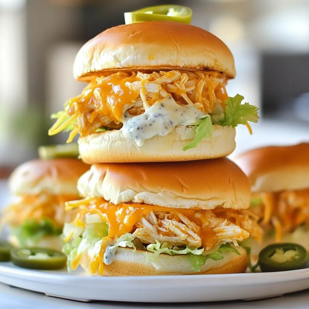 - 2 cups shredded cooked chicken - ½ cup buffalo sauce - ¼ cup blue cheese dressing - 8 slider buns To make Buffalo chicken sliders, start with shredded cooked chicken. This gives a nice texture. Mix in buffalo sauce to add heat and flavor. The blue cheese dressing brings creaminess and cools the spice. Use fresh slider buns for a perfect base. - Sliced jalapeños - Olive oil - ¼ cup diced celery - ½ cup shredded lettuce You can add sliced jalapeños for more heat. Brushing the buns with olive oil helps them grill nicely. Diced celery adds crunch, while shredded lettuce adds freshness. These optional ingredients enhance the taste and texture of your sliders. - 4 slices of cheddar cheese, cut in half - Blue cheese (for topping) Cheddar cheese melts well and adds a rich flavor. You can also top with blue cheese for a bold taste. Mix and match these cheeses based on your preference to make your sliders even more delicious. {{ingredient_image_1}} To start, mix the shredded chicken with buffalo sauce. This gives your sliders that classic spicy flavor. I suggest using ½ cup of buffalo sauce, but feel free to adjust it. If you like less heat, use less sauce. If more heat sounds good, add extra sauce or some sliced jalapeños. Next, preheat your grill or grill pan over medium heat. This step is key for getting those perfect buns. Lightly brush the cut sides of the slider buns with olive oil. This helps them grill up nice and crispy. Grill the buns for about 1-2 minutes until they are golden brown. Keep an eye on them to avoid burning. Now it’s time to assemble the sliders. Start by placing a big scoop of the buffalo chicken mixture on the bottom half of each slider bun. Then, add a half slice of cheddar cheese on top of the chicken. For a creamy touch, spoon some blue cheese dressing mixed with diced celery over the cheese. Finish with a handful of shredded lettuce for crunch. Top each slider with the other half of the bun. If you want, secure them with a toothpick. For an extra kick, add a slice of jalapeño on top. Serve immediately with extra blue cheese dressing on the side for dipping. Enjoy your flavorful party treat! To get the best bun texture, choose soft slider buns. Lightly grill them with olive oil for a crisp exterior. This step adds flavor and keeps your sliders from getting soggy. Balancing flavors is key. I like mixing blue cheese dressing with diced celery. It gives a nice crunch and creaminess. You can also add sliced jalapeños for extra heat. Adjust the buffalo sauce to match your taste. Buffalo chicken sliders pair well with a fresh salad or crispy fries. You can serve them with carrot and celery sticks for crunch. A cold drink like lemonade or iced tea complements the spicy flavor. For sides, think about coleslaw. It adds a cool contrast to the heat of the sliders. You could also serve potato chips for a fun crunch. If you have leftover sliders, store them in an airtight container. They will stay fresh for up to three days in the fridge. For reheating, use an oven or toaster oven. This keeps the buns crisp. Avoid the microwave, as it can make the buns chewy. Just warm them at 350°F for about 10 minutes. Pro Tips Adjust the Heat: Feel free to modify the amount of buffalo sauce based on your spice preference. Start with less and add more to taste. Perfectly Grilled Buns: Keep an eye on the slider buns while grilling to prevent them from burning. A minute or two is usually enough for a nice golden brown. Make Ahead: Prepare the buffalo chicken mixture in advance and store it in the fridge. This allows for quick assembly when you're ready to serve. Extra Flavor: Experiment with different cheeses like pepper jack for an added kick or mozzarella for a milder taste. {{image_2}} You can play with the flavor of your sliders. For a spicy kick, use a hot buffalo sauce. If you prefer mild, go for a milder sauce. This lets everyone enjoy the dish their way. For a vegetarian twist, replace chicken with shredded jackfruit or cauliflower. These options still soak up buffalo sauce well. They create a tasty and satisfying slider for non-meat eaters. Buffalo chicken sliders make great party appetizers. Their small size and big flavor please guests easily. You can serve them alongside extra blue cheese dressing for dipping. This adds another layer of flavor. You can also turn these sliders into a creamy dip. Mix the buffalo chicken with cream cheese and serve with chips or veggies. This fun twist makes it easy for guests to enjoy. If you love sliders, try other tasty variations. Think BBQ pulled pork sliders or classic cheeseburger sliders. Each offers a new flavor experience and is easy to make. You can also explore recipes for homemade sauces. A tangy ranch or zesty garlic sauce pairs well with many dishes. These sauces can elevate your party spread and keep guests coming back for more. Each Buffalo Chicken Slider has about 300 calories. This count includes different nutrients that make up the meal. Here's how it breaks down: - Carbohydrates: 28 grams - Protein: 18 grams - Fat: 15 grams These sliders pack a punch with flavor and nutrients. You can enjoy them without guilt, especially when serving at a party. Buffalo Chicken Sliders can fit into many diets. They are not gluten-free because of the slider buns. However, you can make them keto-friendly by skipping the buns or using lettuce wraps. Check the labels on your buffalo sauce and blue cheese dressing to ensure they fit your dietary needs. If you want to make your sliders lighter, consider these swaps: - Dressing Alternatives: Use Greek yogurt instead of blue cheese dressing for fewer calories. - Bun Choices: Try whole grain or low-carb buns for a healthier option. You can even use sweet potato slices as a base. These simple changes let you enjoy your sliders while keeping health in mind. Buffalo Chicken Sliders can last about 3 to 4 days in the fridge. For best results, store them in an airtight container. This keeps them fresh and tasty. If you notice any strange smell or mold, it's time to toss them out. Yes, using rotisserie chicken is a great idea! It saves time and adds flavor. The chicken is already cooked and juicy. Just shred it, mix it with buffalo sauce, and you’re ready to go. Here are some great sides to serve: - Celery sticks with ranch dressing - Sweet potato fries - A fresh garden salad - Chips and salsa - Cold drinks like soda or lemonade These dishes make a fun and tasty meal! To add heat without losing flavor, try these tips: - Increase the amount of buffalo sauce - Add sliced jalapeños on top - Mix in some crushed red pepper flakes - Use a hotter brand of buffalo sauce These options give you control over the spice level. Enjoy the heat! Buffalo Chicken Sliders are easy to make and full of flavor. We covered key ingredients, step-by-step instructions, and tips for perfect sliders. Remember to customize your meal with optional ingredients and variations. Balancing flavors is important for the best taste. With this guide, you're ready to impress guests or enjoy a tasty treat. Keep it simple, and have fun experimenting with your sliders. Enjoy your cooking and the delicious results!