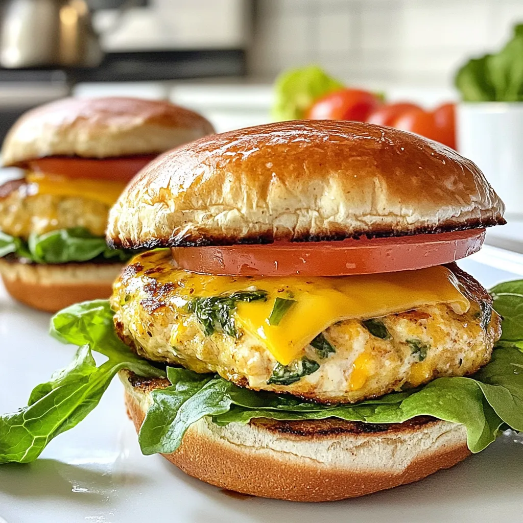 You need 1 pound of ground chicken. This is the main protein in our burgers. It keeps the burgers juicy and flavorful. Use 1 cup of fresh spinach, finely chopped. Spinach adds a nice touch of color and nutrition. It also makes the burgers moist. You’ll want ½ cup of shredded white cheddar cheese. This cheese melts well and gives a sharp, creamy taste. It pairs perfectly with the chicken. Add ¼ cup of breadcrumbs. They help bind the mixture together. Breadcrumbs also keep the patties from falling apart while cooking. You need 1 small onion, finely diced, and 2 cloves of minced garlic. These add great flavor to the burgers. Sautéing them brings out their sweetness. Use 1 teaspoon of salt, ½ teaspoon of black pepper, and ½ teaspoon of paprika. For a little heat, add ¼ teaspoon of red pepper flakes (optional). These spices enhance the taste of the chicken. You’ll need 4 whole wheat burger buns. For toppings, fresh lettuce and tomato work well. They add crunch and freshness to the meal. {{ingredient_image_1}} First, heat 1 tablespoon of olive oil in a skillet over medium heat. Add the diced onion and minced garlic. Sauté them for about 3 to 4 minutes. You want the onion to turn soft and clear. This step brings out the sweet flavor of the onion. Once done, remove the skillet from the heat and let it cool for a bit. Grab a large mixing bowl. Add 1 pound of ground chicken to the bowl. Then, mix in the sautéed onion and garlic. Next, toss in 1 cup of finely chopped spinach. Now, add ½ cup of shredded white cheddar cheese. Don’t forget the ¼ cup of breadcrumbs, 1 teaspoon of salt, ½ teaspoon of black pepper, and ½ teaspoon of paprika. If you like some heat, add ¼ teaspoon of red pepper flakes. Mix everything well, but be gentle. You don’t want to overwork the chicken. Now, divide the chicken mixture into four equal parts. Shape each part into a patty. To help them cook evenly, press a small indentation in the center of each patty. This helps keep the burgers flat as they cook. Preheat your grill or a stovetop grill pan over medium-high heat. Place the patties on the grill. Grill them for about 5 to 6 minutes on each side. Cook until they reach an internal temperature of 165°F (75°C). The outside should be golden brown and slightly crispy. While the burgers are cooking, you can toast the buns. Place the whole wheat burger buns on the grill for the last minute of cooking. Toast them just until they are lightly crispy. This adds a nice texture to your burgers. Now it’s time to put it all together. Take a toasted bun and place a chicken patty on it. Top the patty with fresh lettuce and slices of tomato. You can add your favorite sauces if you like. Serve these burgers right away for the best taste. To make great patties, start with cold chicken. Cold meat helps keep the texture right. Mix gently to keep air in the meat. This keeps your burgers tender and juicy. Make a small dent in the middle before cooking. This helps them cook evenly. Fresh herbs can bring your burgers to life. Try adding chopped basil or parsley. These herbs add a bright taste that pairs well with chicken. You can also use dill for a unique twist. A little goes a long way, so start small. When mixing the chicken, don’t overdo it. Overworking can make the meat tough. Just mix until the ingredients blend well. This keeps your burgers soft and easy to bite into. Remember, gentle hands make happy burgers! Pair your burgers with simple sides. Sweet potato fries or a fresh salad work well. You can also serve them with roasted veggies for a tasty touch. For a light option, go with coleslaw. These sides add color and flavor to your meal. Pro Tips Keep it Juicy: Make sure not to overwork the chicken while mixing. This helps prevent the burgers from becoming tough and dry. Mind the Indentation: Create a slight indentation in the center of each patty. This technique helps the burgers cook evenly and prevents them from puffing up. Check Temperature: Use a meat thermometer to ensure your chicken burgers reach an internal temperature of 165°F (75°C) for safe consumption. Experiment with Toppings: While lettuce and tomato are classic, feel free to get creative with toppings like avocado, pickles, or spicy aioli for added flavor. {{image_2}} You can switch up the cheese for fun. Try gouda or mozzarella for a creamier bite. Each cheese brings its own flavor and texture. I love how sharp cheddar adds a kick. Use your favorite cheese to make these burgers your own. Want some heat? Add diced chili or jalapeños to the mix. They give a fiery punch that pairs well with the cheese. Start with a small amount and adjust to your spice level. You can always add more, but you can't take it out! For a low-carb meal, skip the buns. Use large lettuce leaves to wrap the burger. This keeps it light and fresh. You still get all the great flavors without the extra carbs. Plus, it adds a nice crunch! If you want a veggie option, try using a portobello mushroom. Grill the mushroom caps instead of making patties. They soak up flavor and have a meaty texture. Top them with cheese and your favorite toppings for a tasty twist. You can keep leftover patties in the fridge for up to three days. Place them in an airtight container. Make sure they cool down before you seal them. This helps keep them fresh and safe to eat later. If you want to freeze uncooked burgers, lay them flat on a tray first. Freeze until solid, then transfer them to a freezer bag. They will last for about three months. Cooked burgers can also be frozen. Just wrap each one in foil or plastic wrap. They can stay good for about two months in the freezer. To reheat cooked burgers, the oven works best. Preheat it to 350°F (175°C). Place the burgers on a baking sheet and cover them loosely with foil. Heat for about 15 minutes or until warm. You can also use a microwave. Heat each burger for about 1-2 minutes, but this may make them a bit soggy. Enjoy your tasty burgers again! You can check the internal temperature. Use a meat thermometer. The safe temperature is 165°F (75°C). If you see no pink inside, they are ready. The outside should be golden brown. This means they are cooked well. Yes, ground turkey works great. It has a similar texture. The taste will change slightly. Turkey is also leaner than chicken. Use the same amount as the chicken. Great toppings include: - Lettuce - Tomato slices - Avocado - Red onion - Pickles - Sliced jalapeños for heat Feel free to mix and match your favorites. To make these burgers gluten-free, swap regular breadcrumbs for gluten-free ones. Check the burger buns too. Use gluten-free buns for the best results. You can also use lettuce wraps instead of buns. This keeps it light and fresh. This article covered how to make delicious White Cheddar Spinach Chicken Burgers. I shared key ingredients, easy steps, and tips to boost flavor. There are fun burger variations, too, like adding different cheeses or spices. Remember, cooking is about trying new things. Don’t fear making your own twist on my recipe. Enjoy creating tasty meals that make you happy!