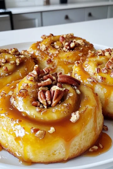 - 4 cups all-purpose flour - 1 packet (2 ¼ tsp) instant yeast - ½ cup granulated sugar - 1 teaspoon salt - ¼ cup unsalted butter, melted - 1 cup warm milk (about 110°F or 43°C) - 2 large eggs - 1 teaspoon vanilla extract - 1 cup light brown sugar - ½ cup unsalted butter, softened (for filling) - 1 cup chopped pecans - 1 tablespoon ground cinnamon - 1 cup caramel sauce (store-bought or homemade) Each ingredient plays a key role in the flavor and texture of these sticky buns. The all-purpose flour gives the buns structure. The instant yeast helps them rise quickly. Granulated sugar adds sweetness, while salt balances the flavors. Butter enhances richness, and warm milk activates the yeast. Eggs provide moisture and richness. Vanilla extract adds depth. Light brown sugar brings a slight molasses flavor, great for the filling. Pecans add crunch and a nutty taste. Ground cinnamon gives that warm, cozy flavor. Lastly, caramel sauce creates that gooey, sticky finish we all love. You can swap out some ingredients if needed. For flour, try whole wheat for a nutty taste. Use almond milk instead of regular milk for a dairy-free option. You can replace eggs with flaxseed meal mixed with water for a vegan choice. If you want a lower sugar option, use a sugar substitute like stevia or monk fruit sweetener. For caramel sauce, you can use a homemade version with brown sugar and butter or try a vegan caramel made from dates. Finally, if you don’t have pecans, walnuts or almonds work well too. To start, gather your ingredients. In a large bowl, mix 2 cups of flour, instant yeast, sugar, and salt. Blend these dry ingredients well. In another bowl, whisk together warm milk, melted butter, eggs, and vanilla. Pour this mixture into the dry mix and stir until combined. Gradually add the rest of the flour until a soft dough forms. Knead this dough on a floured surface for 5 to 7 minutes until it feels smooth and elastic. Next, take a greased bowl and place the dough inside. Cover it with a kitchen towel and set it in a warm spot. Let it rise for about 1 hour or until it doubles in size. This step is key for fluffy buns. While the dough rises, prepare the filling. In a small bowl, mix the softened butter, light brown sugar, cinnamon, and chopped pecans. Blend these ingredients until they are well combined. This filling adds a rich flavor and delightful crunch to your sticky buns. When your dough has risen, punch it down gently. Roll it out on a floured surface into a rectangle about ¼ inch thick. Spread the filling evenly over the dough. Starting from one end, roll the dough tightly into a log. Cut this log into 12 equal pieces. Now, it’s time to bake. Grease a baking dish and pour the caramel sauce at the bottom. Place the cut pieces of dough on top of the caramel. Cover the dish with a kitchen towel and let it rise again for about 30 minutes. While it rises, preheat your oven to 350°F (175°C). After the second rise, bake the sticky buns in your preheated oven for 25 to 30 minutes, or until they turn golden brown. Once baked, let them cool in the pan for 5 minutes. Carefully invert them onto a serving platter. Drizzle any leftover caramel over the buns and sprinkle with extra pecans if you like. Serve warm for a delightful treat! To get the best dough, focus on the kneading. Knead for 5 to 7 minutes. This makes the dough smooth and elastic. Use just enough flour to keep it from sticking. If the dough feels too sticky, add a bit more flour. If it feels dry, a touch of warm milk will help. Let it rise in a warm spot, covered with a towel. It should double in size, which can take about one hour. For a deeper flavor, try adding a pinch of nutmeg along with the cinnamon. You can also mix in some vanilla extract to the dough. This adds a nice touch. Consider using dark brown sugar instead of light brown sugar. It gives a richer flavor. Chopped pecans add crunch. You could swap these with walnuts or almonds if you desire a different taste. If your sticky buns are too dry, you might have overbaked them. Keep an eye on them in the oven. If they are too gooey, they may not have baked long enough. Make sure they become golden brown. If the dough does not rise, the yeast might be old or the milk too hot. Always test your yeast before using it. Mix it with warm water and sugar. If it bubbles, it’s good to go. {{image_2}} You can change the nuts in these sticky buns. Instead of pecans, try walnuts or almonds. Both add a nice crunch. If you want a sweeter touch, use hazelnuts. Chop them finely and mix them into the filling. This gives your buns a new flavor twist. Want to spice things up? Add 1 teaspoon of vanilla or coffee to the dough. Both flavors blend well with caramel. You can also try a hint of orange zest or almond extract for a fresh taste. Just remember, a little goes a long way. If you need a vegan option, swap eggs with flaxseed meal. Use plant-based milk and butter, and make sure the caramel sauce is dairy-free. For gluten-free buns, substitute all-purpose flour with a gluten-free blend. Just be sure to check that your yeast is gluten-free too. These changes keep your sticky buns tasty and fun for everyone! To keep your caramel pecan sticky buns fresh, store them in an airtight container. This helps to lock in moisture and flavor. Place the container at room temperature. They stay good for about two days. If you want to keep them longer, consider refrigerating them. However, this may dry them out a bit. To enjoy your sticky buns again, reheat them in the microwave. Place one bun on a plate and cover it with a damp paper towel. Heat for about 15-20 seconds. This keeps the bun soft and warm. If you prefer a crispy outer layer, pop them in the oven. Set the oven to 350°F (175°C) and bake for about 10 minutes. You can freeze these sticky buns to save for later. First, let them cool completely. Then, wrap each bun tightly in plastic wrap, followed by foil. This keeps freezer burn away. Store them in the freezer for up to three months. When you’re ready to eat them, thaw them overnight in the fridge. Reheat as described above for the best taste. To help your sticky buns rise, use warm milk. The milk should be about 110°F (43°C). This temperature activates the yeast. Mix the dry ingredients first. Then combine them with the wet mix. Knead the dough well on a floured surface. Place it in a greased bowl. Cover it with a towel. Put it in a warm area. Let it rise until it doubles in size, about one hour. Yes, you can make these buns ahead of time! Prepare the dough and filling as usual. After you cut the rolls, place them in the baking dish. Cover them tightly and place them in the fridge overnight. In the morning, let them sit at room temperature for about 30 minutes. Then bake them as directed. This way, you can enjoy warm sticky buns with ease. If you need a substitute for caramel sauce, try using honey or maple syrup. Both options add sweetness and flavor. You can also make a simple homemade caramel using sugar and butter. Just heat them together until they melt and blend. Pour this over the buns for a tasty twist. Enjoy exploring these alternatives! This blog post covered all you need to know about making delicious sticky buns. We explored key ingredients, provided step-by-step instructions, and shared tips for perfecting your dough. You learned how to add unique flavors and variations, plus the best ways to store and reheat your buns. Remember, baking is fun! With practice, you’ll impress everyone with your treats. Try new ingredients and enjoy the process. Happy baking!