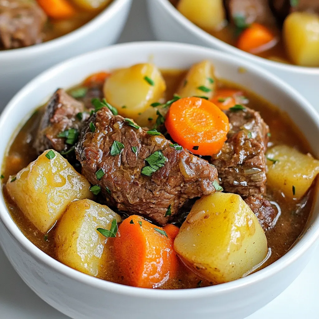 To make a classic crockpot beef stew, you need the following ingredients: - 2 pounds beef chuck, cut into 1-inch cubes - 4 medium carrots, sliced - 3 medium potatoes, diced - 1 onion, chopped - 3 cloves garlic, minced - 4 cups beef broth - 2 tablespoons Worcestershire sauce - 1 tablespoon tomato paste - 1 teaspoon dried thyme - 1 teaspoon dried rosemary - Salt and pepper to taste - 2 tablespoons olive oil - 2 tablespoons cornstarch (optional, for thickening) These ingredients create a hearty stew that warms the soul. The beef chuck is perfect because it becomes tender during slow cooking. Carrots and potatoes add sweetness and texture. The onion and garlic provide a strong base for flavor. The beef broth keeps everything moist and rich. Worcestershire sauce and tomato paste deepen the taste. Thyme and rosemary bring in earthy notes that enhance the dish. Use fresh vegetables for the best taste. If you want a thicker stew, cornstarch is a simple option. Just mix it with water before adding it to the pot. This stew is all about balance and comfort in each bite. {{ingredient_image_1}} To start, season the beef cubes with salt and pepper. Heat olive oil in a skillet over medium-high heat. Add the beef in batches. Sear each piece until brown on all sides. This step is key. Browning the beef builds deep flavor. It makes your stew rich and tasty. Once done, transfer the beef to your crockpot. Next, you will sauté the aromatics. In the same skillet, add the chopped onion. Cook until the onion softens, about 3 to 4 minutes. Then, add the minced garlic. Cook for one more minute while stirring. This brings out their flavors. Once they're ready, transfer them to the crockpot. Now, it's time to combine everything. In the crockpot, add the sliced carrots, diced potatoes, and beef broth. Then, pour in the Worcestershire sauce and tomato paste. Sprinkle in the dried thyme and rosemary. Stir gently to mix all the ingredients. This step ensures that every bite is full of flavor. Cover the crockpot with its lid. Set it to low for 8 to 10 hours or high for 4 to 5 hours. The goal is to cook until the beef is tender and the vegetables are soft. Using low heat allows flavors to meld together. High heat cooks faster but may not deepen flavors as much. If you want a thicker stew, you can use cornstarch. Mix it with a little cold water to make a slurry. Stir this into the stew about 30 minutes before serving. Continue cooking on high until the stew thickens. This step gives your stew a nice, hearty texture. Before serving, taste the stew. Adjust the salt and pepper if needed. This ensures the flavors are just right. For a nice presentation, serve the stew in deep bowls. Add freshly chopped parsley on top for color. Pair it with crusty bread for dipping. Enjoy your warm bowl of comfort! For the best beef stew, I recommend using beef chuck. It has a good mix of meat and fat. This cut becomes tender during slow cooking. Look for meat with some marbling. Marbling means small fat lines in the meat. This fat helps keep the beef juicy and tender. To boost the flavor of your stew, add herbs and spices. I like to use dried thyme and rosemary. They give a warm, earthy taste. You can also try bay leaves or paprika for a twist. Adding Worcestershire sauce gives a savory depth. A splash of red wine can also enhance flavors. Just remember to cook off the alcohol. Different slow cooker models can cook at different speeds. If your crockpot cooks fast, check the stew after 3 hours on high. If it cooks slow, it may need up to 10 hours on low. If you want a thicker stew, mix cornstarch with water. Stir this mixture into the stew about 30 minutes before serving. This will help thicken the stew nicely. Pro Tips Choose Quality Meat: For the best flavor and tenderness, opt for well-marbled beef chuck. The fat will render down during cooking, making the stew rich and delicious. Prep Your Veggies Ahead: Chop your carrots and potatoes in advance and store them in water to prevent browning. This saves time and ensures your vegetables stay fresh. Layer Flavors: Don’t skip the searing step! Browning the beef adds a depth of flavor that will enhance your stew, making it more savory and satisfying. Adjust to Your Taste: Feel free to customize the herbs and spices to suit your preferences. Add a bay leaf, some paprika, or even a dash of hot sauce for extra kick! {{image_2}} You can add portobello mushrooms to your beef stew for a rich, earthy flavor. For this, slice two to three large portobello mushrooms. Add them to the crockpot after you add the beef and vegetables. The mushrooms will soak in the broth and deepen the taste. They also add a nice texture that pairs well with the tender beef. If you want a meatless stew, you can easily make a vegetarian version. Instead of beef, use two cans of beans, like kidney or black beans. You can also add a cup of lentils for protein. Replace the beef broth with vegetable broth. Follow the same steps, and you’ll have a filling and hearty stew that everyone can enjoy. You can spice things up with different flavors from around the world. For a French twist, add a bay leaf and some fresh parsley. If you want an Italian flair, mix in some Italian seasoning and a splash of red wine. For a Mexican kick, try adding cumin, chili powder, and diced tomatoes. Each of these spices will change the stew’s flavor profile, making it a fun and exciting dish. For storing your beef stew, choose airtight containers. Glass or plastic containers with tight lids work best. Make sure the stew cools down before sealing. This helps avoid steam buildup. You can refrigerate it for up to 3 days. If you want to save it longer, freeze it. Use freezer-safe containers or heavy-duty bags. When freezing, leave some space for the stew to expand. To reheat, use a pot over low heat. This keeps the stew flavorful and moist. Stir it often to prevent sticking. You can also microwave it in short bursts. Heat it until it's warm all the way through. Be careful not to overcook it. Overcooking can make the beef tough. Beef stew lasts about 3 days in the fridge. In the freezer, it can last 2-3 months. Always check for signs of spoilage. Look for off smells, changes in color, or mold. If you see any of these, it's best to toss it. Enjoy your hearty stew while it's fresh! Yes, you can use frozen beef. Just remember to thaw it first. Thawing helps the beef cook evenly. If you use frozen beef, it may take longer to cook. Make sure to check that the beef is fully cooked before serving. Always aim for tender meat. Beef stew pairs well with many sides. Consider serving it with: - Crusty bread for dipping - Mashed potatoes for added creaminess - Rice for a filling option - Green salad for freshness These sides balance the rich flavors of the stew. You can make beef stew on the stove or in the oven. For stovetop cooking: 1. Sear the beef in a large pot. 2. Add onions and garlic, then the rest of the ingredients. 3. Simmer for about 2 to 3 hours on low heat. For oven cooking, follow the same steps, then cover and bake at 350°F for 2 to 3 hours. Yes, you can easily adjust the recipe. To make more servings, simply double the ingredients. If you need fewer servings, halve the recipe. Cooking time may vary slightly with larger or smaller amounts. Always taste and adjust seasonings to keep flavors balanced. This article shared everything you need to make a hearty beef stew. We covered key ingredients, step-by-step cooking, helpful tips, and fun variations. A good stew warms the soul and is a classic comfort food. Remember, you can adjust the recipe to match your taste or dietary needs. With practice, you'll master the perfect stew every time. Enjoy your cooking journey, and don’t hesitate to experiment! Your next family meal could be a delicious stew worth sharing.