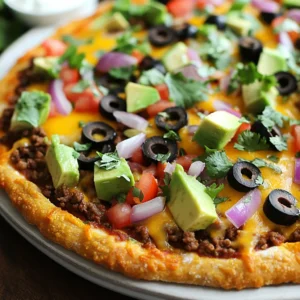 - Pre-made or homemade pizza crust - 1 cup refried beans - 1 cup cooked ground beef or turkey - 1 cup shredded cheddar cheese - 1/2 cup salsa - 1 small red onion, thinly sliced - 1 medium tomato, diced - 1/2 cup black olives, sliced - 1 avocado, diced - 1/4 cup chopped fresh cilantro - 1 tablespoon sour cream (optional) - 1 tablespoon olive oil - Salt and pepper to taste When I make this Mexican pizza, I love using fresh ingredients. They make a big difference in taste. The first key ingredient is the pizza crust. You can buy it or make it at home. Homemade crust is fun but can take time. Next, I spread refried beans on the crust. Beans add creaminess and flavor. After that, I layer in cooked ground beef or turkey. I season the meat with taco spices. This step adds a rich, savory taste. Cheddar cheese is next. I use shredded cheese for a good melt. Salsa adds a zesty touch. Fresh veggies like red onion, tomato, and black olives bring crunch and color. I also love adding avocado for creaminess and cilantro for freshness. Don't forget the olive oil. It helps the pizza crust crisp up nicely. Lastly, season with salt and pepper. You can also add optional toppings like sour cream and extra salsa. This gives your pizza a fun twist and even more flavor. {{ingredient_image_1}} 1. Preheat your oven. Set it to 425°F (220°C). This step gets the oven hot for a great bake. 2. Prepare your pizza crust. If you use a homemade crust, roll it out. Make it your desired thickness. Place it on a pizza stone or baking sheet. 3. Spread refried beans. Use 1 cup and spread it evenly on the crust. Leave a small border at the edge. 4. Layer ground meat. Take 1 cup of cooked ground beef or turkey. Spread it over the beans evenly. 5. Add salsa and cheese. Pour 1/2 cup of salsa over the meat. Then, sprinkle 1 cup of shredded cheddar cheese on top. 6. Include vegetables and seasonings. Add sliced red onion, diced tomato, and black olives on top. Drizzle with 1 tablespoon of olive oil. Lightly season with salt and pepper. - Bake time and temperature. Place the pizza in the oven. Bake for about 12-15 minutes. - Visual indicators of doneness. Look for bubbly cheese and a golden-brown crust. - Cooling and garnishing tips. Let the pizza cool for a few minutes after baking. - Serving suggestions. Top with diced avocado and fresh cilantro. You can add sour cream if you like. Serve it hot with extra salsa on the side! You can easily make this Mexican pizza your own. For a vegetarian option, skip the meat and add extra beans. You can use black beans or pinto beans for added texture. Also, consider adding more veggies like bell peppers or corn. If you want to adjust the spice, add jalapeños or hot salsa. You can also use mild salsa if you prefer less heat. When choosing a crust, you have two main options: store-bought or homemade. If you use store-bought, look for a high-quality crust. It should be thick enough to hold all your toppings. If you make your own, roll it out to your preferred thickness. A thicker crust gives a nice chew, while a thinner one gets crispy. Pre-baking the crust for a few minutes helps it stay firm with all those toppings. For cheese, shredded cheddar is a great choice. It melts well and has a rich flavor. You can also mix in Monterey Jack or pepper jack for a twist. For toppings, think beyond basics. Consider adding fresh jalapeños for heat, or pineapple for a sweet touch. You can also try different herbs, like oregano or basil, for a fresh finish. Don't forget the avocado and cilantro; they add a burst of freshness! Pro Tips Use Fresh Ingredients: Fresh vegetables and herbs will elevate the flavor of your pizza, making it more vibrant and delicious. Customize Your Toppings: Feel free to swap out ingredients based on your preferences; try adding jalapeños for heat or corn for sweetness. Perfect the Crust: For a crispy crust, pre-bake your pizza crust for a few minutes before adding toppings. Garnish Generously: Don't skimp on the toppings after baking; fresh avocado and cilantro add a refreshing touch just before serving. {{image_2}} You can switch the meat in your pizza. Ground beef or turkey works great. But you can also use chicken or pork. If you want to skip meat, try adding more beans. This keeps it filling and tasty. You can even mix different meats for extra flavor. Choose what you love most! If you want a plant-based pizza, look for a vegan crust. Many stores sell gluten-free crusts too. For cheese, try dairy-free options. There are many brands that melt well. These choices let everyone enjoy the pizza. It’s all about finding what works for you. Spice up your pizza by adding herbs and spices. Cilantro, cumin, or chili powder can add a kick. You can also try extra sauces. Hot sauce or a drizzle of BBQ sauce can change the flavor. Get creative with what you have! Enjoy the fun of mixing flavors and making it your own. To keep your Mexican pizza fresh, you should refrigerate it. Wrap the pizza in plastic wrap or foil. Place it in an airtight container to avoid drying out. This helps keep the flavors intact. Leftovers will last about 3 to 4 days in the fridge. You can reheat your pizza in two ways: the oven or the microwave. The oven gives you a crispy crust. Preheat the oven to 350°F (175°C). Place the pizza on a baking sheet. Heat it for about 10 minutes. The microwave is faster but can make the crust soft. If using the microwave, heat it for 30 seconds at a time. Add a cup of water in the microwave to help keep the crust crispy. To freeze your pizza, first, let it cool completely. Wrap each slice tightly in plastic wrap. Then, place the slices in a freezer bag. Remove as much air as possible. This will keep your pizza fresh for 2 to 3 months in the freezer. To thaw, place the pizza in the fridge overnight. For reheating, use the oven for best results. Heat at 350°F (175°C) for about 15 minutes. This will make your crust nice and crispy again! A Mexican pizza is a fun twist on traditional pizza. It blends classic pizza tastes with Mexican flavors. Picture a crispy crust topped with refried beans, seasoned meat, salsa, and cheese. You get a layered dish full of zest and crunch. Each bite is a mix of savory beans, meat, and fresh veggies. It's a delicious way to enjoy two cuisines in one meal. Yes, you can easily make this recipe vegetarian! Simply swap the meat for plant-based options. Use black beans or lentils for protein. You can also add more veggies, like bell peppers or mushrooms. These choices keep the flavor strong and satisfying. Making pizza crust from scratch is simple! Here’s a basic recipe: - 2 cups all-purpose flour - 1 packet (2 1/4 tsp) active dry yeast - 3/4 cup warm water - 1 tsp salt - 1 tsp sugar - 1 tbsp olive oil Mix the yeast, sugar, and warm water. Let it sit for 5 minutes. Then, add salt and olive oil. Gradually mix in the flour until a dough forms. Knead for 5 minutes, then let it rise for about 30 minutes. Roll it out, and it’s ready for toppings! If you want to spice up your Mexican pizza, try these options: - Add jalapeños, either fresh or pickled. - Sprinkle cayenne pepper or red pepper flakes on top. - Use a spicier salsa with more heat. These additions kick up the flavor and heat without changing the overall dish. Pairing sides can enhance your meal! Here are some great options: - A fresh garden salad with lime vinaigrette. - Chips and guacamole for a crunchy side. - Mexican street corn (elote) for a tasty treat. These sides balance the pizza and add color to your plate. This blog post covered how to make a tasty Mexican pizza. We discussed the ingredients, like refried beans and fresh veggies. You learned step-by-step instructions for preparation and baking. We shared tips on customizing your pizza and ensuring a perfect crust. Don't forget about storage options for leftovers and ways to reheat them. Enjoy creating your delicious masterpiece! With so many flavors and options, each bite can be new and exciting. Happy cooking!