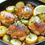 - 4 boneless, skinless chicken thighs - 4 medium-sized baby potatoes, halved - 4 tablespoons unsalted butter - 4 cloves garlic, minced - 1 teaspoon dried thyme - 1 teaspoon paprika - Salt and pepper, to taste - Fresh parsley, chopped (for garnish) - Lemon wedges (for serving) Gathering the right ingredients is key to making garlic butter chicken and potatoes. The chicken thighs provide juicy flavor, while the baby potatoes add a nice texture. Unsalted butter gives that rich taste we love. I use garlic because it adds depth. Thyme and paprika bring warmth and earthiness to the dish. Don't forget salt and pepper, which help balance the flavors. Fresh parsley adds a pop of color and freshness. Serve with lemon wedges for a zesty kick that brightens the meal. This mix of ingredients makes each bite a delight. From savory to tangy, you get a full experience. The key is using fresh ingredients for the best taste. Trust me, every bite will make you smile! {{ingredient_image_1}} Start by patting the chicken thighs dry. This helps them brown better. Next, season both sides well. Use salt, pepper, paprika, and thyme. This mix adds great flavor. In a large skillet, melt two tablespoons of butter over medium heat. Add the halved baby potatoes, cut side down. Cook them for 10-12 minutes. You want them golden and crispy. Stir occasionally to help them cook evenly. Once done, remove the potatoes and set them aside. In the same skillet, add the rest of the butter. Let it melt, then add the chicken thighs. Cook each side for 5-7 minutes. They should be browned and cooked through. The internal temperature needs to reach 165°F (75°C). Reduce the heat to low. Add the minced garlic to the skillet. SautĂ© for 1-2 minutes. You want it fragrant but not burnt. This step brings a lovely aroma to the dish. Return the crispy potatoes to the skillet. Toss them with the chicken and garlic butter mix. Cook for an additional 2-3 minutes. This helps the flavors meld together nicely. Remove the skillet from heat. Garnish with freshly chopped parsley. Serve with lemon wedges on the side. The lemon adds a fresh, zesty flavor to the dish. To get the best chicken, always check the internal temperature. You want it to be 165°F or 75°C. Use a meat thermometer for accuracy. Cooking time can change based on how thick your chicken is. Thicker pieces need more time. Thin pieces cook faster, so keep an eye on them. For crispy potatoes, start by cutting them in half. Place them cut side down when cooking. This helps form a nice crust. Stir the potatoes while they cook. This action ensures they cook evenly and get that golden color you want. To boost flavor, add herbs like rosemary or oregano. They work well with garlic and butter. You can also try using fresh herbs instead of dried ones. For a twist, add garlic at different stages. You can roast it or even sprinkle garlic powder on the potatoes. These options give you a rich taste in every bite. Pro Tips Pat the Chicken Dry: This step helps to achieve a nice sear on the chicken, enhancing the flavor and texture. Use Fresh Garlic: Freshly minced garlic yields better flavor than pre-minced or jarred garlic, elevating the dish's taste. Donât Overcrowd the Skillet: Cooking in batches if necessary ensures even cooking and browning of the chicken and potatoes. Adjust Seasonings to Taste: Feel free to tweak the salt, pepper, and spices according to your preference for a personalized flavor. {{image_2}} You can easily swap chicken thighs for chicken breasts. Chicken breasts cook a bit faster, so check them after five minutes on each side. You might also try pork chops or turkey cutlets. Make sure to cook these proteins to an internal temperature of 165°F. This keeps your meal safe and tasty. Adding more veggies makes this dish colorful and healthy. You can toss in green beans or bell peppers. Chop them into bite-sized pieces. Add them to the skillet with the chicken for the last five minutes. This way, they stay crisp and fresh. You can also try carrots or zucchini for more variety. Mixing up the seasonings can change the whole taste. Try adding rosemary or oregano instead of thyme. For a spicy kick, add red pepper flakes. You can also marinate the chicken in lemon juice or balsamic vinegar before cooking. Let it sit for at least 30 minutes for more intense flavor. To keep your garlic butter chicken and potatoes fresh, follow these steps: - Let the dish cool to room temperature. - Place it in an airtight container. - Store it in the fridge for up to three days. You can reheat your meal using two methods: - Oven: Preheat your oven to 350°F (175°C). Place the food in an oven-safe dish. Cover with foil and heat for about 15-20 minutes. - Skillet: Heat a skillet over medium heat. Add a splash of water or broth to keep it moist. Cook for about 5-7 minutes, stirring occasionally. If you want to save some for later, hereâs how to freeze it: - Cool the dish completely before freezing. - Transfer it to a freezer-safe container or bag. - Make sure to remove as much air as possible. - It can stay frozen for up to three months. When ready to eat, thaw in the fridge overnight before reheating. Yes, you can use different potatoes. Russet potatoes work well, too. They take about 15-20 minutes to cook. Yukon Gold potatoes are also great. They need about the same time as baby potatoes. Just cut them into similar sizes for even cooking. To check if the chicken is done, use a meat thermometer. The internal temperature should reach 165°F or 75°C. You can also cut into the chicken. The meat should be white, not pink. Juices should run clear. You can prep ahead of time. Season the chicken and chop the potatoes a day before. Store them in the fridge. Cook them fresh when youâre ready. This keeps the meal tasty and warm. You can serve a green salad for freshness. Steamed broccoli or green beans add color and crunch. For a heartier meal, try bread rolls or rice. These sides balance the rich flavors of the chicken and potatoes. This dish combines tasty chicken thighs, crispy potatoes, and rich garlic butter. Follow the steps, tips, and variations for a delightful meal. Remember to focus on cooking times to ensure everything is perfect. Experiment with different proteins and veggies to make it your own. Storing and reheating leftovers is simple, too. Enjoy this easy recipe with friends and family for a great experience. Happy cooking!