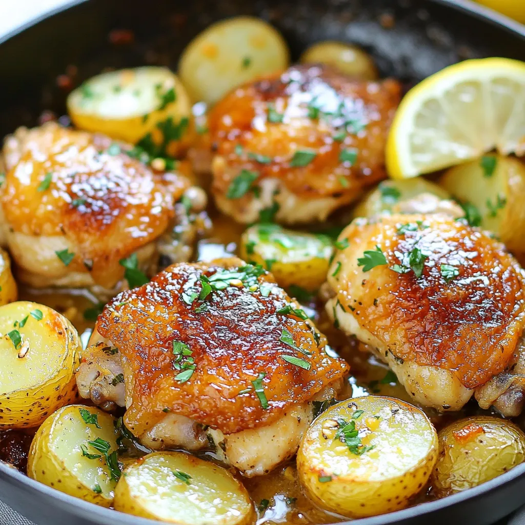 - 4 boneless, skinless chicken thighs - 4 medium-sized baby potatoes, halved - 4 tablespoons unsalted butter - 4 cloves garlic, minced - 1 teaspoon dried thyme - 1 teaspoon paprika - Salt and pepper, to taste - Fresh parsley, chopped (for garnish) - Lemon wedges (for serving) Gathering the right ingredients is key to making garlic butter chicken and potatoes. The chicken thighs provide juicy flavor, while the baby potatoes add a nice texture. Unsalted butter gives that rich taste we love. I use garlic because it adds depth. Thyme and paprika bring warmth and earthiness to the dish. Don't forget salt and pepper, which help balance the flavors. Fresh parsley adds a pop of color and freshness. Serve with lemon wedges for a zesty kick that brightens the meal. This mix of ingredients makes each bite a delight. From savory to tangy, you get a full experience. The key is using fresh ingredients for the best taste. Trust me, every bite will make you smile! {{ingredient_image_1}} Start by patting the chicken thighs dry. This helps them brown better. Next, season both sides well. Use salt, pepper, paprika, and thyme. This mix adds great flavor. In a large skillet, melt two tablespoons of butter over medium heat. Add the halved baby potatoes, cut side down. Cook them for 10-12 minutes. You want them golden and crispy. Stir occasionally to help them cook evenly. Once done, remove the potatoes and set them aside. In the same skillet, add the rest of the butter. Let it melt, then add the chicken thighs. Cook each side for 5-7 minutes. They should be browned and cooked through. The internal temperature needs to reach 165°F (75°C). Reduce the heat to low. Add the minced garlic to the skillet. SautĂ© for 1-2 minutes. You want it fragrant but not burnt. This step brings a lovely aroma to the dish. Return the crispy potatoes to the skillet. Toss them with the chicken and garlic butter mix. Cook for an additional 2-3 minutes. This helps the flavors meld together nicely. Remove the skillet from heat. Garnish with freshly chopped parsley. Serve with lemon wedges on the side. The lemon adds a fresh, zesty flavor to the dish. To get the best chicken, always check the internal temperature. You want it to be 165°F or 75°C. Use a meat thermometer for accuracy. Cooking time can change based on how thick your chicken is. Thicker pieces need more time. Thin pieces cook faster, so keep an eye on them. For crispy potatoes, start by cutting them in half. Place them cut side down when cooking. This helps form a nice crust. Stir the potatoes while they cook. This action ensures they cook evenly and get that golden color you want. To boost flavor, add herbs like rosemary or oregano. They work well with garlic and butter. You can also try using fresh herbs instead of dried ones. For a twist, add garlic at different stages. You can roast it or even sprinkle garlic powder on the potatoes. These options give you a rich taste in every bite. Pro Tips Pat the Chicken Dry: This step helps to achieve a nice sear on the chicken, enhancing the flavor and texture. Use Fresh Garlic: Freshly minced garlic yields better flavor than pre-minced or jarred garlic, elevating the dish's taste. Donât Overcrowd the Skillet: Cooking in batches if necessary ensures even cooking and browning of the chicken and potatoes. Adjust Seasonings to Taste: Feel free to tweak the salt, pepper, and spices according to your preference for a personalized flavor. {{image_2}} You can easily swap chicken thighs for chicken breasts. Chicken breasts cook a bit faster, so check them after five minutes on each side. You might also try pork chops or turkey cutlets. Make sure to cook these proteins to an internal temperature of 165°F. This keeps your meal safe and tasty. Adding more veggies makes this dish colorful and healthy. You can toss in green beans or bell peppers. Chop them into bite-sized pieces. Add them to the skillet with the chicken for the last five minutes. This way, they stay crisp and fresh. You can also try carrots or zucchini for more variety. Mixing up the seasonings can change the whole taste. Try adding rosemary or oregano instead of thyme. For a spicy kick, add red pepper flakes. You can also marinate the chicken in lemon juice or balsamic vinegar before cooking. Let it sit for at least 30 minutes for more intense flavor. To keep your garlic butter chicken and potatoes fresh, follow these steps: - Let the dish cool to room temperature. - Place it in an airtight container. - Store it in the fridge for up to three days. You can reheat your meal using two methods: - Oven: Preheat your oven to 350°F (175°C). Place the food in an oven-safe dish. Cover with foil and heat for about 15-20 minutes. - Skillet: Heat a skillet over medium heat. Add a splash of water or broth to keep it moist. Cook for about 5-7 minutes, stirring occasionally. If you want to save some for later, hereâs how to freeze it: - Cool the dish completely before freezing. - Transfer it to a freezer-safe container or bag. - Make sure to remove as much air as possible. - It can stay frozen for up to three months. When ready to eat, thaw in the fridge overnight before reheating. Yes, you can use different potatoes. Russet potatoes work well, too. They take about 15-20 minutes to cook. Yukon Gold potatoes are also great. They need about the same time as baby potatoes. Just cut them into similar sizes for even cooking. To check if the chicken is done, use a meat thermometer. The internal temperature should reach 165°F or 75°C. You can also cut into the chicken. The meat should be white, not pink. Juices should run clear. You can prep ahead of time. Season the chicken and chop the potatoes a day before. Store them in the fridge. Cook them fresh when youâre ready. This keeps the meal tasty and warm. You can serve a green salad for freshness. Steamed broccoli or green beans add color and crunch. For a heartier meal, try bread rolls or rice. These sides balance the rich flavors of the chicken and potatoes. This dish combines tasty chicken thighs, crispy potatoes, and rich garlic butter. Follow the steps, tips, and variations for a delightful meal. Remember to focus on cooking times to ensure everything is perfect. Experiment with different proteins and veggies to make it your own. Storing and reheating leftovers is simple, too. Enjoy this easy recipe with friends and family for a great experience. Happy cooking!