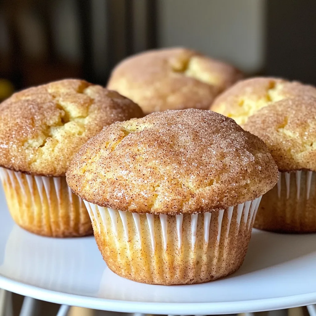 - 1 ½ cups all-purpose flour - 1 teaspoon baking powder - ½ teaspoon baking soda - ½ teaspoon salt - 1 teaspoon ground cinnamon - ½ cup unsalted butter, softened - 1 cup granulated sugar - 2 large eggs - 1 teaspoon vanilla extract - ¾ cup buttermilk - ½ cup cinnamon sugar (¼ cup granulated sugar + 1 tablespoon ground cinnamon) Gathering the right ingredients is key. I love using high-quality flour for the best texture. The baking powder and baking soda work together to make the muffins rise. Salt and cinnamon add flavor, too. For the wet mix, I prefer unsalted butter. It gives you control over the saltiness. Granulated sugar adds sweetness and helps with the muffin's texture. Eggs bind everything together. I always use fresh eggs for their richness. Vanilla adds a nice touch, and buttermilk keeps the muffins moist. For the topping, the cinnamon sugar is a must. It gives the muffins a sweet, crunchy finish. You can adjust the sugar and cinnamon to your taste. The balance of flavors makes these muffins a delight. - Preheat the oven to 350°F (175°C). - Line or grease the muffin tin. Start by preheating your oven. This step ensures even baking. Greasing or lining the muffin tin helps muffins come out easily. - Whisk the dry ingredients together. - Cream the butter and sugar. - Add eggs and vanilla to the mixture. In a bowl, whisk together the flour, baking powder, baking soda, salt, and cinnamon. This mix adds flavor and structure. In another bowl, beat the softened butter with sugar until it’s light and fluffy. This process creates air, making the muffins rise. Next, add the eggs one at a time and mix well. Finally, stir in the vanilla extract for that warm flavor. - Alternate adding dry ingredients and buttermilk. - Fill muffin tins with batter. Now it's time to combine everything. Gradually add the dry mixture and buttermilk to the butter mix, starting and finishing with the dry mix. Remember, mix gently to avoid tough muffins. Once mixed, scoop the batter into the muffin tins, filling each about two-thirds full. - Prepare the cinnamon sugar topping. - Bake and check for doneness. For the topping, mix sugar and cinnamon in a small bowl. Sprinkle it generously over the muffins before baking. Now, place the muffin tin in the oven. Bake for 18-20 minutes. To check if they are done, insert a toothpick in the center. It should come out clean. - Cool muffins in the pan. - Transfer to a wire rack. After baking, let the muffins cool in the pan for 5 minutes. This helps them firm up. Then, carefully transfer them to a wire rack to cool completely. Enjoy the delightful aroma as they cool! To make your snickerdoodle muffins fluffy, cream the butter and sugar well. I use an electric mixer for this step. Mix them for about 3 to 4 minutes. You want the mixture to be light and fluffy. This adds air to your muffins. Be careful not to overmix the batter when you combine wet and dry ingredients. Mix until you see no dry flour. Overmixing can make your muffins tough. Gently folding in the ingredients keeps them soft and airy. You can serve these muffins warm or at room temperature. They taste great either way. I like to arrange them on a rustic wooden platter. For a special touch, sprinkle extra cinnamon sugar on top just before serving. This adds a nice crunch and sweetness. Here are some essential tools for this recipe: - Electric mixer for creaming butter and sugar - Muffin tin, preferably a non-stick type - Mixing bowls for dry and wet ingredients - Whisk for combining dry ingredients Using a quality muffin tin helps your muffins bake evenly. A non-stick tin makes it easy to remove muffins without any mess. {{image_2}} You can easily change the flavor of your snickerdoodle muffins. Try adding chocolate chips or nuts for a sweet crunch. They add a rich texture that complements the cinnamon well. If you love fruit, mix in some diced apples or mashed bananas. These fruits add moisture and a hint of natural sweetness. You can even use dried fruits like raisins or cranberries for an extra twist. If you need a gluten-free version, use alternative flours like almond or coconut flour. These flours can change the texture, so experiment to find what you like best. For a vegan option, substitute butter with coconut oil and use flax eggs instead of regular eggs. Mix 1 tablespoon of flaxseed meal with 3 tablespoons of water for one egg. This will keep your muffins moist and delicious. You can get creative with the toppings too. Instead of the standard cinnamon sugar, try a streusel topping. Mix flour, sugar, and butter for a crumbly texture. It adds a nice crunch on top. Another fun option is to use flavored sugars, like maple or hazelnut. These sugars can give your muffins a unique taste that surprises your guests. To keep your muffins fresh, store them in an airtight container. This helps them stay soft and moist. Place them at room temperature if you plan to eat them within a few days. They will last about 2 to 3 days this way. If you want to keep them longer, refrigerate them. In the fridge, they can last up to a week. Just remember, cold air can dry them out, so keep them sealed tight. Freezing muffins is a great way to save them for later. To freeze, first, let the muffins cool completely. Then wrap each muffin in plastic wrap. After that, place them in a freezer-safe bag or container. This will keep them fresh for about 2 to 3 months. When you want to enjoy one, take it out and let it thaw at room temperature. You can also warm it up in the microwave for a few seconds. This helps keep the texture nice and soft. The secret to fluffy muffins lies in two key steps: using the right ingredients and mixing them correctly. - Use room temperature butter: This helps the butter cream better with sugar. - Cream well: Mix the butter and sugar until it’s light and fluffy. This takes about 3-4 minutes. - Do not overmix: When adding flour, mix until just combined. Overmixing makes the muffins dense. These steps help create air pockets, leading to a light and fluffy texture. To keep your muffins moist, focus on two important factors: buttermilk and fat content. - Buttermilk: It adds moisture and a slight tang. It helps break down gluten, making muffins softer. - Fat content: The unsalted butter also contributes to moisture. It adds richness to the muffins. Both ingredients are key to achieving that perfect moist muffin. Yes, you can use regular milk. However, you need to make a small change. - Add acid: Mix ¾ cup of regular milk with 1 tablespoon of lemon juice or vinegar. Let it sit for 5 minutes. This will mimic buttermilk’s tang and acidity. - Adjust baking powder: Using regular milk means you may need to adjust the baking powder slightly, but usually, it works well. This option helps you achieve a similar texture and flavor. Snickerdoodle muffins can last a good while when stored properly. - Room temperature: They stay fresh for about 2-3 days. Keep them in an airtight container. - Refrigerator: If you store them in the fridge, they can last up to a week. For longer storage, consider freezing. This helps maintain freshness for up to three months. You now have a simple guide to baking delicious snickerdoodle muffins. We covered the key ingredients, step-by-step instructions, and helpful tips. Remember to cream the butter and sugar well for fluffy muffins. Try out different flavors and toppings to make them your own. Proper storage keeps them fresh for longer. Enjoy these tasty treats straight from the oven or at room temperature. You have all the tools to succeed. Get ready to impress your friends and family with your baking skills!