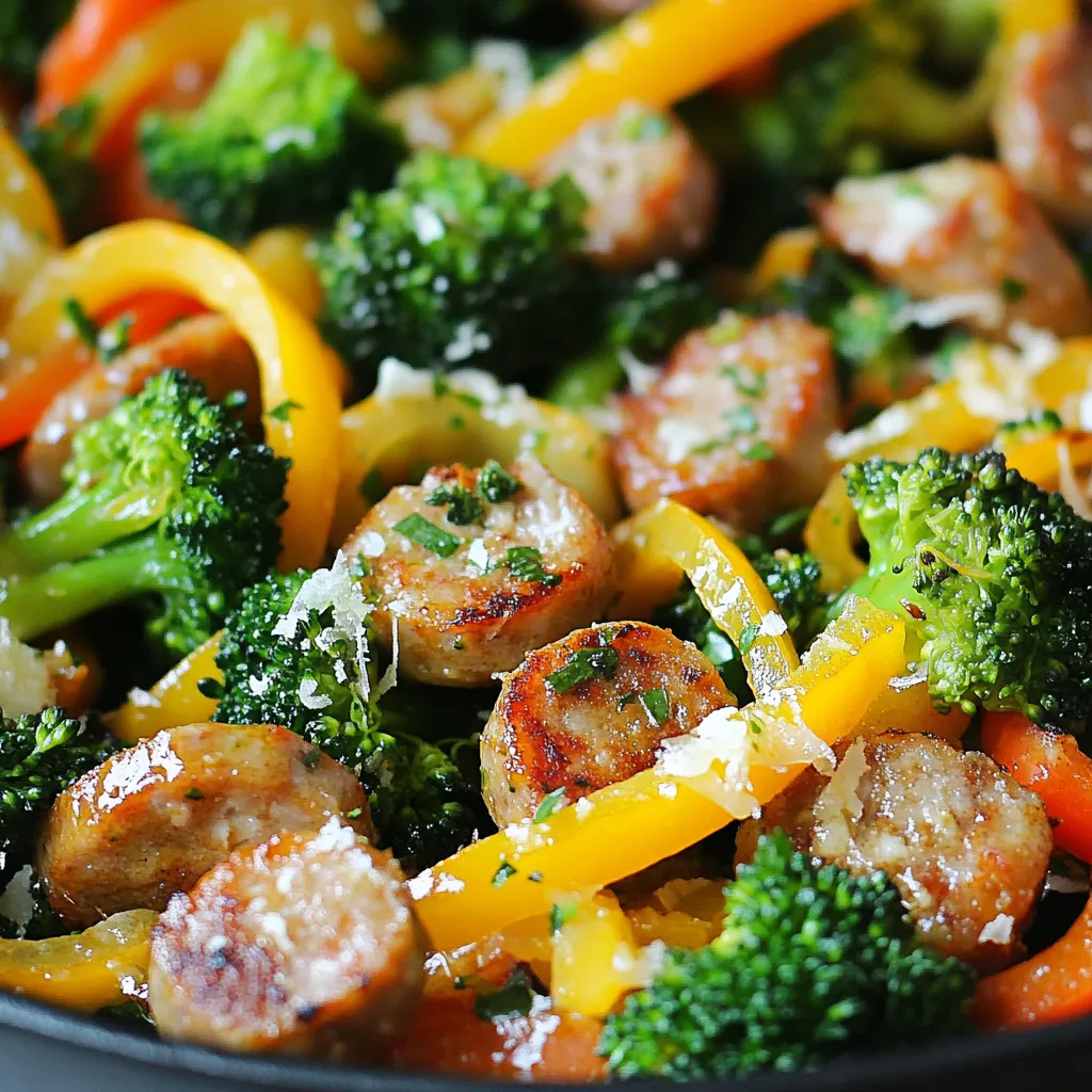 - 1 lb Italian-style chicken sausage (or your favorite sausage) - 3 cups fresh broccoli florets - 1 medium onion, thinly sliced - 3 cloves garlic, minced - 1 red bell pepper, sliced - 2 tablespoons olive oil - 1 teaspoon red pepper flakes (optional) - Salt and pepper to taste - 1 lemon, zested and juiced - ÂŒ cup grated Parmesan cheese - Fresh parsley for garnish Gathering the right ingredients makes this dish shine. For the main part, I love using Italian-style chicken sausage. It brings a fantastic flavor. Fresh broccoli florets add a nice crunch and bright color. A thinly sliced onion and minced garlic round out the base. They give the dish a warm, inviting aroma. Sliced red bell pepper adds sweetness to balance the savory sausage. The additional ingredients are just as important. Olive oil helps cook everything evenly. A sprinkle of red pepper flakes can add a little spice, but itâs optional. Don't forget salt and pepper to enhance the flavors. The lemon zest and juice brighten the dish and make it fresh. Topping with grated Parmesan cheese adds a creamy finish. Finally, fresh parsley gives a pop of color and freshness to your meal. With this mix of ingredients, you will create a hearty, flavorful meal that everyone will love. {{ingredient_image_1}} - Heat 2 tablespoons of olive oil in a large skillet over medium heat. - Add 1 pound of sliced Italian-style chicken sausage. Cook for about 5-7 minutes. The sausage should be browned and cooked through. - Add 1 thinly sliced medium onion and 3 minced garlic cloves to the skillet. - Stir often for 3-4 minutes until the onion becomes translucent. This step adds a lot of flavor. You can also toss in salt and pepper to taste. - Toss in 1 sliced red bell pepper and 3 cups of fresh broccoli florets. - Cook for an additional 5-6 minutes. Stir often until the broccoli is bright green and tender-crisp. This ensures you keep a nice texture. These steps create a flavorful base for your dish. Enjoy the delightful mix of flavors as they come together! Choosing the best sausage matters for flavor. I love Italian-style chicken sausage for its taste. You can use pork, turkey, or even a plant-based sausage if you prefer. Each type adds a unique twist to the dish. If you want a spicy kick, try a hot sausage. For a milder flavor, go with sweet sausage. To ensure even cooking, cut the veggies into similar sizes. This helps them cook at the same rate. Start cooking the sausage first, then add the onion and garlic. This builds a great base flavor. When adding broccoli, cook just until bright green. Overcooked broccoli turns mushy and loses its crunch. Stir often to keep everything cooking evenly. Fresh herbs make a big difference. Try adding basil or thyme for a fresh taste. A sprinkle of fresh parsley right before serving brightens the dish. If you want more depth, consider spices like paprika or cumin. They can add warmth and richness to your skillet. Don't forget the lemon zest and juice; they add brightness and balance the flavors. Pro Tips Use Fresh Ingredients: Fresh broccoli and quality sausage will enhance the flavor and overall quality of the dish. Adjust Spice Level: Feel free to tweak the amount of red pepper flakes based on your spice tolerance; you can also omit it for a milder flavor. Cook Broccoli Perfectly: To keep broccoli tender-crisp, avoid overcooking. It should be bright green and still have a slight crunch. Garnish for Flavor: Fresh parsley not only adds color but also a fresh flavor that brightens the dish. Don't skip it! {{image_2}} You can make this dish gluten-free by using gluten-free sausage. Many brands offer tasty options. Check labels to ensure they fit your needs. For those who prefer a vegetarian option, swap the sausage for hearty beans or tofu. This change keeps the meal filling and nutritious. Want to mix things up? Add different vegetables like carrots, zucchini, or spinach. Each will bring its own taste and color. Cheese lovers can play with different cheeses. Try mozzarella, feta, or goat cheese. Each cheese adds a unique flavor twist. Pair this skillet meal with crusty bread or a fresh salad. The bread soaks up the juices nicely. For sides, consider serving steamed rice or quinoa. They add great texture and help balance the flavors. To store leftovers, let the skillet cool down first. Place the dish in an airtight container. This keeps flavors fresh and prevents spills. I recommend using glass or BPA-free plastic containers. They seal well and let you see whatâs inside. For reheating, the best method is to use a skillet over medium heat. This warms the meal evenly. Stir it gently to keep it from sticking. You can add a splash of water or broth to help with moisture. If you want to keep the flavors strong, add a bit more lemon juice or cheese when reheating. If you want to freeze portions, let the dish cool completely first. Use freezer-safe containers or bags. Make sure to label them with the date. This way, you wonât forget how long theyâve been in there. When youâre ready to eat, thaw it overnight in the fridge. Reheat it in a skillet or microwave until hot. Yes, you can use frozen broccoli. Frozen broccoli is convenient and saves time. However, it may not have the same crispness as fresh. When using frozen broccoli, reduce cooking time. Add it to the skillet when you add the bell pepper. This way, it warms up without getting mushy. To spice it up, you have options! Add more red pepper flakes to the sausage. You can also use hot sausage for extra heat. Another choice is to mix in diced jalapeños with the onions. This will give your meal a nice kick! This dish pairs well with various sides. Here are some ideas: - Cooked rice or quinoa for a hearty base - Garlic bread to soak up the flavors - A fresh green salad for a light touch - Pasta for a filling meal option These sides will complete your hearty and flavorful meal! In this article, we explored a tasty Sausage and Broccoli Skillet dish. We covered the key ingredients, cooking steps, and helpful tips. I shared variations for different diets, storage methods, and answers to common questions. I hope this guide inspires you to try making this easy meal. With simple steps and fresh flavors, you will enjoy cooking and sharing it with others. Remember, cooking is a fun way to connect with food and people. Enjoy your delicious creation!