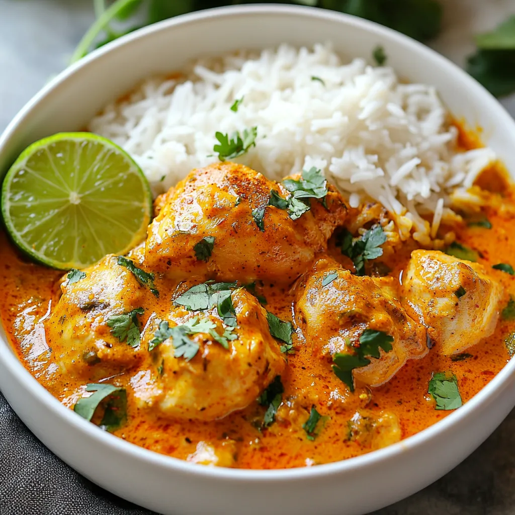 To make a great Indian chicken curry, you need some key ingredients. Here’s what you will need: - 500g chicken thighs, boneless and skinless, cut into bite-sized pieces - 2 medium onions, finely chopped - 4 garlic cloves, minced - 1-inch piece of ginger, grated - 2 medium tomatoes, pureed - 2 tablespoons cooking oil (canola or vegetable oil) - 1 cup coconut milk - Fresh cilantro leaves for garnish - Salt to taste These ingredients form the base of your curry. The chicken thighs give a nice texture. The onions, garlic, and ginger add depth to the flavor. The pureed tomatoes bring a rich tanginess, while coconut milk makes it creamy. Spices are what make Indian chicken curry exciting. Here’s the list of spices you will use: - 1 tablespoon curry powder - 1 teaspoon turmeric powder - 1 teaspoon cumin seeds - 1 teaspoon coriander powder - ½ teaspoon garam masala Each spice plays a role. Curry powder adds warmth, and turmeric gives color. Cumin seeds provide a nutty taste, while coriander adds a fresh note. Garam masala, added at the end, enhances the aroma. You can add a few optional ingredients if you want to spice it up: - 1-2 green chilies, slit (optional for extra heat) If you like heat, adding green chilies is perfect. They give a nice kick to the dish. Feel free to adjust based on your taste. {{ingredient_image_1}} To make Indian chicken curry, first gather all your ingredients. You need: - 500g chicken thighs, boneless and skinless, cut into bite-sized pieces - 2 medium onions, finely chopped - 4 garlic cloves, minced - 1-inch piece of ginger, grated - 2 medium tomatoes, pureed - 2 tablespoons cooking oil (canola or vegetable oil) - 1 tablespoon curry powder - 1 teaspoon turmeric powder - 1 teaspoon cumin seeds - 1 teaspoon coriander powder - ½ teaspoon garam masala - 1 cup coconut milk - Fresh cilantro leaves for garnish - Salt to taste - 1-2 green chilies, slit (optional for extra heat) Now, chop your onions, mince the garlic, and grate the ginger. Puree the tomatoes in a blender. This makes cooking easier. 1. Heat Oil: In a large pot, heat the cooking oil over medium heat. 2. Add Cumin Seeds: Toss in the cumin seeds. Let them sizzle for about 30 seconds until they smell nice. 3. Sauté Onions: Add the chopped onions. Cook them for about 5-7 minutes until they turn golden brown. 4. Add Garlic and Ginger: Stir in the minced garlic and grated ginger. Cook for another 2-3 minutes until fragrant. 5. Toast Spices: Add the curry powder, turmeric powder, and coriander powder. Stir for a minute to release their flavors. 6. Add Tomatoes: Pour in the pureed tomatoes. Cook for 5-8 minutes until the oil separates from the mixture. 7. Cook Chicken: Add the chicken pieces. Stir well to coat the chicken with spices. Cook for about 5 minutes until browned. 8. Add Coconut Milk: Pour in the coconut milk and season with salt. If using, add the slit green chilies. Stir to combine. 9. Simmer: Bring it to a gentle boil. Reduce the heat and cover. Let it simmer for 20-25 minutes until the chicken is tender. 10. Finish with Garam Masala: Sprinkle garam masala over the curry and stir gently. Simmer for another 5 minutes. Remove the pot from heat. Garnish your curry with freshly chopped cilantro. This adds color and flavor. Serve the curry in a deep bowl with fluffy basmati rice or warm naan. A slice of lime gives a nice kick. Enjoy your tasty Indian chicken curry! To make the best chicken curry, follow these tips: - Use fresh spices: Fresh spices enhance flavor. Store them in a cool, dark place. - Sauté onions well: Cook onions until golden brown. This adds depth to the dish. - Don’t rush the simmer: Allow the curry to simmer. This helps flavors blend together. - Add coconut milk last: Pour in the coconut milk towards the end. It keeps the sauce creamy. - Let it rest: Let the curry sit for a few minutes before serving. This deepens the taste. Serving chicken curry is fun and creative! Here are some ideas: - In a bowl: Use a deep bowl for a cozy presentation. - Garnish: Add fresh cilantro on top for color and taste. - With lime: A slice of lime brightens the dish. Encourage guests to squeeze it over the curry. Pairing your chicken curry with the right sides makes it special: - Basmati rice: Fluffy basmati rice soaks up the curry nicely. - Naan bread: Warm naan is perfect for scooping up the curry. - Raita: A cool yogurt side balances the spice. Try cucumber raita for freshness. Pro Tips Use Fresh Spices: Always opt for fresh spices to elevate the flavor of your curry. Ground spices lose their potency over time, so consider grinding whole spices just before use for the best aroma. Marinate the Chicken: For deeper flavor, marinate the chicken pieces in yogurt and spices for at least 30 minutes before cooking. This not only tenderizes the meat but also infuses it with rich flavor. Adjust the Heat: If you prefer a milder curry, reduce the number of green chilies or omit them entirely. Conversely, for extra heat, add more chilies or a pinch of cayenne pepper. Let It Rest: After cooking, allow the curry to sit for a few minutes before serving. This resting time lets the flavors meld beautifully, resulting in a more harmonious dish. {{image_2}} Butter chicken is rich and creamy. To make it, start with your chicken curry base. After adding the coconut milk, stir in 1 cup of heavy cream. This gives the dish a luscious texture. Add 1 tablespoon of butter right before serving for extra flavor. You can also sweeten it with 1 tablespoon of sugar or honey. This balances the spices and adds a nice touch. For chicken tikka masala, marinate the chicken first. Use yogurt, lemon juice, and spices like cumin and coriander. Let it sit for at least 30 minutes. Grill or bake the chicken until it's slightly charred. Then, add it to your curry base after cooking the onions and spices. Finish with a splash of cream for a smooth finish. This dish is smoky and full of flavor. You can make a tasty vegetarian version too. Replace the chicken with firm tofu, chickpeas, or mixed vegetables like bell peppers and peas. Cook them just like the chicken. Use the same spices and cooking method. If you choose tofu, press it first to remove excess water. This helps it soak up the flavors better. Serve it with basmati rice or naan for a filling meal. To keep your Indian chicken curry fresh, use an airtight container. Let it cool to room temperature first. Then, transfer it to the container and seal it tightly. Store your curry in the fridge for up to three days. This keeps the flavors intact and the chicken safe to eat. When you want to enjoy your leftover curry, reheating correctly is key. Place the curry in a saucepan over low heat. Stir it often to prevent burning. You can add a splash of water or coconut milk for moisture. Heat until it's warm throughout. This keeps the flavors rich and delicious. You can also freeze your Indian chicken curry for later. Use a freezer-safe container and leave some space at the top. The curry will expand as it freezes. Label the container with the date. It can stay in the freezer for up to three months. When you're ready to eat it, thaw it overnight in the fridge. Reheat it gently before serving. To make Indian Chicken Curry less spicy, you can skip the green chilies. Use only mild spices. Adding more coconut milk also helps cool the heat. You can add sugar or honey to balance the spice. Serve with yogurt or raita on the side; it helps tone down spice levels. Yes, you can use other meats like beef, lamb, or shrimp. Each type of meat will change the flavor. Cooking times may vary too. For example, beef takes longer to cook than chicken. You can also use tofu or chickpeas for a vegetarian option. The best sides include fluffy basmati rice, warm naan, or roti. These help soak up the curry's sauce. You can also serve with a fresh salad or cucumber raita. These sides add balance and freshness to the meal. This blog post covered everything you need for a delicious Indian chicken curry. We looked at essential ingredients, spices, and optional items for extra flavor. I shared step-by-step cooking instructions and tips for a perfect dish. You discovered tasty variations, storage methods, and answers to common questions. Enjoy exploring your new curry skills to delight your friends and family!