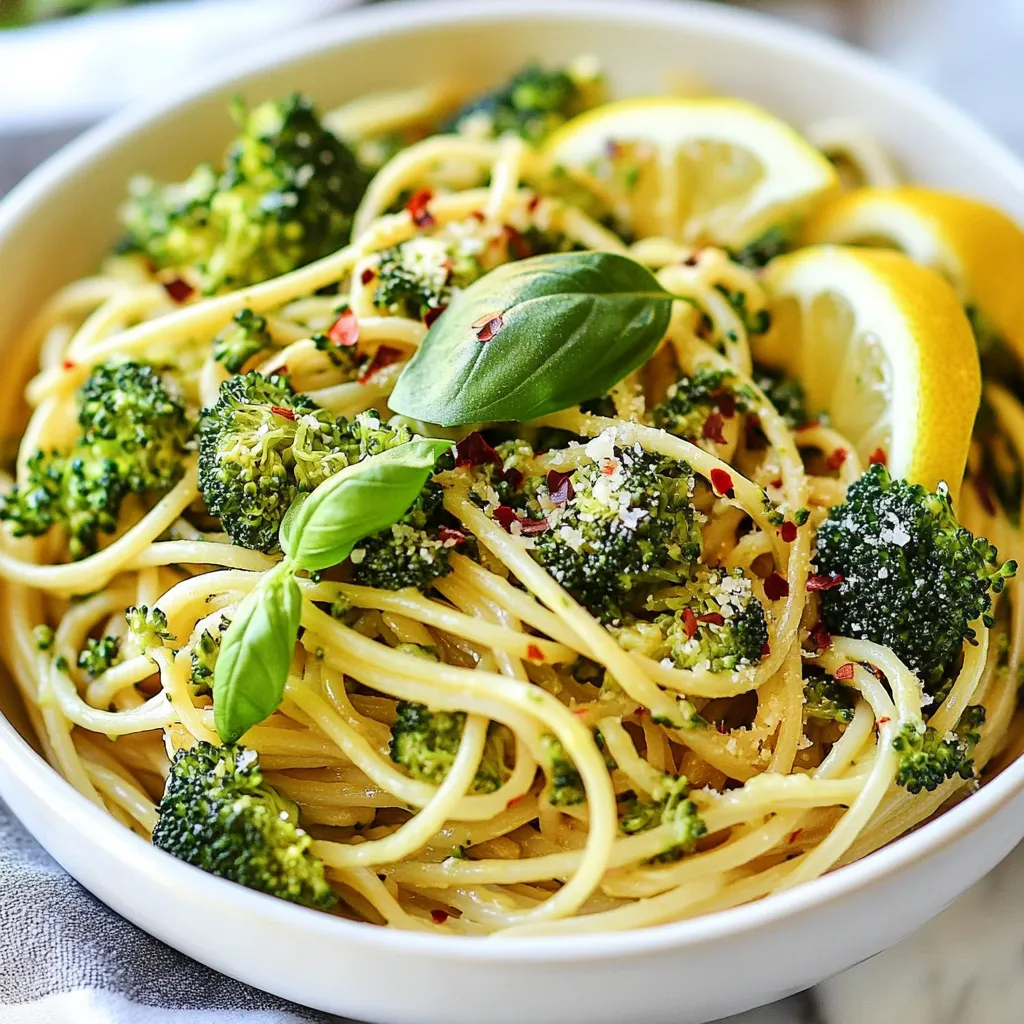 For this recipe, you need 8 ounces of whole grain pasta. Spaghetti or penne works well. Whole grain pasta gives a nutty taste and more fiber. This helps keep you full longer and adds nutrients. When you cook it, follow the package instructions to get it just right. You will need 2 cups of fresh broccoli florets. Look for bright green, firm pieces. Fresh broccoli not only adds color but also packs vitamins. It is a great source of vitamins C and K. You can cut larger pieces into smaller ones for even cooking. Olive oil and garlic are key to flavor. Use 1 tablespoon of olive oil. It adds healthy fats and richness. For garlic, you will need 2 cloves, minced. Garlic brings a warm, savory taste. Sautéing them together creates a fragrant base for your pasta. {{ingredient_image_1}} Start by boiling a large pot of salted water. This adds flavor to your pasta. Once it boils, add 8 oz of whole grain pasta. Cook it based on the package instructions until it's al dente. About 2 minutes before the pasta finishes cooking, toss in 2 cups of broccoli florets. This method cooks the broccoli perfectly. When done, drain both pasta and broccoli together in a colander. Set them aside for later. In the same pot, pour in 1 tablespoon of olive oil and heat it over medium heat. Next, add 2 cloves of minced garlic and ¼ teaspoon of red pepper flakes. Stir them for about 1-2 minutes. This step makes your kitchen smell amazing! Be careful not to burn the garlic; it can turn bitter. After sautéing, return the drained pasta and broccoli to the pot with the garlic. Then, add the zest and juice of 1 lemon. Mix everything well to combine. If you like cheese, sprinkle in ¼ cup of grated Parmesan cheese. Stir until it melts and mixes throughout. Season with salt and pepper to taste. Serve your Healthy Broccoli Pasta right away, garnished with fresh basil leaves. Enjoy this colorful, tasty meal! To make al dente pasta, you need to watch the clock. Follow the package time closely. Taste the pasta before it’s done. It should be firm but not hard. About two minutes before the time is up, add the broccoli. This way, both will cook perfectly together. Lemon adds a bright taste to your dish. Use both the zest and the juice. Zest before you cut the lemon. This makes it easier to get all the zest. Mix the lemon zest in with the pasta after cooking, then add the juice. It will wake up the flavors. Serve this dish hot and fresh. Garnish it with fresh basil leaves for color. If you like cheese, sprinkle on some grated Parmesan. You can also add extra red pepper flakes for spice. This meal is great on its own or paired with a side salad. Pro Tips Cooking Pasta Perfectly: Ensure you salt the water generously before adding the pasta; it enhances the flavor and helps prevent sticking. Freshness is Key: Use fresh broccoli for the best texture and flavor; frozen broccoli can become mushy when cooked. Customize Your Cheese: For a vegan option, replace Parmesan with nutritional yeast or a plant-based cheese to maintain a cheesy flavor without dairy. Enhance Your Dish: Add toasted pine nuts or walnuts for a crunchy element, giving your pasta a delightful texture and nutty flavor. {{image_2}} If you want a vegan version, skip the cheese. You can use nuts for creaminess. Try cashews or almonds blended with a bit of water. Nutritional yeast is another great substitute. It adds a cheesy flavor without dairy. You can also mix in a plant-based cheese if you prefer that taste. For gluten-free pasta, choose options made from rice or corn. Many brands offer tasty alternatives. Look for pasta labeled "gluten-free" at your local store. Cook it just like regular pasta. Follow the package instructions for the best results. This way, everyone can enjoy the dish! Adding protein makes this dish heartier. For a meat option, try grilled chicken. Cook the chicken separately, then slice and mix it in at the end. If you prefer plant-based protein, tofu is a great choice. Press and cube the tofu, then sauté it until golden. Add the tofu to the pasta before serving for a filling meal. To keep your healthy broccoli pasta fresh, place it in an airtight container. Make sure to cool the pasta to room temperature first. Store it in the fridge for up to three days. Label the container with the date to track freshness. When you're ready to enjoy your leftovers, reheat them gently. You can use a microwave or a stovetop. If using a microwave, heat in short bursts to avoid overcooking. For the stovetop, add a splash of water or oil to help steam the pasta. Heat until warm, stirring often. If you want to freeze your broccoli pasta, do it right after cooking. Place it in a freezer-safe container. It can last up to three months in the freezer. When ready to eat, thaw it overnight in the fridge. Reheat it on the stovetop for best results. Broccoli is a superfood packed with nutrients. It is low in calories but high in fiber. This helps keep you full and aids digestion. Broccoli is rich in vitamins C and K. Vitamin C boosts your immune system. Vitamin K is vital for bone health. It also contains antioxidants, which fight free radicals. Eating broccoli can support heart health and may lower cancer risks. Yes, you can use frozen broccoli. It is a great time-saver and still healthy. Just add it directly to the boiling pasta water. Cook it for about two minutes before draining. Frozen broccoli is often picked at peak freshness, preserving nutrients. This makes it a good option when fresh broccoli isn't available. To spice up your broccoli pasta, add more red pepper flakes. Start with a pinch and taste as you go. You can also add crushed red pepper for extra heat. If you like, include diced jalapeños or fresh chili peppers. For a smoky flavor, try smoked paprika. Just remember to balance the spice with lemon juice or cheese. This blog post showed you how to make a simple, tasty dish using whole grain pasta and fresh broccoli. I shared tips to cook the pasta just right and enhance flavor using lemon and garlic. You learned about options for vegan or gluten-free choices and how to store leftovers. Remember, good food can be quick and healthy. Enjoy making this meal, and feel free to mix it up. Happy cooking!