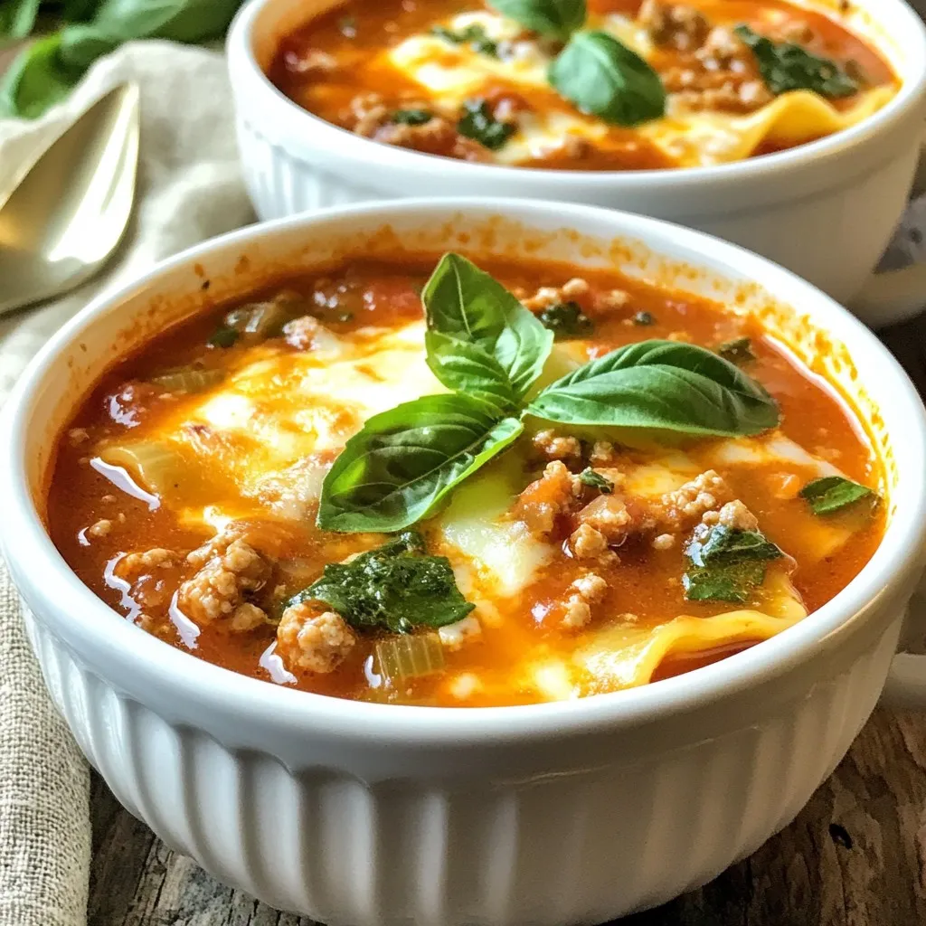 - 1 tablespoon olive oil - 1 pound ground turkey or chicken - 1 can (28 oz) crushed tomatoes For this recipe, olive oil adds a nice flavor to the base. Ground turkey or chicken provides lean protein, making this soup hearty. Crushed tomatoes bring in the rich, classic taste of Italian cooking. - 2 teaspoons dried Italian herbs (oregano, basil, thyme) - 4 cups chicken or vegetable broth - 1 teaspoon red pepper flakes (optional) Dried Italian herbs give a warm, savory taste. You can use chicken or vegetable broth, which adds depth to the soup. Red pepper flakes give it a kick, but you can skip them if you prefer mild flavors. - 1 medium onion, diced - 3 cloves garlic, minced - 3 cups fresh spinach - 1 cup low-fat cottage cheese - 1 cup shredded mozzarella cheese Onion and garlic are key for a strong flavor base. Fresh spinach adds color and nutrients. Cottage cheese gives creaminess, while mozzarella provides that gooey, melty goodness. {{ingredient_image_1}} 1. Start by heating the olive oil in a large pot over medium heat. 2. Add the diced onion and sauté for 3-4 minutes until it is soft and clear. 3. Next, stir in the minced garlic. Cook it for another minute. Watch it closely so it does not burn. 4. Now, add the ground turkey or chicken to the pot. Break it apart with a spoon. 5. Cook until the meat is browned, which takes about 5-7 minutes. 1. Pour in the crushed tomatoes and broth. Mix well to combine. 2. Add the dried Italian herbs, red pepper flakes, salt, and pepper. Stir to blend all the flavors. 3. Bring the mixture to a simmer. Let it cook for 10 minutes. This helps the flavors come together. 1. Add the broken lasagna noodles to the pot. Cook for another 8-10 minutes until the noodles are tender. 2. Fold in the fresh spinach and cook until it wilts, about 2-3 minutes. 3. Stir in the cottage cheese. Make sure it is well mixed throughout the soup. 4. Ladle the soup into bowls. Top each serving with shredded mozzarella cheese. 5. Finally, garnish with fresh basil leaves before serving. Enjoy your protein-packed lasagna soup! To make this soup sing, use fresh herbs. Fresh basil adds a great twist. You can chop it and mix it in right before serving. For dried herbs, add them early in cooking. They need time to release their flavors. If you want heat, add red pepper flakes to taste. Start with a pinch, then add more if you like. When sautéing, heat your olive oil first. Add onions and give them 3 to 4 minutes. They should be soft, not brown. After that, add garlic for just a minute. This way, it stays fragrant and doesn’t burn. For the noodles, break them into pieces before adding them to the soup. This helps them cook evenly. Keep an eye on them. You want them tender, not mushy. Cook for about 8 to 10 minutes after adding. Serve your soup in deep bowls for a hearty look. Sprinkle extra mozzarella on top right before serving. This adds a creamy touch. Fresh basil leaves give a pop of color. For a complete meal, pair it with garlic bread. It’s perfect for dipping and adds crunch to your meal. Pro Tips Fresh Spinach Substitute: If fresh spinach is unavailable, you can use frozen spinach. Just thaw and drain it well before adding to the soup. Cheese Variations: For a creamier texture, replace cottage cheese with ricotta cheese. It adds a rich flavor to the soup. Make it Gluten-Free: Substitute the lasagna noodles with gluten-free pasta or use zucchini noodles for a low-carb option. Spice Level: Adjust the red pepper flakes according to your preference. Omit them for a milder flavor or add more for extra heat! {{image_2}} You can switch up the protein in your lasagna soup. Lean beef is a tasty option. It gives a rich flavor and pairs well with the tomatoes. If you prefer plant-based options, try using ground meat substitutes. They provide a similar texture without meat. Another great choice is beans or lentils. Adding canned beans boosts protein and fiber. Lentils cook quickly and absorb flavors well. You can mix and match to find what you love. If you need gluten-free options, look for gluten-free lasagna noodles. They come in many types, like rice or corn. These noodles will hold up well in the soup. For cheese lovers, vegan cheese is an excellent choice. There are many types, from almond to cashew cheese. They melt nicely and add creaminess to your soup without dairy. Adding extra vegetables can boost flavor and nutrition. Try bell peppers, zucchini, or carrots. They add sweetness and crunch. Spices also make a big difference. A dash of smoked paprika or garlic powder can enhance the taste. If you want more protein, toss in some chickpeas or chopped nuts. They add a nice crunch and a protein punch. Feel free to get creative with your lasagna soup! To keep your Protein-Packed Lasagna Soup fresh, store it in an airtight container. Place it in the refrigerator right after it cools. Make sure to consume it within 3 to 4 days for the best taste. For long-term storage, you can freeze the soup. Use freezer-safe containers or bags. Divide it into servings to make thawing easier. It can last up to 3 months in the freezer. When it comes to reheating, the stove is the best method. It warms the soup evenly and keeps the texture nice. Pour the soup into a pot and heat it on medium until hot. If you’re short on time, you can use a microwave. Place the soup in a microwave-safe bowl. Heat in short bursts of one minute, stirring in between. This helps avoid hot spots and keeps it creamy. In the fridge, your lasagna soup can last for about 3 to 4 days. After that, it may start to spoil. Always check for signs of spoilage before eating. Look for changes in color or smell. If it smells sour or looks off, it’s best to throw it away. Enjoy your soup while it’s fresh for the best flavor! Yes, this recipe is great for meal prep. You can make it ahead and enjoy it later. Store it in airtight containers. It keeps well in the fridge for up to five days. You can also freeze portions for longer storage. Just reheat when you're ready to eat. The flavors often improve after sitting for a day. This makes it a perfect choice for busy weeks. Absolutely! You can use lean ground beef or a plant-based meat alternative. Ground pork works well too, adding a different flavor. If you want a vegetarian option, try using lentils or beans. They add protein and fiber. Just adjust the cooking time for different meats. Make sure to cook them thoroughly to ensure safety. There are several ways to boost the protein in this dish. Here are some ideas: - Add more cottage cheese when mixing in the broth. - Stir in cooked quinoa or farro for extra protein and texture. - Top your soup with a sprinkle of hemp seeds or chia seeds. - Serve it with a side of Greek yogurt for extra protein. Each of these options enhances the dish while keeping it delicious. In this blog post, we explored the tasty soup recipe that combines key ingredients like olive oil, ground turkey, and crushed tomatoes. We walked through the simple steps for preparing the base, building the soup, and adding fresh veggies and cheese. I shared tips on enhancing flavors and suggested fun variations for different diets. Remember, proper storage and reheating can keep your soup fresh. Enjoy trying this recipe and making it your own! Cooking can be fun and a great way to stay healthy.