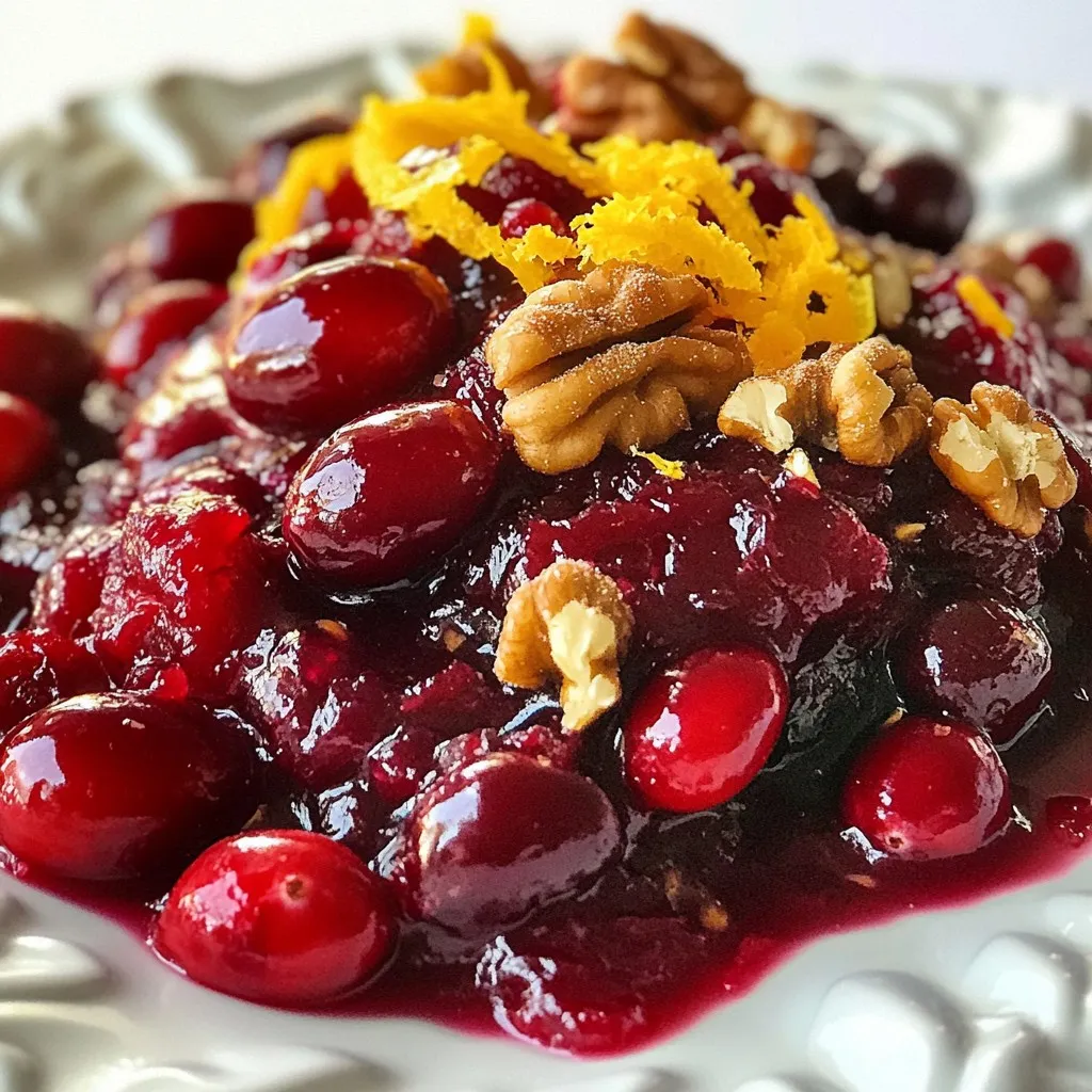 For this recipe, you need 12 oz of fresh cranberries. These bright red berries pack a tart and tangy punch. They are the heart of your sauce. Rinse them well before use. This removes any dirt or debris. You will use 1 cup of granulated sugar. This sugar balances the tartness of the cranberries. You also need 1 cup of water. This helps dissolve the sugar and cook the berries evenly. Add ¼ cup of fresh orange juice for a zesty kick. The zest of 1 orange enhances the flavor with a fresh aroma. A ½ teaspoon of ground cinnamon adds warmth. Finally, a pinch of salt boosts all the flavors. If you like, throw in ½ cup of chopped walnuts or pecans for crunch. Dried cranberries, about ¼ cup, add extra texture and sweetness. {{ingredient_image_1}} First, rinse 12 ounces of fresh cranberries under cold water. This step helps remove dirt. After rinsing, set the cranberries aside. Make sure to pick out any soft or bad ones. This ensures your sauce is fresh and tasty. Next, grab a medium saucepan. Add 1 cup of water, 1 cup of granulated sugar, and a pinch of salt. Heat this mixture over medium heat. Stir it until the sugar dissolves. Once it simmers, add the rinsed cranberries. Pour in ¼ cup of orange juice and the zest of 1 orange. Sprinkle in ½ teaspoon of ground cinnamon. Stir everything together. Let it simmer for about 10 to 15 minutes. The cranberries will burst, and the sauce will thicken. Stir occasionally to stop it from sticking. If you like, add ½ cup of chopped walnuts or pecans and ¼ cup of dried cranberries. Stir well and cook for an extra 2 to 3 minutes. Once done, remove the sauce from heat. Let it cool to room temperature. As it cools, it will thicken more. After cooling, transfer the sauce to a serving dish or a jar. Refrigerate it for at least an hour before serving. This waiting time helps the flavors mix well. Enjoy your homemade cranberry sauce! To keep your cranberry sauce thick, start with fresh cranberries. Fresh berries have less water than frozen ones. Use the right sugar mix to help with the thickness. The sugar not only sweetens but also helps create a syrupy texture. Simmer the sauce long enough for the cranberries to burst. This will release their natural pectin. If you find your sauce is still too watery, add a bit more sugar. This can help thicken it up. Using the right tools makes cooking easier. A medium saucepan works best for this recipe. It helps control heat and prevents sticking. A wooden spoon is great for stirring. It allows you to scrape the bottom well. A fine mesh strainer can help if you want a smoother sauce. Having a zester is handy too, for that fresh orange zest. Finally, have a measuring cup ready for precision. Cranberry sauce pairs well with many foods. It’s great with turkey, ham, or even roasted veggies. Try serving it with cream cheese on crackers for a fun appetizer. You can also mix it into yogurt for a tasty breakfast. If you like spice, pair it with cinnamon or nutmeg. For a different twist, serve it over vanilla ice cream. The tartness of the sauce really balances the sweetness. Pro Tips Fresh Cranberries: Use fresh cranberries for the best flavor and texture. Frozen cranberries can be used in a pinch, but they may alter the final consistency of the sauce. Sweetness Level: Adjust the amount of sugar based on your preference for sweetness. Taste the sauce as it simmers and add more sugar if desired. Storage Tips: Store leftover cranberry sauce in an airtight container in the refrigerator for up to a week. It also freezes well for up to three months. Serving Suggestions: Serve this cranberry delight as a topping for desserts, yogurt, or even as a spread on toast or bagels for a festive breakfast. {{image_2}} You can brighten your cranberry sauce by adding citrus. The orange juice in the recipe gives a nice touch. You can add lemon or lime juice for a different zing. A bit of lemon zest can also enhance the flavor. Mix it in for a fresh and tangy taste. Want some crunch? Add nuts like walnuts or pecans. These nuts add texture and depth. They also pair well with the tart cranberries. If you like, you can toast the nuts first. This brings out their flavor and makes the sauce even better. For those who enjoy heat, add some spice! A pinch of cayenne pepper can kick it up. You can also use ground ginger or allspice for warmth. These spices work well with the sweet and tart flavors. Just be careful not to add too much. A little spice goes a long way! You can store homemade cranberry sauce in the fridge. Use an airtight container to keep it fresh. Let the sauce cool to room temperature first. This helps avoid condensation inside the container. The sauce will stay good for about one week in the refrigerator. If you have extra sauce, freezing is a great option. Use a freezer-safe container or a resealable bag. Make sure to leave some space in the container. The sauce will expand as it freezes. Label the container with the date. You can freeze cranberry sauce for up to three months. Cranberry sauce tastes great served cold or warm. If you want to warm it, do it slowly on the stove. Stir gently to avoid burning. Always check for any signs of spoilage before serving. If it looks or smells off, just toss it out. Enjoy your tasty sauce with turkey, ham, or even on toast! To make cranberry sauce from scratch, you need a few simple steps. First, rinse 12 oz of fresh cranberries. In a medium saucepan, mix 1 cup of water, 1 cup of sugar, and a pinch of salt. Heat this until it simmers. Then, add the cranberries, ¼ cup of orange juice, zest of 1 orange, and ½ teaspoon of ground cinnamon. Stir it well. Let it simmer for 10-15 minutes. The cranberries will burst, thickening the sauce. If you like nuts, add ½ cup of chopped walnuts or pecans and ¼ cup of dried cranberries. Cook for a few more minutes and cool the sauce. Yes, you can use frozen cranberries! They work well in this recipe. Just add them directly to the saucepan without thawing. The cooking time may be a bit longer, but the taste remains great. Frozen cranberries can make it easy to enjoy this sauce anytime. Cranberry sauce pairs well with many dishes. It goes great with turkey, ham, and chicken. You can also serve it with cheese and crackers for a snack. Try it on a sandwich with turkey or roast beef. Its sweet and tart flavor adds a nice touch to any meal. You learned how to make tasty cranberry sauce from scratch. We covered the best ingredients, step-by-step instructions, and helpful tips. Remember to adjust flavors to your taste and try fun variations. Store your sauce well for later use. Enjoy serving it with your favorite dishes, making each meal special. Follow these steps, and your homemade sauce will impress everyone!