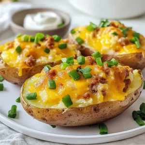 - 4 medium russet potatoes - 4 large eggs - 1 cup shredded sharp cheddar cheese - 1/2 cup cooked and crumbled turkey sausage - 1/4 cup sour cream - 2 tablespoons green onions, chopped - 1 teaspoon garlic powder - Salt and pepper to taste - Olive oil for drizzling Choosing fresh ingredients makes a big difference. I like to pick firm russet potatoes. They should feel heavy for their size. This means they have good moisture. Look for eggs that are clean and not cracked. Use high-quality sharp cheddar for a rich flavor. Fresh green onions add a nice bite to the dish. Also, make sure your turkey sausage is cooked thoroughly. This ensures safety and great taste. If you want a vegetarian version, skip the turkey sausage. You can add more veggies instead, like bell peppers or spinach. For a vegan option, replace the eggs with tofu or a flax egg. Use a plant-based cheese to keep it dairy-free. Coconut cream can replace sour cream for a creamy texture. Always adjust seasonings to your taste! {{ingredient_image_1}} First, set your oven to 400°F (200°C). This helps the potatoes cook evenly. Next, wash the russet potatoes under running water. Dry them off with a towel. Use a fork to poke holes in each potato. This step lets steam escape while baking. Rub olive oil on the potatoes and sprinkle with salt. Place them directly on the oven rack. Bake for 45-60 minutes. The potatoes should feel soft when you pierce them with a fork. Once the potatoes are done baking, take them out and let them cool down a bit. Lower the oven temperature to 375°F (190°C). After they cool, slice each potato in half lengthwise. Scoop out the insides into a bowl, but leave some flesh for support. Add eggs, 3/4 cup of cheddar cheese, turkey sausage, sour cream, garlic powder, green onions, salt, and pepper to the bowl. Mix everything well. Spoon the mixture back into the potato skins. Pack them lightly. Top with the remaining cheese. Place the stuffed potatoes on a baking sheet and return them to the oven. Bake for 20-25 minutes. The cheese should melt and bubble. To check if your potatoes are done baking, look for melted cheese and a golden color on top. You can also poke a potato with a fork. If the filling feels hot and soft, they are ready. Let them cool for a few minutes before serving. This helps the cheese set a little. Enjoy your tasty twice baked breakfast potatoes! To get a fluffy filling, start with hot potatoes. After baking, let them cool just enough to handle. Use a sturdy fork or potato masher to mix the insides. The key is to mash gently. Avoid over-mixing; this keeps the texture light and airy. Add the eggs while the potatoes are warm. This helps them blend better. To elevate the flavor, use sharp cheddar cheese. It adds a rich taste. You can also mix in spices like paprika or smoked paprika for depth. Fresh herbs like parsley or dill can brighten the dish. Adding a pinch of cayenne pepper gives a nice kick. A squeeze of lemon juice adds freshness that balances the richness. One common mistake is undercooking the potatoes. They should be tender all the way through. Avoid using cold ingredients; they won’t mix well. Don't forget to season your filling. A pinch of salt and pepper makes a big difference. Lastly, don’t skip the cheese on top; it creates a delicious crust! Pro Tips Choose the Right Potatoes: For the best texture, stick to russet potatoes, as they are fluffy and ideal for baking. Customize Your Fillings: Feel free to add vegetables like bell peppers or spinach for extra nutrition and flavor. Don’t Skip the Olive Oil: Rubbing potatoes with olive oil not only enhances flavor but also helps achieve a crispy skin. Let Them Rest: Allow the stuffed potatoes to cool for a few minutes before serving to let the flavors meld together. {{image_2}} You can change the flavor of your twice baked breakfast potatoes easily. For a spicy kick, add diced jalapeños or a splash of hot sauce to the filling. If you love herbs, try fresh dill or chives instead of green onions. Want a creamy texture? Swap sour cream for Greek yogurt. You can even use different cheeses like pepper jack or gouda for unique tastes. To make a veggie version, simply leave out the turkey sausage. You can replace it with sautéed mushrooms or spinach for a hearty touch. For a vegan option, use flax eggs instead of regular eggs and dairy-free cheese. Nutritional yeast can also add a cheesy flavor without dairy. Take advantage of seasonal produce for fresh flavors. In spring, add asparagus or peas for a bright twist. In fall, mix in roasted butternut squash or pumpkin puree for a cozy vibe. You could even add cooked kale or Swiss chard in winter. Each season brings new tastes to explore! To store your leftover twice baked breakfast potatoes, first let them cool down. Once cool, wrap each potato tightly in plastic wrap or place them in an airtight container. Keep them in the fridge. They stay fresh for about 3 to 5 days. If you want to keep them longer, follow the freezing tips below. When you're ready to enjoy leftovers, the oven is best for reheating. Preheat it to 350°F (175°C). Unwrap the potatoes and place them on a baking sheet. Heat for about 15-20 minutes. You want the cheese to melt and the center to be warm. You can also reheat in the microwave. Just cover them with a damp paper towel to keep them moist. Heat for 1-2 minutes, checking often. To freeze twice baked breakfast potatoes, wrap them tightly in plastic wrap. Then, place them in a freezer bag. Squeeze out as much air as possible. They can last up to 3 months in the freezer. When you want to eat them, thaw them overnight in the fridge. Then, reheat as mentioned above. This keeps the flavor and texture great! Yes, you can make twice baked breakfast potatoes ahead of time. Prepare the potatoes and stuff them. Then, cover them with plastic wrap or foil. Store them in the fridge for up to 24 hours. When you are ready to eat, bake them at 375°F (190°C) until heated through. This method saves time on busy mornings. Toppings can make your twice baked breakfast potatoes even better. Here are some great options: - Crispy bacon bits - Fresh herbs like parsley or cilantro - Avocado slices or guacamole - A dollop of Greek yogurt instead of sour cream - Hot sauce or salsa for a spicy kick Feel free to mix and match toppings to suit your taste. To make your twice baked breakfast potatoes healthier, you can try these tips: - Use low-fat cheese or Greek yogurt. - Swap turkey sausage for lean ground turkey or veggies. - Add more veggies like spinach or bell peppers to the filling. - Skip the sour cream or use a light version. These changes can help you enjoy a tasty dish while keeping it nutritious. In this article, we explored the key ingredients for twice-baked breakfast potatoes and their quality. I shared tips for preparation, cooking, and ensuring your dish is done perfectly. We also discussed common mistakes and offered variations for different diets and seasons. Finally, I covered how to store and reheat leftover potatoes. Embrace these methods and tips to create the best twice-baked potatoes. Happy cooking!