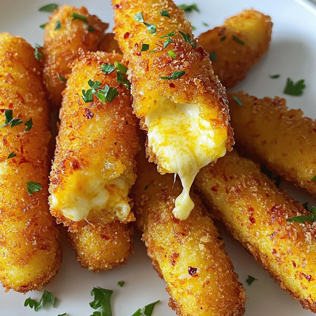 - 12 mozzarella sticks - 1 cup all-purpose flour - 2 large eggs - 2 cups breadcrumbs (Panko works best) - 1 teaspoon garlic powder - 1 teaspoon paprika - 1 teaspoon cayenne pepper (adjust to taste) - 1 teaspoon smoked paprika - ½ teaspoon salt - ½ teaspoon black pepper - 1 cup buttermilk - ¼ cup hot chili oil (or homemade Nashville hot oil) - Fresh parsley for garnish (optional) To make Nashville hot mozzarella sticks, you need the right ingredients. Start with fresh mozzarella sticks. The cheese should be firm and cold. Flour coats the cheese to help the egg stick. Eggs and buttermilk combine for a rich dip. Panko breadcrumbs give a crispy texture. Garlic powder adds depth. Paprika and smoked paprika bring warmth and flavor. Cayenne pepper adds heat; adjust it for your taste. Salt and black pepper enhance all the flavors. For a spicy finish, use hot chili oil. You can make your own Nashville hot oil if you prefer. Lastly, fresh parsley adds color and freshness. Gather these ingredients, and you're ready to start the fun! {{ingredient_image_1}} - Freeze mozzarella sticks for at least 2 hours. This keeps them firm when frying. - Prepare your breading station: - In one bowl, add 1 cup of flour. - In a second bowl, whisk 2 large eggs with 1 cup of buttermilk. - In a third bowl, mix 2 cups of breadcrumbs with garlic powder, paprika, cayenne pepper, smoked paprika, salt, and black pepper. - Take each mozzarella stick from the freezer. - Coat each stick in flour, shaking off the extra flour. - Dip the floured stick into the egg mixture, letting the excess drip off. - Roll the stick in the seasoned breadcrumbs, pressing gently to help them stick. - After breading, freeze the mozzarella sticks again for 30 minutes. This helps them stay firm. - Heat oil in a deep frying pan or deep fryer to 350°F (175°C). - Carefully fry the mozzarella sticks in batches of 2-3. - Fry until they turn golden brown, about 1-2 minutes. - Use a slotted spoon to remove the sticks and drain them on a paper towel. To get the best texture for your Nashville hot mozzarella sticks, freezing is key. Start by freezing the mozzarella sticks for at least two hours. This keeps them firm during frying. It helps the cheese melt slowly, so you avoid a gooey mess. When frying, keep the oil hot, around 350°F (175°C). If the oil is too cool, the sticks will absorb oil and become soggy. Fry in small batches. This keeps the oil temperature steady and ensures crispiness. Adjusting spice levels is simple and fun. If you love heat, add more cayenne pepper. You can even mix in chili powder or hot sauce for a unique twist. Try different seasonings too. Instead of garlic powder, use onion powder for a different taste. You can also mix in some herbs like oregano or thyme for added depth. Experiment to find the flavor that you love best! Pro Tips Freeze for Perfect Shape: Freezing the mozzarella sticks for at least 2 hours before breading ensures they maintain their shape and melt evenly during frying. Double Coat for Crunch: For an extra crispy exterior, consider double coating the mozzarella sticks. After the first breading, dip them in the egg mixture again and coat with breadcrumbs a second time. Adjust the Heat: The amount of cayenne pepper can be adjusted according to your heat preference. Start with less if you're unsure, and add more for that signature Nashville kick. Drain Properly: After frying, let the mozzarella sticks drain on a paper towel-lined plate to remove excess oil, keeping them crispy and not greasy. {{image_2}} You can swap mozzarella for other cheeses. Cheddar gives a sharp taste. Pepper Jack adds a spicy kick. These cheeses melt well and bring new flavors. You can use gluten-free breadcrumbs for a different texture. Try spicy or herbed breadcrumb mixes for added flavor. Mix things up to make your sticks unique and fun. Dipping sauces make these sticks shine. Consider ranch or blue cheese for a creamy touch. You can serve them as tasty appetizers or snacks. They work great for parties or game days! To store your Nashville hot mozzarella sticks, let them cool first. Place the sticks in an airtight container. Keep them in the fridge for up to three days. This will help maintain their taste and texture. Reheat them in an oven or air fryer for best results. You want a crispy outside, just like when they were fresh. To freeze leftover mozzarella sticks, first, let them cool completely. Arrange them in a single layer on a baking sheet. Freeze them for about an hour. Once frozen, transfer them to a freezer bag. Remove as much air as possible to avoid freezer burn. They will stay good for up to three months. To reheat, bake them straight from the freezer. Set the oven to 400°F (200°C) and cook for 10-12 minutes. This keeps them crispy and warm. To make Nashville hot oil, you need simple ingredients. Start with ¼ cup of hot chili oil. Then, add in 1 tablespoon of cayenne pepper. Mix in 1 teaspoon of garlic powder and 1 teaspoon of smoked paprika. Heat the mixture gently in a pan for about 5 minutes. This will bring out the flavors. Let it cool before using. This oil adds the perfect spicy kick to your dishes. Yes, you can bake them! Preheat your oven to 400°F (200°C). Place the breaded mozzarella sticks on a baking sheet lined with parchment paper. Spray them lightly with cooking spray. Bake for about 10 to 12 minutes, flipping halfway through. They may not be as crispy as fried ones but will still taste great. Keep an eye on them to avoid burning. I love serving these with creamy ranch or blue cheese dressing. The coolness balances the heat perfectly. You can also try a classic marinara sauce for a tangy twist. If you want more heat, a spicy aioli or sriracha mayo works well too. Experiment with your favorites! You can store leftovers in the fridge for up to 3 days. Let them cool completely before placing them in an airtight container. For longer storage, freeze them for up to 1 month. Just make sure to wrap them well to avoid freezer burn. Reheat in an oven or air fryer for best results. Nashville hot flavors come from the city’s famous hot chicken. This dish mixes spices like cayenne pepper and paprika. The heat level is bold and unforgettable. It became popular in the early 20th century and has grown since then. Today, it inspires many recipes, including these mozzarella sticks. The flavors celebrate Nashville's culinary heritage and love for spicy food. You now know how to make Nashville hot mozzarella sticks with ease. We covered the ingredients, step-by-step cooking, and tips for the best results. Remember to freeze the sticks and adjust the spice to your taste. You can also try different types of cheese or breading for variety. Proper cooling and storage keep them fresh longer. Enjoy your homemade treat, and don’t hesitate to share your creations!