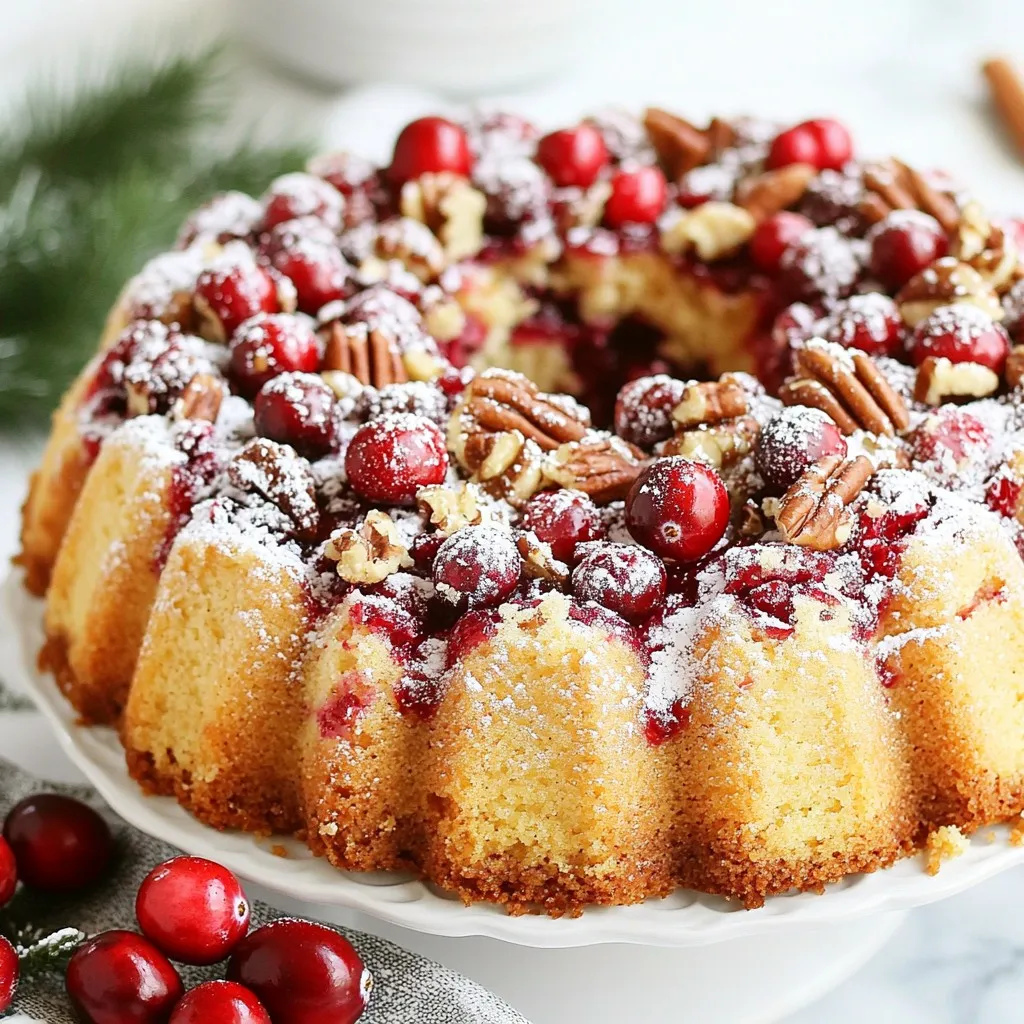 To make a delicious cranberry coffee cake, you need some key ingredients. Here’s what you will need: - 2 cups all-purpose flour - 1 teaspoon baking powder - ½ teaspoon baking soda - ¼ teaspoon salt - 1 cup granulated sugar - ½ cup unsalted butter, softened - 2 large eggs - 1 teaspoon vanilla extract - 1 cup sour cream - 1 ½ cups fresh cranberries (or frozen, but thawed) - ½ cup chopped pecans (optional) - 1 teaspoon cinnamon (for topping) - 1 tablespoon brown sugar (for topping) These ingredients come together to create a moist, flavorful cake that pairs perfectly with coffee. If you want to take your cake up a notch, consider these optional ingredients: - ½ cup chopped pecans for added crunch - A splash of orange juice or zest for a citrus twist - 1 teaspoon almond extract for a nutty flavor These options can add more depth to the cake and make it even more enjoyable. You can easily adjust this recipe to fit different dietary needs. Here are some substitutions: - Use whole wheat flour instead of all-purpose flour for more fiber. - Swap sour cream with Greek yogurt for a lighter option. - For a dairy-free version, use coconut oil instead of butter and almond milk in place of sour cream. These changes will help everyone enjoy this tasty treat! {{ingredient_image_1}} 1. Start by preheating your oven to 350°F (175°C). Grease and flour a 9-inch round cake pan or a 9x9-inch square pan. This helps the cake not to stick. 2. In a medium bowl, whisk together 2 cups of all-purpose flour, 1 teaspoon of baking powder, ½ teaspoon of baking soda, and ¼ teaspoon of salt. Set this bowl aside for later. 3. In a large bowl, cream together ½ cup of softened unsalted butter and 1 cup of granulated sugar. Mix until it looks fluffy, about 2-3 minutes. 4. Next, add 2 large eggs, one at a time. Mix well after each egg. Then stir in 1 teaspoon of vanilla extract. 5. Gradually add the dry mix to the wet mix. Do this by alternating with 1 cup of sour cream. Start and end with the flour mix. Mix until just combined. Avoid overmixing. 6. Now gently fold in 1 ½ cups of fresh cranberries and ½ cup of chopped pecans if you want. 7. Pour the batter into your prepared cake pan. Use a spatula to smooth the top. 8. In a small bowl, mix together 1 teaspoon of cinnamon and 1 tablespoon of brown sugar. Sprinkle this mixture evenly over the batter. 9. Place the pan in the preheated oven. Bake for 35-40 minutes. You will know it’s done when a toothpick inserted in the center comes out clean. 10. Once baked, allow the cake to cool in the pan for about 10 minutes. After that, transfer it to a wire rack to cool completely. 11. For a lovely presentation, dust the top with powdered sugar after it cools. Serve it with fresh cranberries on the side. Enjoy it with your favorite cup of coffee for a delightful treat! To get a fluffy texture, you need to cream the butter and sugar well. Mix them together for about 2-3 minutes until light and fluffy. Be sure to add eggs one at a time. This helps incorporate air into the batter. When mixing the dry and wet ingredients, do it gently. Overmixing can make the cake dense, which we don’t want. When you add cranberries, fold them in gently. Use a spatula or a wooden spoon. This keeps the berries whole and prevents them from breaking apart. If you’re using frozen cranberries, make sure they are thawed and drained. Otherwise, they can add excess moisture and make your cake soggy. If your cake is too dense, it might be from overmixing. Stop mixing as soon as the ingredients combine. If your cake sinks in the middle, it could be underbaked or you may have opened the oven too soon. Always check the cake with a toothpick before taking it out. Lastly, if the top browns too quickly, cover it with foil for the last few minutes of baking. Pro Tips Use Fresh Cranberries: Fresh cranberries will give the best flavor and texture to your cake. If using frozen cranberries, ensure they are fully thawed and drained to avoid excess moisture. Don’t Overmix: When combining the wet and dry ingredients, mix just until combined. Overmixing can lead to a dense cake, so a few lumps are okay! Cool Completely: Allow the cake to cool completely before dusting with powdered sugar or serving. This helps maintain its texture and flavor. Customize Toppings: Feel free to experiment with other toppings like cream cheese frosting or a drizzle of caramel for an extra special touch! {{image_2}} You can make this cake healthier by using whole wheat flour. Whole wheat flour adds fiber and makes the cake more filling. You can also cut the sugar. Try using half the amount of granulated sugar. This change will still keep the cake tasty. If you want to reduce calories, swap sour cream for Greek yogurt. It adds a nice creaminess without extra fat. To boost flavor, add a teaspoon of orange zest. This adds a bright, fresh taste that pairs well with cranberries. You can also use almond extract instead of vanilla. Just a half teaspoon will give a lovely nutty flavor. Think about adding spices like ginger or nutmeg for warmth. These small tweaks can create a whole new cake experience. If you need a gluten-free option, use a gluten-free flour blend. Make sure it contains xanthan gum for texture. This will help the cake rise and stay moist. You can also add a bit of almond flour for extra flavor. Just replace a small part of the gluten-free flour with almond flour. This gives a nice nutty taste and keeps the cake light. To keep your cranberry coffee cake fresh, store it in an airtight container. Place a piece of wax paper or parchment paper between the cake and the lid. This helps prevent moisture loss and keeps the cake soft. You can store it at room temperature for up to three days. If you want to keep it longer, move it to the fridge. Just remember, cold air can dry it out. Wrap the cake well with plastic wrap to maintain its moistness. For long-term storage, freezing is a great option. Let the cake cool completely before freezing. Wrap it tightly in plastic wrap, then in aluminum foil. This double wrap helps protect against freezer burn. You can freeze the cake for up to three months. When you're ready to enjoy it, thaw it in the fridge overnight. This slow thaw keeps the texture nice. When it’s time to enjoy your leftover cranberry coffee cake, reheating is key. Preheat your oven to 350°F (175°C). Place the cake in the oven for about 10 to 15 minutes. This warms it gently and keeps it moist. You can also use the microwave for a quick option. Heat a slice for about 15–20 seconds. To keep it soft, place a damp paper towel over it while microwaving. This adds moisture back into the cake. Yes, you can use frozen cranberries. Just make sure to thaw them first. Thawing helps them mix well into the batter. If you add them frozen, the cake may bake unevenly. Frozen cranberries can also be a great option in winter months when fresh ones are hard to find. To check if your cake is done, insert a toothpick into the center. If it comes out clean, the cake is ready. You can also gently press the top; it should spring back. When the edges pull away from the pan, it’s a good sign too. Baking takes about 35 to 40 minutes, so keep an eye on it. Cranberry coffee cake pairs well with coffee or tea. You can also serve it with whipped cream or a scoop of vanilla ice cream. Fresh cranberries on the side add a nice touch. For a fun twist, try adding a drizzle of caramel sauce. Enjoy it for breakfast or as a snack! This blog post covered how to make a delicious cranberry coffee cake. We explored key ingredients, tips for perfect texture, and baking steps. Don’t forget variations for health needs or flavor boosts. Proper storage keeps your cake fresh for longer. Remember, you can enjoy frozen cranberries and pair this treat with your favorite beverages. Armed with these tips, you can bake a great cake that everyone will love. Enjoy your baking journey!