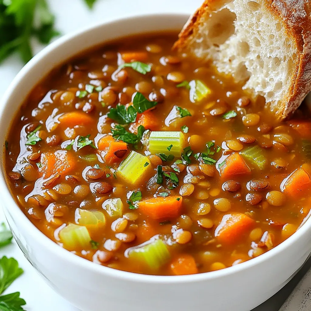 - 1 cup green or brown lentils, rinsed - 1 medium onion, diced - 2 cloves garlic, minced - 2 medium carrots, diced - 2 celery stalks, diced - 1 can (14 oz) diced tomatoes, undrained - 6 cups vegetable broth - 1 teaspoon ground cumin - 1 teaspoon smoked paprika - 1 bay leaf - 2 tablespoons olive oil - Salt and black pepper to taste - Fresh parsley for garnish (optional) When I make lentil soup, I focus on fresh, quality ingredients. Start with green or brown lentils. These lentils hold their shape well and add a nice texture. Rinse them well to remove any dust or debris. Next, choose a firm onion. It should feel heavy for its size. Dice this onion finely. The onion adds a sweet base to the soup. Garlic is key too. Mince two cloves to bring out a rich flavor. Carrots and celery add color and crunch. Pick vibrant carrots and fresh celery. Dice them into small pieces. This helps them cook evenly. I use one can of diced tomatoes. The juices from the tomatoes enhance the soup's flavor. You can choose low-sodium tomatoes if you want to control the salt. For broth, I recommend using vegetable broth. It adds depth without overpowering the lentils. You can even make your own broth for a richer taste. Spices like ground cumin and smoked paprika bring warmth. They give the soup a lovely aroma. A bay leaf adds a subtle layer of flavor. Always use good quality olive oil for sautéing. It adds richness to the soup. Finally, don’t forget salt and black pepper to taste. For garnish, fresh parsley adds a bright touch. It makes the soup look more appealing. Enjoy crafting your soup with these fresh ingredients! {{ingredient_image_1}} To make classic lentil soup, you start with some basic steps. First, heat olive oil in a large pot on medium heat. Add diced onion and sauté it until it is soft and clear, about 5 minutes. This step builds great flavor. Next, stir in minced garlic, diced carrots, and diced celery. Cook these for 3 to 4 minutes until they soften a bit. After this, add rinsed lentils and a can of diced tomatoes, juice included. Pour in 6 cups of vegetable broth, ground cumin, smoked paprika, and a bay leaf. Bring everything to a boil. Once it is boiling, lower the heat, cover the pot, and let it simmer for 30 to 35 minutes. You want the lentils to be tender but not mushy. Stir the soup now and then. Once cooked, add salt and black pepper to taste. Don’t forget to remove the bay leaf before serving. For a creamier soup, use an immersion blender to blend part of it. For the best texture, always sauté the vegetables first. This step adds depth to the flavor. When simmering, keep an eye on the time. If you want a thicker soup, let it simmer a few minutes longer, or blend a bit more. The key is to adjust the cooking time to your liking. Always taste the soup before serving. You can add more spices or salt to match your taste. To make your lentil soup even tastier, try adding spices. Ground cumin and smoked paprika are perfect choices. They bring warmth and depth to the soup. You can also add a touch of cayenne for heat. Fresh herbs, like thyme or bay leaves, add a lovely aroma. Adjusting seasoning is key to your taste. Start with salt and pepper. Taste the soup as it cooks. You might want more spice or salt. Always add a little at a time. This way, you can avoid over-seasoning. To make your soup lighter, use less olive oil. You can replace it with broth to sauté the vegetables. This cuts down on fat without losing flavor. Adding extra vegetables boosts nutrition. Try adding chopped spinach or kale during the last few minutes of cooking. You can also mix in zucchini or bell peppers. These veggies add color and vitamins. They make the soup even more filling and delicious. Pro Tips Soak Lentils for Extra Tenderness: Soaking lentils for a few hours before cooking can help them cook faster and become even more tender. Just be sure to drain and rinse them before adding to your soup. Flavor Boost with Herbs: Consider adding fresh or dried herbs like thyme or oregano along with the spices for an extra layer of flavor that complements the lentils beautifully. Adjust Consistency: If you prefer a thicker soup, reduce the amount of broth, or for a thinner soup, add more broth or water as needed during simmering. Storage Tips: This lentil soup stores well in the fridge for up to a week. To freeze, let it cool completely, then transfer to airtight containers for up to 3 months. {{image_2}} You can switch up your lentils for different flavors. Try red or black lentils. They cook faster and add a nice color. You can also use chicken or beef broth instead of vegetable broth. This will change the taste a bit. For a vegan soup, just stick with vegetable broth. If you're gluten-free, check labels on your broth. Some have gluten. Most lentils are gluten-free, so you’re safe there. If you want to add creaminess, try coconut milk. It adds a sweet touch and stays vegan. Want to make your soup heartier? Add some cooked quinoa or barley. They add texture and make the dish filling. If you like protein, toss in shredded chicken or cooked sausage. You can also add beans for more protein. For garnishes, think beyond parsley. You can use fresh cilantro, diced avocado, or a squeeze of lime. A sprinkle of feta cheese or a dash of hot sauce can really spice things up. Each of these options adds new flavors to your classic lentil soup. To store your classic lentil soup, cool it down first. Use airtight containers for best results. It keeps well in the fridge for about 4-5 days. If you want to keep it longer, freeze it. The soup can last up to 3 months in the freezer. Just make sure to label the container with the date. This helps you track how long it's been stored. When you want to enjoy your leftovers, take out only what you need. This keeps the rest fresh. Reheating lentil soup is easy. You can do it on the stove or in the microwave. For the stove, pour the soup into a pot. Heat it over medium heat, stirring often. This keeps the soup from sticking to the pot. In the microwave, use a microwave-safe bowl. Heat it for 1-2 minutes, then stir. Check if it’s hot enough. If not, heat it a bit more. If you find you have extra soup, try adding it to a grain dish or pasta. You can also mix it into a veggie stir-fry for a quick meal. Classic lentil soup lasts about 4 to 5 days in the fridge. To keep it fresh, store it in an airtight container. Yes, you can make lentil soup in a slow cooker. Just add all the ingredients and cook on low for 6 to 8 hours. This method lets the flavors blend well. You can serve lentil soup with crusty bread or a side salad. A sprinkle of fresh herbs on top adds a nice touch. These options make the meal hearty and filling. This article covered how to make a flavorful lentil soup. We discussed key ingredients, cooking methods, and the best tips for flavor. You learned how to select quality lentils and veggies. We also explored ways to adjust the soup to fit your tastes and health goals. With the right storage methods, you can enjoy leftovers later. Remember, lentil soup is versatile, so feel free to switch ingredients and add your favorite spices. Enjoy making this warm, tasty dish that is good for you and your family.