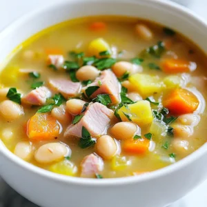 To make a warm bowl of ham and bean soup, gather these key items: - 1 cup dried navy beans (or any white beans), rinsed and soaked overnight - 2 cups diced ham (use leftover ham or a ham steak) - 1 medium onion, chopped - 2 cloves garlic, minced - 2 carrots, diced - 2 celery stalks, diced - 4 cups low-sodium chicken broth - 1 bay leaf - 1 teaspoon dried thyme - 1 teaspoon smoked paprika - Salt and pepper to taste - 2 tablespoons olive oil - Fresh parsley for garnish You can enhance the taste with these extras: - A splash of Worcestershire sauce - A pinch of red pepper flakes for heat - Chopped spinach for more greens - A squeeze of lemon juice for brightness When shopping, choose fresh, firm veggies. This makes your soup taste better. Look for ham with rich flavor. Avoid any that seem too dry. For beans, pick those that are whole and not cracked. Always check the date on your broth. Fresh broth makes a big difference! {{ingredient_image_1}} To make ham and bean soup, start with the beans. Soak 1 cup of dried navy beans overnight. This helps them cook faster. Rinse the beans under cool water before using. Next, chop your vegetables. Dice 2 carrots, 2 celery stalks, and 1 medium onion. Mince 2 cloves of garlic. If you have leftover ham, chop 2 cups of it into small pieces. You can also use a ham steak. In a large pot, heat 2 tablespoons of olive oil over medium heat. Add the chopped onion, carrots, and celery. Sauté these for 5-7 minutes until they soften. Stir in the minced garlic and cook for 1 more minute. This brings out the garlic's flavor. Next, add the diced ham to the pot. Mix everything well and let it cook for another 2-3 minutes to warm the ham. Drain the soaked beans and add them to the pot. Pour in 4 cups of low-sodium chicken broth, and add 1 bay leaf, 1 teaspoon of dried thyme, and 1 teaspoon of smoked paprika. Bring the soup to a boil, then lower the heat to a simmer. Cover the pot and cook for 1 to 1.5 hours or until the beans are tender. Stir occasionally and add water if the soup gets too thick. Once the beans are soft, season the soup with salt and pepper to taste. Don’t forget to remove the bay leaf before serving! Ladle the hot soup into bowls. For a fresh touch, sprinkle some chopped fresh parsley on top. This adds color and flavor. Enjoy your hearty ham and bean soup with some crusty bread or a simple salad on the side! To make the best ham and bean soup, start with dried navy beans. Soak them overnight to soften. This step helps them cook faster. When cooking, heat olive oil first. Sauté the onion, carrots, and celery until soft. This mix forms a solid base for flavor. Add garlic next for a nice aroma. Stir in the diced ham to warm it up. Then, combine soaked beans and broth. A bay leaf, thyme, and smoked paprika add depth. One common mistake is not soaking the beans. This can lead to tough beans in your soup. Another mistake is adding salt too early. Wait until the end to season with salt and pepper. Also, don’t skip stirring the soup while it cooks. This prevents sticking and ensures even flavor. Lastly, remember to remove the bay leaf before serving. It’s not tasty and can spoil the soup. You only need a few tools to make this soup. A large pot or Dutch oven is best for cooking. A cutting board and knife help with chopping the veggies. You’ll also need a stirring spoon for mixing. A ladle is handy for serving the soup. If you like, use a measuring cup for precise liquid amounts. A timer can keep track of cooking time, ensuring beans are perfectly tender. Pro Tips Soaking Beans: Soak your beans overnight to reduce cooking time and enhance their digestibility. Adding Flavor: For a deeper flavor, consider adding a piece of smoked ham hock or a splash of Worcestershire sauce while cooking. Adjusting Consistency: If the soup is too thick, add a bit more broth or water to reach your desired consistency. Garnish for Freshness: Always finish with fresh herbs like parsley or thyme to brighten the dish and add freshness before serving. {{image_2}} You can switch up the beans in your soup. Navy beans work well, but you can also try great northern or pinto beans. Each bean adds its own flavor and texture. If you want to mix things up, use black beans for a twist. They give the soup a nice color and taste. While ham is the star, you can use other meats too. Leftover turkey or chicken can add great flavor. If you prefer a meatless option, try adding tofu or tempeh. They soak up the soup's flavors nicely. For a smoky taste, add some diced smoked sausage. Boost your soup with extra veggies and herbs. Spinach or kale adds nutrients and a pop of color. You can also toss in some corn for sweetness. Fresh herbs like thyme or rosemary can enhance the taste. If you like heat, add a pinch of cayenne pepper. This gives the soup a nice kick. Once you finish your soup, let it cool. Then, pour it into a container. Seal it tightly to keep air out. Store it in the fridge. It will stay fresh for about 3 to 4 days. If you want to save some for later, freezing works well. First, let the soup cool completely. Then, use freezer-safe bags or containers. Leave some space at the top, as soup expands when frozen. This soup will last in the freezer for up to 3 months. To reheat, take the soup from the fridge or freezer. If frozen, let it thaw overnight in the fridge. Heat it in a pot on the stove over medium heat. Stir often and check the temperature. You can add water or broth if it’s too thick. For the best taste, enjoy it warm, topped with fresh parsley. Ham and bean soup lasts about three to four days in the fridge. Store it in an airtight container. Make sure it cools down before putting it in the fridge. This keeps the soup fresh and safe to eat. Yes, you can make ham and bean soup in a slow cooker. Start by sautéing the onions, carrots, and celery in a pan. Then, add all the ingredients to the slow cooker. Cook on low for 6-8 hours or on high for 3-4 hours. This method lets the flavors blend well and makes the soup very tasty. Ham and bean soup pairs well with crusty bread, cornbread, or a fresh salad. You can also serve it with a side of pickles for a nice crunch. These sides add texture and flavor to your meal, making it even more enjoyable. In this article, we explored all aspects of making ham and bean soup. We discussed key ingredients, step-by-step cooking instructions, and helpful tips for success. We also looked at various ways to personalize your soup and how to store leftovers properly. Remember, choosing quality ingredients and avoiding common mistakes can elevate your dish. With these insights, you can make a delicious and hearty soup that your family will love. Enjoy your cooking journey!