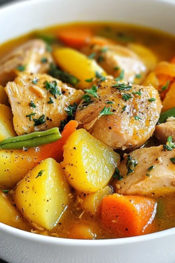 For a hearty slow cooker chicken stew, you need a few key ingredients. Here’s what you’ll need: - 4 boneless, skinless chicken thighs - 4 medium carrots, sliced - 2 medium potatoes, diced - 1 onion, chopped - 2 cloves garlic, minced - 1 cup green beans, trimmed and cut into pieces - 3 cups low-sodium chicken broth - 1 tablespoon olive oil - 2 teaspoons dried thyme - 1 teaspoon paprika - Salt and pepper to taste These ingredients work together to create a warm and filling dish. The chicken thighs make the stew tender. Carrots and potatoes add comfort. The green beans bring color and crunch. You can add more flavors or nutrients to your stew. Here are some optional ingredients: - 1 tablespoon cornstarch (for thickening) - 2 tablespoons fresh parsley, chopped (for garnish) - Celery, chopped (for extra crunch) - Peas (for sweetness) Adding cornstarch thickens the stew, making it heartier. Fresh parsley adds a fresh taste and looks nice on top. Celery and peas give more texture and flavor. If you have dietary needs, you can swap out some ingredients. Here are a few ideas: - Use chicken breast instead of thighs for lower fat. - Replace potatoes with sweet potatoes for added sweetness. - Use vegetable broth for a vegetarian option. These substitutions help you enjoy the stew while meeting your needs. Always consider what flavors you love when making swaps. {{ingredient_image_1}} To start, gather your ingredients. You will need: - 4 boneless, skinless chicken thighs - 4 medium carrots, sliced - 2 medium potatoes, diced - 1 onion, chopped - 2 cloves garlic, minced - 1 cup green beans, trimmed and cut into pieces - 3 cups low-sodium chicken broth - 1 tablespoon olive oil - 2 teaspoons dried thyme - 1 teaspoon paprika - Salt and pepper to taste - 1 tablespoon cornstarch (optional, for thickening) - 2 tablespoons fresh parsley, chopped (for garnish) First, heat the olive oil in a skillet over medium heat. Add chopped onion and minced garlic. Cook until the onion is soft and clear, about 3-4 minutes. This step adds flavor to your stew. Next, transfer the cooked onion and garlic to your slow cooker. Add the chicken thighs, carrots, potatoes, and green beans. Pour in the chicken broth. Sprinkle thyme, paprika, salt, and pepper over everything. Stir gently to mix the ingredients. You can cook the stew in two ways: low and slow or high and quick. If you choose low, set your slow cooker to cook for 6-8 hours. This method lets the flavors blend nicely. If you're in a hurry, set it to high for 3-4 hours. Both methods will give you tender chicken and tasty veggies. After cooking, the chicken should be very tender. Use two forks to shred the chicken right in the pot. This makes it easy to mix in with the stew. If you want a thicker stew, mix cornstarch with a bit of water. Add this slurry to the stew during the last 30 minutes of cooking. Stir it well to avoid lumps. Now, you’re ready to serve your hearty chicken stew. Enjoy it hot and warm, topped with fresh parsley! To make the best chicken stew, start with fresh, high-quality ingredients. Use boneless, skinless chicken thighs for tenderness. Cut carrots and potatoes into even pieces. This helps them cook evenly. Sauté the onion and garlic in olive oil before adding them to the slow cooker. This step builds flavor. Cook on low for a long time. This allows the flavors to blend well. Taste your stew before serving. You may want to add more salt or pepper. If you like a bit of heat, sprinkle in some red pepper flakes. Fresh herbs can also enhance the flavor. Add them near the end of cooking for the best taste. Remember, start with a little seasoning. You can always add more later. Leftovers from your chicken stew can be a great meal. Store any extra stew in an airtight container. It will last in the fridge for up to three days. You can also freeze it for longer storage. When you reheat, add a splash of broth to keep it moist. Leftover stew can become a base for a new dish, like a chicken pot pie. Pro Tips Brown the Chicken: For added depth of flavor, brown the chicken thighs in the skillet before adding them to the slow cooker. This caramelization enhances the overall taste of the stew. Use Fresh Herbs: While dried thyme works well, consider adding fresh herbs like thyme and rosemary towards the end of cooking for a burst of fresh flavor. Customize Vegetables: Feel free to customize the vegetables based on your preference or what you have on hand. Adding bell peppers or peas can add extra color and nutrients. Make it Ahead: This stew can be made ahead of time and stored in the fridge for up to 3 days. Reheat gently on the stove for an easy meal. {{image_2}} You can change the stew by adding more vegetables. Try adding peas, corn, or bell peppers for a twist. Each veggie brings its own flavor and texture. You can also use sweet potatoes instead of regular ones. This change adds a natural sweetness. Don't be afraid to mix and match. Just chop them into similar sizes for even cooking. To switch up the taste, play with herbs and spices. You can add rosemary or oregano for a fresh taste. If you want a kick, toss in some crushed red pepper flakes. For a smoky flavor, use smoked paprika instead of regular paprika. These changes make your stew unique and exciting. Taste as you go to find what you love best. If you prefer a creamy stew, it is easy to make. Near the end of cooking, stir in some heavy cream or coconut milk. This adds richness and smoothness. You can also mix in cream cheese for a thicker texture. If you want it even creamier, use a bit of cornstarch. Mix it with cold water before adding to the stew. This gives it a nice, velvety finish. Enjoy this comforting twist! To store leftover chicken stew, let it cool first. Once cooled, transfer it to an airtight container. Make sure it is sealed tightly. You can keep it in the fridge for up to three days. If you plan to eat it later, freezing is a great option. Freezing chicken stew is easy. Pour the cooled stew into freezer bags or containers. Leave some space at the top for expansion. Seal them well, then label with the date. You can store it in the freezer for up to three months. When reheating chicken stew, use a pot on the stove for best results. Heat it over medium-low heat, stirring often. This helps it warm evenly. If it seems thick, add a splash of broth or water. You can also use a microwave but stir halfway through to heat it evenly. Enjoy your tasty stew again! It takes about 6 to 8 hours on low heat. If you choose high heat, it takes 3 to 4 hours. This long cooking time allows the flavors to blend well and makes the chicken very tender. Yes, you can use frozen chicken in the slow cooker. However, I recommend adding extra cooking time. Make sure the chicken reaches a safe internal temperature of 165°F. This helps keep the stew safe and tasty. Chicken stew pairs well with many sides. You can serve it with crusty bread, rice, or a fresh salad. A slice of warm baguette is perfect for dipping into the stew. These choices add flavor and make the meal heartier. Yes, it is safe to leave your slow cooker on overnight. Just make sure the cooker is on a stable surface and the lid is secure. This way, you can wake up to a warm, delicious meal ready to enjoy. In this article, we explored how to make a delicious slow cooker chicken stew. We covered essential and optional ingredients, along with tips for prep, cooking, and seasoning. You also learned about fun variations and how to store leftovers. Experiment with different flavors to find your favorite. Making this stew can be easy and rewarding. Enjoy sharing this dish with family and friends, knowing it will warm their hearts. Your cooking confidence will grow with each try. Happy cooking!