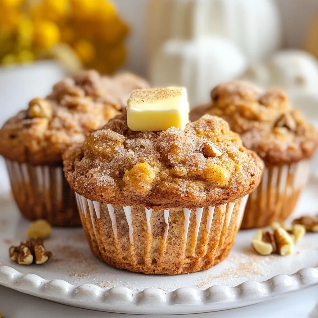 - 1 cup canned pumpkin puree - ½ cup vegetable oil - 1 cup brown sugar, packed - ½ cup granulated sugar - 2 large eggs - 1 teaspoon vanilla extract - 2 cups all-purpose flour - 1 teaspoon baking soda - ½ teaspoon baking powder - 1 teaspoon ground cinnamon - ½ teaspoon ground nutmeg - ¼ teaspoon ground ginger - ¼ teaspoon salt Canned pumpkin puree is the star here. It gives the muffins their lovely orange color. The vegetable oil adds moisture, making every bite soft. I mix brown sugar and granulated sugar for sweetness and depth. Eggs and vanilla bring richness and flavor. The flour and leavening agents help your muffins rise. Baking soda and baking powder work together to create light, fluffy muffins. - 1 cup chopped walnuts or pecans (optional) - ½ cup chocolate chips (optional) If you want to add texture, consider nuts or chocolate chips. Walnuts or pecans add crunch and a nutty taste. Chocolate chips bring sweetness and a fun twist. You can choose one or both! - 1 teaspoon ground cinnamon - ½ teaspoon ground nutmeg - ¼ teaspoon ground ginger Spices are key to great flavor. Ground cinnamon gives warmth and sweetness. Nutmeg adds a hint of nutty depth. Ginger brings a bit of spice to the mix. Fresh spices make a big difference in taste. Always use fresh spices for the best flavor! {{ingredient_image_1}} First, preheat your oven to 350°F (175°C). This ensures even baking. While the oven heats, prepare your muffin tin. You can use paper liners or grease the tin lightly. This step helps prevent sticking and makes cleanup easy. In a large bowl, whisk together 1 cup of pumpkin puree, ½ cup of vegetable oil, 1 cup of brown sugar, and ½ cup of granulated sugar. Mix until the mixture is smooth. Next, add 2 large eggs and 1 teaspoon of vanilla extract. Whisk again until everything combines well. This mixture gives the muffins moisture and flavor. In another bowl, mix 2 cups of all-purpose flour, 1 teaspoon of baking soda, ½ teaspoon of baking powder, and spices. Use 1 teaspoon of ground cinnamon, ½ teaspoon of ground nutmeg, ¼ teaspoon of ground ginger, and ¼ teaspoon of salt. Stir these dry ingredients well. Gradually add this mix to the wet ingredients. Stir gently until just combined. Do not overmix, as this keeps your muffins light and fluffy. If you want to add extra texture, fold in 1 cup of chopped walnuts or pecans and ½ cup of chocolate chips. Then, evenly distribute the batter into your prepared muffin tin. Fill each cup about two-thirds full. Bake in the preheated oven for 18-20 minutes. Check for doneness by inserting a toothpick into the center of a muffin. If it comes out clean, your muffins are ready. Let them cool in the pan for about 5 minutes before transferring them to a wire rack. To get the best texture, do not overmix the batter. When you combine your wet and dry ingredients, stir gently. You want some lumps to remain. Overmixing leads to tough muffins. Make sure your oven is at the right temperature. Preheat to 350°F (175°C) before baking. An oven thermometer helps ensure accuracy. You can add more spices to boost flavor. Consider using allspice or cloves. These spices add warmth and depth. Serve your muffins warm. A pat of butter on top makes them extra tasty. Enjoy with coffee or tea for a perfect pairing. Store muffins in an airtight container. This keeps them fresh for up to three days. When reheating, use the microwave. Heat them for about 10 seconds. This warms them without drying them out. For a crispy top, pop them in the oven for a few minutes. Pro Tips Perfect Pumpkin Purée: Use 100% pure pumpkin purée for the best flavor; avoid pumpkin pie filling as it contains added sugars and spices. Mixing Method: Be careful not to overmix the batter; gently fold in the dry ingredients to keep your muffins light and fluffy. Nutty Additions: Toast your walnuts or pecans before adding them to enhance their flavor and add a delightful crunch to your muffins. Storage Tips: Store your muffins in an airtight container at room temperature for up to 3 days, or freeze them for longer freshness. {{image_2}} You can easily make these muffins gluten-free. Just swap the all-purpose flour with a gluten-free flour blend. Look for blends that contain xanthan gum. This helps mimic the texture of regular flour. You can use one-to-one ratios. This means if the recipe calls for two cups of flour, you use two cups of gluten-free blend. Your muffins will still be soft and tasty. To make these muffins vegan, you need to replace the eggs and dairy. Use flaxseed meal or chia seeds mixed with water as an egg substitute. One tablespoon of flaxseed meal and three tablespoons of water equal one egg. For dairy, use plant-based milk like almond or soy milk. You can also use coconut oil instead of vegetable oil. These swaps keep your muffins moist and flavorful. Want to add a twist? Try mixing in fresh cranberries, apples, or nuts. These ingredients bring a burst of flavor. You can also add spices like cardamom or cloves for a unique taste. Feel free to experiment. Each season brings a new chance to be creative. Enjoy your muffins with a cup of tea or coffee. To keep your muffins fresh for a few days, place them in an airtight container. This helps lock in moisture. You can also wrap them in plastic wrap. Always store them at room temperature. Avoid the fridge, as it can make them dry. If you want, add a slice of bread to help keep them soft. For long-term storage, freezing is your best option. First, let the muffins cool completely. Then, wrap each muffin in plastic wrap. Place them in a freezer bag or container. Remove as much air as you can. They can last up to three months in the freezer. To thaw, simply leave them on the counter for a few hours. You can also heat them in the microwave for about 20-30 seconds. This keeps the texture nice and soft. To check if muffins are still good, look for mold or off smells. Fresh muffins should smell sweet and spicy. If they feel dry or hard, they might not taste good. The best way to enjoy them is when they are fresh. If they pass the smell and feel test, you’re good to go! Classic pumpkin muffins stay fresh for about 3 to 5 days at room temperature. Store them in an airtight container. For longer storage, keep them in the fridge for up to a week. If you want to keep them longer, you can freeze the muffins. They last up to 3 months in the freezer. Just wrap them tightly in plastic wrap and place them in a freezer bag. To enjoy them later, thaw at room temperature or warm them in the microwave for a few seconds. Yes, you can make these muffins ahead of time. They taste great even after a day or two. Bake them, then cool completely before storing. Keep them in an airtight container. If you want to reheat, pop them in the microwave for about 10-15 seconds. You can also toast them lightly in an oven. This brings back that fresh-baked taste and warmth. If you can't find pumpkin puree, you can use other ingredients. Mashed sweet potatoes work well and give a similar flavor. You can also use butternut squash puree. If you want a lighter option, use applesauce. Just keep in mind that different substitutes can change the muffin's taste and texture a bit. Yes, you can use other sweeteners! Maple syrup or honey can replace granulated sugar. Use about ¾ cup of sweetener for every cup of sugar. Coconut sugar is a nice swap for brown sugar. It adds a caramel-like flavor. Just know that these substitutes can change the muffin texture. They might be a bit denser or moister. Experiment to find what you like best! You’ve learned how to make classic pumpkin muffins from scratch. We covered the main ingredients, spices, add-ins, and even variations. I shared tips to achieve the perfect texture and enhance flavor. You can store these muffins for short and long periods, ensuring they stay fresh. Remember, don’t be afraid to make them your own with your favorite flavors. Now, grab your ingredients and start baking delicious muffins that everyone will love! Enjoy your creation!