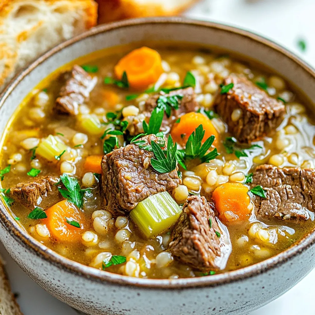 To make this beef barley stew, gather these ingredients: - 1 lb (450g) beef stew meat, cut into 1-inch cubes - 1 cup pearl barley, rinsed - 1 large onion, diced - 3 cloves garlic, minced - 3 medium carrots, sliced - 2 stalks celery, diced - 6 cups beef broth (or vegetable broth for a lighter version) - 1 teaspoon dried thyme - 1 teaspoon dried oregano - 2 bay leaves - 2 tablespoons olive oil - Salt and pepper to taste - Fresh parsley, chopped (for garnish) You can make this recipe your own by swapping ingredients. Here are some ideas: - Beef: Use lamb or chicken for different flavors. - Barley: Quinoa or brown rice works if you want a gluten-free option. - Broth: Homemade broth gives a rich taste, but store-bought is fine too. - Veggies: Add potatoes or peas for extra texture and taste. The quality of your ingredients makes a big difference. Here are some tips: - Beef: Choose meat with good marbling. This gives flavor and tenderness. - Barley: Use pearl barley for a quicker cook time. Avoid hull-less barley, as it takes longer. - Fresh Herbs: Always opt for fresh parsley over dried. It adds brightness to the dish. - Broth: Look for low-sodium broth. You can control the salt better this way. Using fresh, high-quality ingredients will elevate your dish. Enjoy cooking! {{ingredient_image_1}} Start by heating 2 tablespoons of olive oil in a large pot. Use medium-high heat for best results. Season 1 pound of beef stew meat with salt and pepper. Once the oil is hot, add the beef in batches. Sear the meat until it turns brown on all sides. This step adds great flavor. Once browned, remove the beef and set it aside. In the same pot, lower the heat to medium. Add 1 large diced onion and cook it until it softens, about 3 to 4 minutes. Next, add 3 cloves of minced garlic, 3 sliced carrots, and 2 diced celery stalks. Stir well and let them cook for another 4 to 5 minutes. The vegetables should start to soften and release their scents. Now it’s time to bring everything together. Return the browned beef to the pot. Add 1 cup of rinsed pearl barley and pour in 6 cups of beef broth. Sprinkle in 1 teaspoon of dried thyme, 1 teaspoon of dried oregano, and add 2 bay leaves. Stir everything and bring it to a gentle boil. Once boiling, reduce the heat to low and cover the pot. Let it simmer for about 1 hour. Stir occasionally and check if the beef is tender and the barley is cooked. If it needs more time, continue cooking for an extra 15 to 20 minutes. When done, take out the bay leaves and season the stew with more salt and pepper if needed. Serve hot and enjoy! To get tender beef, use good quality stew meat. Cut it into one-inch cubes for even cooking. Sear the meat in batches. Don't crowd the pot. This helps it brown well. Browning adds flavor. After searing, simmer the beef slowly in broth for about one hour. Then check if it’s tender. If not, let it cook a bit longer. Flavor is key in this dish. Start with fresh ingredients, especially the garlic and onions. They create a strong base. Add herbs like thyme and oregano for depth. You can also toss in a splash of red wine for richness. If you want some heat, add a pinch of red pepper flakes. Taste as you go to get it just right. Rinse the pearl barley before cooking. This removes any dust and helps it cook evenly. Add it to the pot with the broth and meat. Barley needs time to soften, so let it simmer at a low heat. Stir occasionally to keep it from sticking. Barley is done when it’s chewy but not mushy. If it absorbs too much liquid, just add more broth. Pro Tips Choose the Right Cut: Using chuck roast or brisket will yield tender and flavorful results, as these cuts break down beautifully during the slow cooking process. Perfect Barley Cooking: Rinse the pearl barley thoroughly before adding it to the pot; this helps remove excess starch and prevents it from becoming gummy. Add Depth of Flavor: For an extra layer of flavor, consider adding a splash of red wine to the pot after sautéing the vegetables, allowing it to reduce before adding the broth. Adjusting Thickness: If you prefer a thicker stew, simply remove the lid during the last 15 minutes of cooking to allow some of the liquid to evaporate. {{image_2}} You can make a lighter version by using vegetable broth. This swap cuts some fat. It also adds a fresh taste. The base flavor still shines through. Just follow the same steps in the recipe. The cooking time stays the same. This version is great for those avoiding red meat. It’s still hearty and filling. Feel free to add more veggies to your stew. This boosts nutrition and flavor. Consider using: - Potatoes, diced - Peas, fresh or frozen - Green beans, chopped - Mushrooms, sliced Just toss them in when you add the carrots and celery. They will cook down nicely. You can adjust the cooking time if you add heartier veggies like potatoes. This makes the stew colorful and fun. You can change the seasonings for new flavors. Try these options: - Cumin for a warm, earthy taste - Paprika for a smoky kick - Bay leaves can be replaced with rosemary Experimenting with spices can change the whole dish. Adjust to your taste and enjoy a new twist on this classic. Remember, small changes can lead to big flavors. After enjoying your beef barley stew, let it cool to room temperature. Transfer the stew into an airtight container. Store it in the fridge for up to three days. Make sure to label the container with the date. This way, you won’t forget when you made it. If you want to enjoy it later, freezing is a great option. To freeze your beef barley stew, first cool it completely. Then, use freezer-safe bags or containers. Leave some space at the top of the container because the stew will expand as it freezes. The stew can stay good for up to three months in the freezer. When you’re ready to eat, thaw it in the fridge overnight. To reheat, you can use the stove or microwave. If using the stove, pour the stew in a pot. Heat it on low, stirring until hot. This helps keep the flavors intact. If you prefer the microwave, place the stew in a microwave-safe bowl. Heat in short bursts, stirring in between. This way, it heats evenly. Always check the temperature before serving. Enjoy your savory delight again! Yes, you can use a slow cooker. First, brown the beef in a pan. Then, add all the ingredients to the slow cooker. Cook on low for 6 to 8 hours or on high for 3 to 4 hours. This method makes the beef super tender and lets the flavors mix well. Check the beef after one hour of cooking. It should break apart easily with a fork. If it is still tough, keep cooking. You may need an extra 15 to 20 minutes. The barley should also be soft and chewy. Beef barley stew pairs well with crusty bread. A simple green salad also works nicely. You can even serve it with mashed potatoes for a hearty meal. Don’t forget to sprinkle some fresh parsley on top for a pop of color and flavor! This article covered everything you need for a delicious Beef Barley Stew. We explored the key ingredients, smart substitutions, and tips for quality. You learned how to prepare and cook each component effectively. Plus, I shared methods for perfect tenderness and flavorful twists. We also discussed storage tips to keep your stew fresh. Remember, you can easily adapt the recipe to fit your taste. Dive in, enjoy cooking, and share this hearty dish with others!