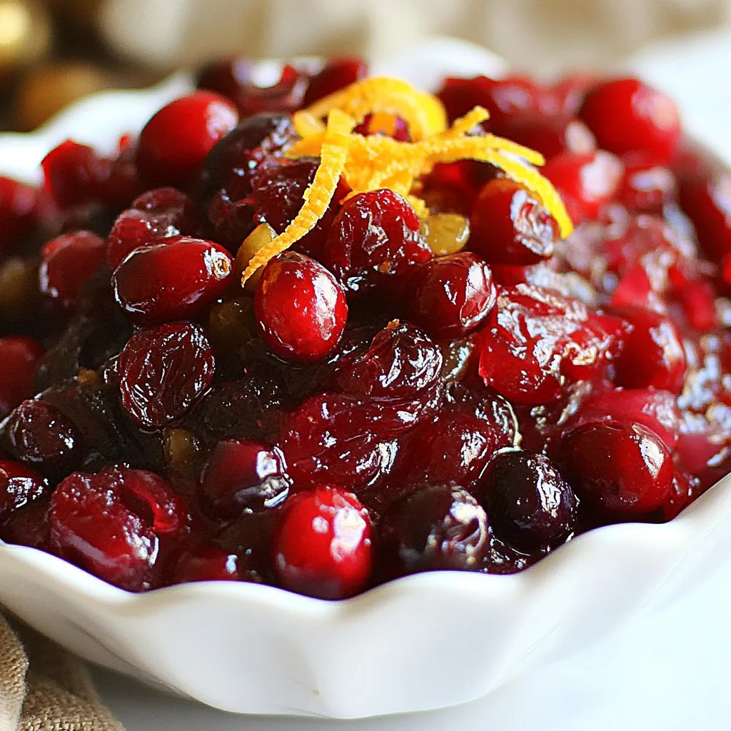 - 12 oz fresh cranberries - 1 cup sugar - ½ cup orange juice - ¼ cup apple cider vinegar - ½ teaspoon ground cinnamon - ¼ teaspoon ground ginger - ¼ teaspoon allspice - 1 small onion, finely chopped - ½ cup raisins - 1 tablespoon freshly grated orange zest - Salt to taste To make this easy cranberry chutney, gather all your ingredients first. Fresh cranberries are key for that bright, tart flavor. The sugar balances the tartness and adds sweetness. Orange juice and apple cider vinegar give it a nice tang. Spices like ground cinnamon, ground ginger, and allspice add warmth. A small onion brings depth and flavor. Raisins add a chewy sweetness, and the orange zest brightens the dish. Finally, salt helps bring all the flavors together. Using these fresh ingredients leads to a chutney that bursts with flavor. This chutney pairs well with many dishes, making it perfect for any table. Enjoy the process of mixing these lovely flavors! {{ingredient_image_1}} - Rinse the cranberries. This helps remove dirt and makes them clean. - Prepare the onion and zest. Chop the onion finely and grate the orange zest. - Dissolve sugar over medium heat. In a medium saucepan, mix sugar, orange juice, apple cider vinegar, ground cinnamon, ground ginger, and allspice. Stir well until the sugar melts. - Add onion and cranberries. Once the sugar dissolves, toss in the chopped onion and cook for 3-4 minutes until soft. Then, stir in the rinsed cranberries and raisins. - Simmer and thicken. Bring the mix to a boil, then lower the heat. Let it simmer for 15-20 minutes. Keep stirring until the cranberries burst and the chutney thickens. - Cool and refrigerate. Once done, take it off the heat. Let it cool to room temperature. It will thicken more as it cools. Transfer to a container and chill for at least 2 hours. Enjoy the melded flavors! You can serve this cranberry chutney in many tasty ways. It pairs well with roasted meats. The sweet and tangy flavor enhances turkey, chicken, or pork. Spread it on sandwiches for a fun twist. Its bright taste lifts any meal. You can easily adjust the sweetness. If you like it sweeter, add more sugar. This will balance the tartness of the cranberries. Adding extra spices can also give depth to the flavor. Try a pinch of cloves or nutmeg for a warm touch. These small changes make a big impact on taste! Pro Tips Freshness Matters: Always use fresh cranberries for the best flavor and texture; frozen cranberries can become mushy when cooked. Adjust the Sweetness: Taste your chutney as it cooks; you can easily adjust the sweetness by adding more sugar or balancing it with additional vinegar. Perfect Pairings: This chutney pairs beautifully with roasted meats like turkey or pork, giving a delightful contrast to savory dishes. Make Ahead: Chutney tastes even better the next day! Make it in advance and store it in the fridge to allow the flavors to develop. {{image_2}} You can change the flavor of your cranberry chutney by adding fruits. Diced apples or pears work well. They add sweetness and texture. You can also try different dried fruits. Raisins add a nice touch, but dried apricots or figs can enhance the taste, too. Each fruit brings its unique flavor, making your chutney special. Spices can transform your chutney! You might try adding cloves or nutmeg for warmth. These spices add depth and complexity. If you want to switch up the citrus, consider using lemon instead of orange. Lemon gives a bright, zesty twist to the chutney. Experimenting with spices and fruits allows you to create a chutney that suits your taste perfectly. To keep your chutney fresh, store it properly. First, let it cool to room temperature. Then, use an airtight container. A glass jar or a plastic container works well. Make sure the lid is tight to keep out air. In the refrigerator, your chutney stays fresh for about two weeks. If you want to keep it longer, freeze it. Pour the chutney into freezer-safe bags or containers. Leave some space at the top, as it will expand when frozen. It can last for up to six months in the freezer. When ready to use, thaw it overnight in the fridge. You will know the chutney is done when it thickens nicely. Look for these signs: - The cranberries should burst and soften. - The mixture should coat the back of a spoon. - It should not run off like liquid. Cook it for 15-20 minutes after boiling. Keep stirring to avoid burning. As it cools, it will thicken more. Yes, you can make cranberry chutney ahead of time. It tastes even better after sitting. Here are some tips: - Make it up to a week in advance. - Store in an airtight container in the fridge. - Let it chill for at least 2 hours before serving. This gives the flavors time to mix well. Yes, you can can this chutney. Follow these guidelines for safe canning: - Use sterilized jars and lids. - Process the jars in a water bath for about 10 minutes. - Make sure to leave ¼ inch of headspace in each jar. Check seals before storing. Proper canning lets you enjoy this chutney for months! This blog post walks you through making a tasty cranberry chutney. You learned the key ingredients, step-by-step instructions, and helpful tips. Remember, you can tweak flavors and even add fruits. This chutney pairs well with meats and sandwiches. Store it right to keep it fresh for a longer time. Enjoy your cooking and have fun making this easy recipe!