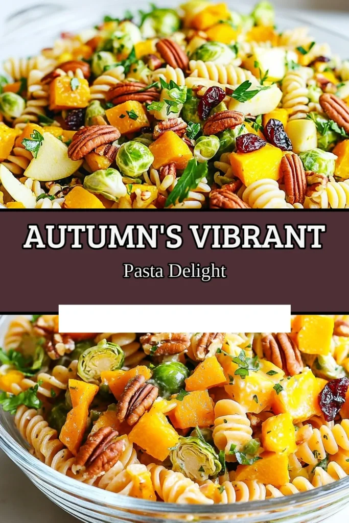 Cozy up this fall with a delicious Fall Harvest Pasta Salad that's bursting with seasonal flavors! This healthy pasta salad features roasted butternut squash and Brussels sprouts, combined with wholesome whole wheat pasta. It's the perfect autumn recipe for gatherings or meal prep. Try this butternut squash salad recipe full of nutrients and taste! Save this recipe and share your fall favorites! #FallPastaSalad #AutumnRecipes #HealthyPastaSalad #ButternutSquashSaladRecipe