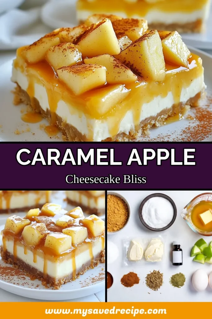 Satisfy your sweet tooth with these delicious Caramel Apple Cheesecake Bars! This easy caramel cheesecake recipe combines creamy cheesecake with juicy apples for the perfect apple dessert bars. Homemade cheesecake bars are ideal for parties or family gatherings. Perfectly baked and drizzled with caramel, they're a treat everyone will love. Try this cheesecake dessert recipe today! Save and share! #CaramelAppleCheesecakeBars #EasyCheesecake #AppleDessertBars #HomemadeDesserts