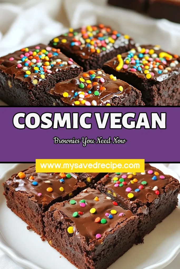Satisfy your sweet tooth with these delectable vegan cosmic brownies! This healthy brownie recipe is not only vegan but also dairy-free and gluten-free, making it perfect for everyone. Made with almond butter, maple syrup, and vegan chocolate chips, these almond butter brownies are fudgy and delicious. Treat yourself to this easy dessert that’s sure to impress. Save this recipe for your next bake! #VeganDessert #HealthyBrownies #GlutenFreeBaking #DairyFreeDelights