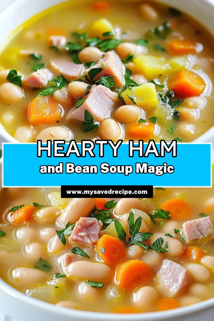 Looking for a comforting and delicious meal? Try this hearty ham and bean soup recipe! Perfect for using up leftover ham, this easy bean soup features navy beans simmered with tender ham, fresh vegetables, and flavorful spices. It's one of the best hearty soup recipes to warm you up on chilly days. Don't miss out—save this recipe and enjoy a bowl of warmth today! #HamAndBeanSoup #HeartySoupRecipes #EasyBeanSoup #LeftoverHamRecipes