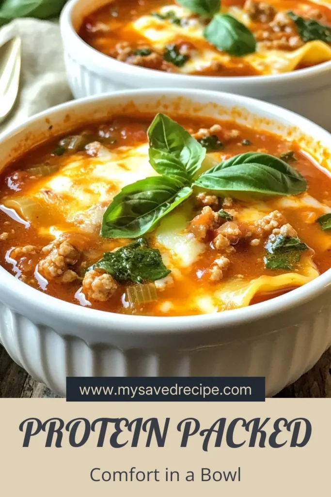 Discover the ultimate comfort food with this Protein-Packed Lasagna Soup! This healthy lasagna soup recipe features ground turkey, making it a delicious low-fat lasagna variant that's perfect for any weeknight dinner. With easy soup recipes like this, you can nourish your body while enjoying rich flavors. Ready in just 30 minutes, it's a must-try! Save this healthy recipe for later. #ProteinLasagnaSoup #TurkeyLasagnaSoup #HealthyRecipes #EasySoupRecipes