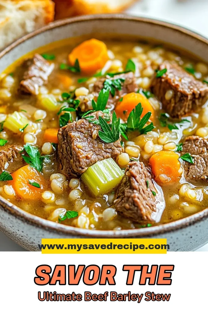 Warm up with this hearty beef barley stew that’s a delicious comfort food stew perfect for any occasion! This easy beef barley soup is a delightful twist on the classic beef barley recipe, featuring tender beef stew with barley, fresh vegetables, and savory herbs. Ideal for cozy family dinners, it's simple to make and packed with flavor. Try this flavorful beef barley delight tonight! Save this recipe and enjoy! #BeefBarleyStew #ComfortFood #EasyRecipes #HeartyMeals