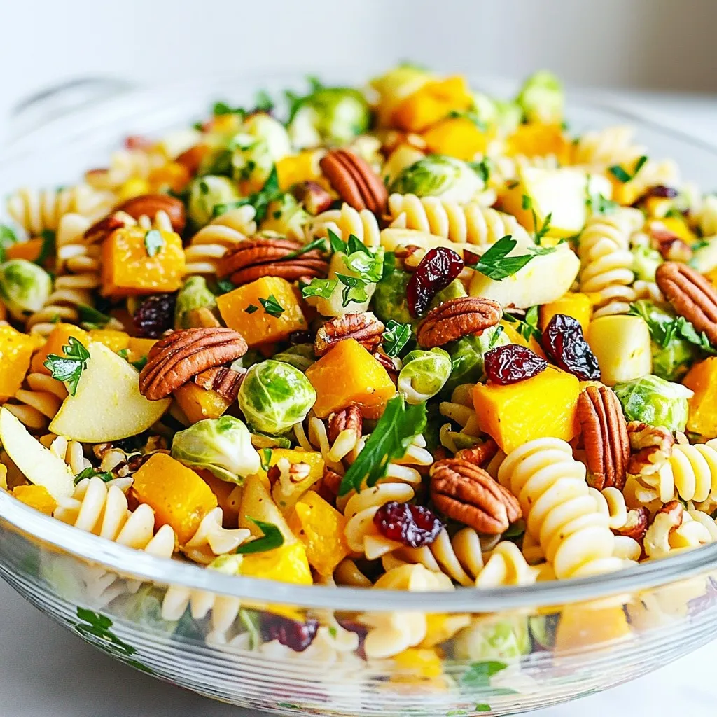 - 2 cups whole wheat rotini pasta - 1 cup butternut squash, peeled and diced - 1 cup Brussels sprouts, trimmed and halved - 1 apple, cored and diced (preferably a sweet variety like Fuji or Honeycrisp) - ½ cup dried cranberries - ½ cup pecans, toasted and roughly chopped - ¼ cup feta cheese, crumbled (optional) - 3 tablespoons olive oil - 2 tablespoons apple cider vinegar - 1 teaspoon Dijon mustard - 1 teaspoon maple syrup - Salt and pepper to taste When I make this Fall Harvest Pasta Salad, I focus on the fresh ingredients. The whole wheat rotini pasta gives a nice texture and helps fill you up. Butternut squash adds sweetness and creaminess when roasted. Brussels sprouts bring a bit of crunch to the dish. For fruits, I prefer Fuji or Honeycrisp apples. They are crisp and sweet. Dried cranberries add a chewy texture and a pop of color. Pecans are a great choice because they add nuttiness and crunch. If you love cheese, sprinkle some feta on top for a creamy finish. The dressing is simple yet flavorful. Olive oil gives richness, while apple cider vinegar adds a tang. Dijon mustard gives a little kick, and maple syrup brings sweetness. You can adjust the salt and pepper to fit your taste. Each ingredient plays a role in making this salad festive and delicious. {{ingredient_image_1}} 1. Preheat your oven to 400°F (200°C). 2. Take a baking sheet and spread it with parchment paper. 3. Cut the butternut squash into small cubes and halve the Brussels sprouts. 4. Place the squash and Brussels sprouts on the baking sheet. 5. Drizzle 1 tablespoon of olive oil over the veggies. 6. Sprinkle salt and pepper to taste. 7. Toss everything to coat well. 8. Roast for 20 to 25 minutes. Stir halfway through to ensure even cooking. 9. Look for a nice caramelization on the veggies when they are done. 1. Boil water in a large pot. 2. Add 2 cups of whole wheat rotini pasta. 3. Cook according to the package directions until al dente. 4. Drain the pasta and rinse it under cold water. This cools it down quickly. 1. In a small bowl, add 2 tablespoons of olive oil. 2. Pour in 2 tablespoons of apple cider vinegar. 3. Add 1 teaspoon of Dijon mustard and 1 teaspoon of maple syrup. 4. Sprinkle in salt and pepper to taste. 5. Whisk everything together until it combines well. 1. In a large bowl, combine the cooled pasta, roasted butternut squash, and Brussels sprouts. 2. Add 1 diced apple, ½ cup of dried cranberries, and ½ cup of chopped pecans. 3. Pour the dressing over the salad. 4. Toss gently to mix all the ingredients. 5. If you like feta cheese, sprinkle ¼ cup of crumbled feta on top. 6. Give it one last gentle toss. 7. Taste and add more salt or pepper if needed. 8. Garnish with fresh chopped parsley before serving. To get tender and caramelized veggies, start with fresh produce. Cut butternut squash and Brussels sprouts into even pieces. This helps them cook evenly. Coat them with olive oil, salt, and pepper. Use a large baking sheet for better airflow. Roast at 400°F. Stir halfway through cooking for even browning. Watch them closely. They should be golden and soft. To prevent overcooking your pasta, use a large pot of boiling water. Add a pinch of salt before adding the pasta. Cook according to package instructions. Set a timer to avoid forgetting it. When done, drain and rinse the pasta with cold water. This stops the cooking process and keeps it firm. You can customize the dressing to match your taste. Start with olive oil, apple cider vinegar, Dijon mustard, and maple syrup. Whisk until smooth. Taste and adjust flavors. If you like it sweeter, add more maple syrup. For a tangier kick, add more vinegar. Always remember to season with salt and pepper. A little tweak can change the whole dish! Pro Tips Roasting Vegetables: For optimal flavor and texture, ensure the butternut squash and Brussels sprouts are cut into uniform sizes. This helps them cook evenly and caramelize beautifully. Pasta Perfection: To prevent the whole wheat rotini from becoming mushy, cook it al dente according to the package instructions. Rinse it under cold water immediately after draining to halt the cooking process. Dressing Variations: Feel free to customize the dressing by adding fresh herbs or spices. A pinch of cinnamon or nutmeg can enhance the fall flavors beautifully. Make-Ahead Tip: This pasta salad can be made ahead of time. Store it in the refrigerator for up to 2 days, but add the nuts and feta just before serving for maximum crunch and freshness. {{image_2}} You can easily swap ingredients in this pasta salad. Try using sweet potatoes instead of butternut squash. They add a creamy texture and a sweet taste. You can also replace Brussels sprouts with roasted carrots or kale. Both options provide a great crunch. For nuts, use walnuts or almonds instead of pecans. These swaps keep the salad fresh and interesting. To enhance flavors, consider adding spices or herbs. Try a pinch of cinnamon for warmth. It pairs well with apples and squash. You can also add fresh thyme or sage for a more aromatic touch. These herbs bring out the essence of fall. A sprinkle of red pepper flakes adds a hint of heat if you like spice. These small changes can elevate the dish. Making this salad vegan is simple. Just skip the feta cheese. Instead, use avocado or a vegan cheese alternative. For a gluten-free version, swap whole wheat rotini for gluten-free pasta. Check labels to find the best option. These changes do not affect the taste but cater to different diets. Enjoy your salad guilt-free! To store leftover pasta salad, place it in an airtight container. This keeps the salad fresh. You can store it in the fridge for up to four days. Make sure to mix it well before serving, as the dressing may settle. Freezing this pasta salad is possible, but it may change the texture. To freeze, use a freezer-safe container. Leave some space for expansion. Thaw it in the fridge overnight before serving. Reheat gently in a skillet or microwave. For best taste, eat the salad within four days if stored in the fridge. If frozen, use it within three months. After that, the flavors may fade. Always check for signs of spoilage before eating. Yes, you can make this salad ahead of time. I recommend prepping it a few hours before serving. This allows the flavors to mix well. If you want the best taste, chill it in the fridge for 30 minutes to 2 hours. Just wait to add the cheese until right before serving. This pasta salad pairs well with many dishes. Here are some ideas: - Grilled chicken or turkey - Roasted vegetables - A fresh green salad - Crusty bread or rolls These sides create a complete meal that feels festive. Yes, you can skip the cheese if you want. For a tasty alternative, try adding avocado or sunflower seeds. You can also use a plant-based cheese for a similar flavor. These options keep the salad creamy and delicious while fitting various diets. This blog post covers a delicious Fall Harvest Pasta Salad with vibrant ingredients like butternut squash, Brussels sprouts, and whole wheat rotini. You’ve learned how to roast vegetables to perfection and mix a tasty dressing. We've also explored tips for customizing your dish to fit any dietary needs. Incorporating these steps will help you create a salad that not only tastes great but is healthy too. Enjoy making this colorful dish and impress your family or friends with your cooking skills!