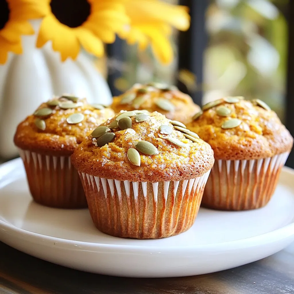 To make these bakery-style pumpkin spice muffins, gather the following ingredients: - 1 ½ cups all-purpose flour - 1 cup canned pumpkin puree - ½ cup granulated sugar - ¼ cup brown sugar, packed - ⅓ cup vegetable oil - 2 large eggs - ½ cup buttermilk - 1 teaspoon vanilla extract - 1 teaspoon baking powder - ½ teaspoon baking soda - 1 teaspoon ground cinnamon - ½ teaspoon ground nutmeg - ½ teaspoon ground ginger - ¼ teaspoon ground cloves - ½ teaspoon salt - ½ cup chopped pecans or walnuts (optional) - ¼ cup pumpkin seeds for topping (optional) Each ingredient plays a key role. The all-purpose flour gives structure, while the canned pumpkin adds moisture and flavor. Sugars create sweetness and help with browning. Vegetable oil keeps the muffins tender. Eggs bind everything together and add richness. Buttermilk makes the muffins fluffy. Vanilla extract enhances the taste. Baking powder and baking soda help the muffins rise. The spices bring that warm, cozy pumpkin spice flavor. Salt balances the sweetness. If you want extra crunch, add nuts or sprinkle pumpkin seeds on top. Enjoy gathering these ingredients; they will make your kitchen smell amazing! {{ingredient_image_1}} Start by preheating your oven to 350°F (175°C). This step is crucial for even baking. While the oven heats, line your muffin tin with paper liners or grease it with some cooking spray. This keeps your muffins from sticking. In a large bowl, add 1 ½ cups of all-purpose flour. Then, add 1 teaspoon of baking powder, ½ teaspoon of baking soda, and ½ teaspoon of salt. Next, add 1 teaspoon of ground cinnamon, ½ teaspoon of ground nutmeg, ½ teaspoon of ground ginger, and ¼ teaspoon of ground cloves. Whisk these dry ingredients well. This helps mix the spices evenly. In another bowl, mix 1 cup of canned pumpkin puree with ½ cup of granulated sugar and ¼ cup of packed brown sugar. Add ⅓ cup of vegetable oil, 2 large eggs, ½ cup of buttermilk, and 1 teaspoon of vanilla extract. Whisk until this mixture is smooth and combined. Now, slowly pour the wet mix into the dry mix. Stir gently until just combined. It’s okay if the batter has some lumps. If you want extra crunch, fold in ½ cup of chopped pecans or walnuts at this stage. This adds flavor and texture. Grab your prepared muffin tin and evenly fill each cup with batter. Aim to fill each one about ⅔ full. If you like, sprinkle some pumpkin seeds on top for an extra touch. This makes the muffins look special. Place the muffin tin in your preheated oven. Bake for 18-20 minutes. To check if they are done, insert a toothpick into the center of a muffin. If it comes out clean, they are ready. Once baked, take the muffins out of the oven. Let them cool in the pan for about 5 minutes. Then, transfer them to a wire rack to cool completely. This helps them stay soft and fluffy. To get the best batter, mix dry and wet ingredients separately. This helps each part blend well. When you combine them, stir gently. Lumps are okay. Overmixing can make muffins tough. Pumpkin spice muffins thrive on flavor. Adjust spices to suit your taste. Add more cinnamon for warmth or more nutmeg for depth. You can even try adding a pinch of allspice or cardamom for a unique twist. For a moist muffin, use buttermilk. It adds richness. You can also add extra pumpkin puree. This keeps the muffins soft and tender. If you like crunch, fold in nuts. They add texture and flavor. You need a few key tools to make these muffins. A mixing bowl is vital for combining ingredients. Use a whisk for smooth mixes. A muffin tin with liners or cooking spray makes for easy baking. Don't forget an oven thermometer to ensure accurate baking temperatures. Pro Tips Use Fresh Spices: Freshly ground spices will enhance the flavor of your muffins, making them more aromatic and delicious. Don’t Overmix: To achieve a light and fluffy texture, mix the batter until just combined. A few lumps are perfectly fine! Check for Doneness: Insert a toothpick into the center of a muffin; it should come out clean. This ensures your muffins are baked perfectly. Cool Before Storing: Allow muffins to cool completely on a wire rack before storing to prevent them from becoming soggy. {{image_2}} You can add chocolate chips to your pumpkin muffins for a tasty treat. Use about 1 cup of semi-sweet chocolate chips. Mix them into the batter before you fill the muffin cups. The sweet chocolate pairs well with the warm spices. You’ll love the bursts of chocolate in every bite. This version is a hit with kids and adults alike! If you need gluten-free muffins, swap the all-purpose flour for a gluten-free blend. Look for a blend that includes xanthan gum. This will help with the texture. Follow the same steps as the original recipe. These muffins are just as fluffy and yummy. They still have all the great flavors of pumpkin spice! To make vegan muffins, replace the eggs and buttermilk. Use flax eggs, made from ground flaxseed and water. For buttermilk, mix plant-based milk with a bit of vinegar. Let it sit for a few minutes to curdle. You can use almond or soy milk. These muffins will be moist and full of flavor. Everyone will enjoy them, whether they are vegan or not! Store your pumpkin spice muffins in an airtight container. This keeps them fresh. You can place them at room temperature for up to three days. If you want to keep them longer, refrigerate them. They last about a week in the fridge. However, the fridge may dry them out a bit. To freeze muffins, let them cool completely first. Wrap each muffin in plastic wrap. Then, place them in a freezer bag. They will stay fresh for about three months in the freezer. When you want one, just take it out and let it thaw at room temperature. To reheat your muffins, use the microwave for about 15 to 20 seconds. This warms them up nicely. You can also use an oven. Preheat the oven to 350°F (175°C) and bake for about 5 to 10 minutes. This helps keep the muffins soft and tasty. Yes, you can use fresh pumpkin. Just cook and puree it. Fresh pumpkin adds a bright flavor. It may also change the muffin's texture. To reduce sweetness, cut back on both sugars. Try using only ½ cup of granulated sugar. You can also use a sugar substitute. Absolutely! Just reduce the baking time. Bake mini muffins for about 10 to 15 minutes. Keep an eye on them to avoid overbaking. You can make a quick substitute. Mix ½ cup of milk with ½ tablespoon of vinegar or lemon juice. Let it sit for 5 minutes before using. These muffins stay fresh for about 3 days at room temperature. For longer storage, place them in the fridge. They can last up to a week in the fridge. We covered all you need to make tasty pumpkin spice muffins. We started with key ingredients, then walked through easy steps. I shared tips for great flavor and texture. We explored fun variations, plus storage and reheating tips. Now, it’s your turn to bake and enjoy! Experiment with flavors and make these muffins your own. Happy baking!
